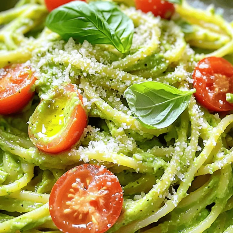 - 2 ripe avocados, pitted and peeled - 2 cloves garlic, minced - 1 cup fresh basil leaves - 2 tablespoons lemon juice - 1 cup vegetable broth - 1/4 cup extra-virgin olive oil - Salt and pepper to taste - 12 ounces pasta of choice (spaghetti, linguine, or penne) - Cherry tomatoes, halved (for garnish) - Grated Parmesan cheese (optional, for serving) You can swap out some ingredients if needed. - Instead of avocados, try ripe cashews for a nutty flavor. - Use garlic powder if you don’t have fresh garlic. - Swap basil with parsley for a different herb taste. - Lime juice works well if you are out of lemon juice. - For broth, use water or any stock you have. - If you want a lighter oil, use canola or sunflower oil. - For a dairy-free option, skip the Parmesan or use nutritional yeast. This dish offers a balance of nutrients. - Each serving contains about 400 calories. - It has healthy fats from avocados and olive oil. - You get fiber from both the pasta and avocados. - The garlic and basil add vitamins and flavor without extra calories. - If you add Parmesan, expect a slight increase in calories and protein. This creamy avocado pasta is a delightful dish that balances taste and health. Enjoy cooking! To start, gather your ingredients. You’ll need ripe avocados, garlic, basil, lemon juice, and vegetable broth. Place the avocados, minced garlic, fresh basil, lemon juice, and vegetable broth into a blender. Blend until smooth and creamy. This step creates a rich sauce. While blending, slowly pour in the olive oil. This adds flavor and richness. Season with salt and pepper to taste. Set this sauce aside for later. Next, grab a large pot and fill it with water. Add a generous amount of salt to the water and bring it to a boil. Once boiling, add your chosen pasta, like spaghetti or penne. Cook the pasta according to the package instructions until it is al dente. This means it should be firm but not hard. Before draining, reserve about 1/2 cup of the pasta water. This water helps adjust the sauce's creaminess later. After draining the pasta, return it to the pot. Now, add the creamy avocado sauce to the pasta. Toss the pasta well, making sure each piece is coated with the sauce. If the sauce seems too thick, add a splash of the reserved pasta water. This will help achieve the perfect creamy texture. Serve your creamy avocado pasta right away. Garnish with halved cherry tomatoes and, if you like, sprinkle some grated Parmesan cheese on top. Enjoy your meal! To make your avocado pasta super creamy, use ripe avocados. Ripe avocados blend smoothly. If your sauce is thick, add a splash of reserved pasta water. This helps mix everything well. You can also add more broth for a lighter texture. Use a high-speed blender for the best results. A food processor works, too, but might need more blending time. Serve the creamy avocado pasta in large, shallow bowls. Top with halved cherry tomatoes for color. Fresh basil leaves add a nice touch. A drizzle of olive oil gives shine and flavor. If you like cheese, sprinkle grated Parmesan on top. This dish pairs well with a light salad or garlic bread. Start with plenty of salted water for boiling. This adds flavor to your pasta. Cook the pasta until it’s al dente. This means it should still have a little bite. Reserve some pasta water before draining. This water helps adjust sauce thickness later. Toss the pasta quickly with the avocado sauce for even coating. Enjoy the creamy flavor right away for the best taste! {{image_2}} If you want a vegan version, skip the Parmesan cheese. The avocado sauce is creamy enough on its own. You can add nutritional yeast for a cheesy flavor without dairy. It gives a nice umami taste that pairs well with the avocado. To make this dish gluten-free, choose gluten-free pasta. Options like brown rice or chickpea pasta work great. They taste good and hold up well in the creamy sauce. Just cook them according to package instructions for the best results. For extra nutrition, consider adding proteins or vegetables. Cooked chicken or shrimp can boost flavor and fill you up. You can also toss in veggies like spinach, peas, or bell peppers. These add color and nutrients. Just sauté them lightly before mixing with the pasta. Store leftover creamy avocado pasta in an airtight container. Make sure it is cool before sealing. This keeps the flavors fresh and prevents drying. It can last in the fridge for up to three days. If you notice browning, just stir it in before serving. To reheat, place the pasta in a pot over low heat. Add a splash of vegetable broth or water to loosen the sauce. Stir gently until heated. You can also use a microwave. Heat in short bursts, stirring in between to prevent hot spots. You can freeze creamy avocado pasta, but the texture may change. To freeze, place the pasta in a freezer-safe bag. Press out as much air as possible before sealing. It can last up to three months in the freezer. Thaw in the fridge before reheating. Add a bit more broth to restore creaminess. Yes, you can make this dish in advance. However, the avocado sauce may brown. To keep it fresh, store the sauce in an airtight container. Add a layer of plastic wrap on top to reduce air exposure. Cook the pasta when you’re ready to serve. Mix the pasta and sauce just before eating. If you want a cheese-free option, try nutritional yeast. It adds a cheesy flavor without dairy. You can also use vegan cheese or a sprinkle of crushed nuts for texture. These options keep the dish tasty and enjoyable for everyone. Absolutely! Adding spices can enhance the flavor of the sauce. Try red pepper flakes for heat, or smoked paprika for depth. Fresh herbs like oregano or thyme work well too. Start with a small amount, then taste and adjust to your liking. This blog post covered how to make a delicious avocado pasta. You learned about the key ingredients and their substitutes, plus their nutrition facts. We shared step-by-step instructions for blending the sauce and cooking the pasta. Tips for creaminess and serving ideas ensured great results. You also found variations for vegan and gluten-free options. Lastly, we discussed how to store leftovers safely. In conclusion, enjoy experimenting with this dish and make it your own.
