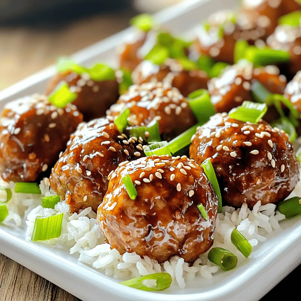 - 1 pound ground chicken or turkey - 1/2 cup panko breadcrumbs - 1/4 cup green onions, finely chopped - 1/4 cup grated carrot - 1 egg, beaten - 2 cloves garlic, minced - 1 teaspoon fresh ginger, grated - Salt and pepper to taste - 1/2 cup teriyaki sauce (low sodium preferred) - 1 tablespoon sesame seeds (for garnish) - 1 tablespoon cooking oil (for frying) - Mixing bowl - Skillet - Measuring cups and spoons The main ingredients for teriyaki glazed meatballs are simple yet packed with flavor. Ground chicken or turkey serves as a lean base. Panko breadcrumbs add a nice crunch. Green onions and grated carrot bring freshness and color. For seasoning, garlic and ginger add warmth and depth. Salt and pepper balance the taste. The star of the show is the teriyaki sauce, which gives the meatballs their sweet and savory glaze. Garnishing with sesame seeds adds a lovely finish. You'll need a mixing bowl to combine the ingredients, a skillet for cooking, and measuring tools for accuracy. These tools make the process easy and fun. Enjoy the cooking adventure! - In a large bowl, combine: - 1 pound ground chicken or turkey - 1/2 cup panko breadcrumbs - 1/4 cup finely chopped green onions - 1/4 cup grated carrot - 1 beaten egg - 2 minced cloves of garlic - 1 teaspoon grated fresh ginger - Salt and pepper to taste Mix everything until well combined. You want a uniform texture for the meatballs. This step is key for flavor and binding. - Preheat a skillet over medium heat. Add 1 tablespoon of cooking oil to the pan. - Using your hands, form the meat mixture into small balls, about 1 inch wide. - Once the skillet is hot, carefully place the meatballs in the pan. Brown the meatballs on all sides. This should take about 5-7 minutes. Make sure to turn them gently. You want a nice golden color on the outside. - After browning, pour 1/2 cup of teriyaki sauce over the meatballs in the skillet. - Reduce the heat to low. Let the meatballs simmer in the sauce for about 10 minutes. This helps them cook through and soak up the flavor. Check that the meatballs are cooked all the way. You can serve them right after simmering for a tasty meal. Mixing the meatball ingredients well is key. Use your hands for a good blend. This helps create a nice texture. Don’t overmix, or the meatballs can become tough. When browning meatballs, heat the oil until it's hot. Place the meatballs in the skillet without crowding. This helps them brown evenly. Turn them gently to get a nice crust. Aim for a golden-brown color, which adds flavor. To make the teriyaki sauce shine, taste as you go. If it’s too sweet, add a splash of soy sauce or vinegar. This balances the flavors well. You can also add extras like pineapple chunks or red pepper flakes. These give a fun twist to the sauce. Try sesame oil for a richer flavor. Garnishing makes the dish look inviting. Use sesame seeds and chopped green onions on top. This adds color and crunch. For serving, place the meatballs on a platter. Drizzle with extra teriyaki sauce for a glossy finish. Pair them with steamed rice or sautéed veggies for a full meal. {{image_2}} You can switch the ground chicken or turkey for beef or pork. These meats add a richer flavor. Just remember to adjust the cooking time. For a vegan option, use lentils or chickpeas. You can mash them and mix with breadcrumbs. This creates a tasty plant-based meatball. You can make a homemade teriyaki sauce with simple ingredients. Mix soy sauce, brown sugar, garlic, and ginger in a pot. Heat until thick. If you like heat, add red pepper flakes or sriracha. This will give your sauce a spicy kick. Feel free to adjust the sweetness and saltiness to your taste. These meatballs shine when served with rice or steamed veggies. You could also serve them on noodles for a fun twist. Another idea is to make mini meatball appetizers. Just use toothpicks and serve with extra teriyaki sauce. This makes a great snack for parties. To store your leftover teriyaki glazed meatballs, let them cool first. Place them in an airtight container. This keeps them fresh. They will last in the fridge for about 3 to 4 days. Always check for any off smells before eating. You can freeze these meatballs for later use. To do this, cool them completely first. Place them in a single layer on a baking sheet. Freeze until solid, then transfer to a freezer bag. This way, they won’t stick together. They can stay in the freezer for up to 3 months. When you want to eat them, thaw in the fridge overnight. Reheat in the oven or skillet until hot. Preparing teriyaki glazed meatballs in advance is smart. You can make a big batch and store them. They work great for quick meals during the week. Pair them with rice or veggies for a fast dinner. Create a weekly meal plan that includes these meatballs. This can save you time and effort. To make teriyaki glazed meatballs, start by mixing ground chicken or turkey with panko breadcrumbs, green onions, grated carrot, beaten egg, minced garlic, grated ginger, salt, and pepper. Form the mixture into small meatballs, about one inch across. Preheat a skillet and add cooking oil. Brown the meatballs on all sides. Pour teriyaki sauce over them and let simmer until cooked through. For the detailed recipe, click [here](#). Yes, you can use different meats! Ground beef or pork works well. You can also try ground lamb for a unique flavor. If you prefer a lighter option, ground turkey or chicken is great too. For a vegan twist, try using lentils or chickpeas. Each meat brings its flavor, so feel free to experiment! Teriyaki glazed meatballs can last in the fridge for about three to four days. Make sure to store them in an airtight container. If you want to enjoy them later, freeze them for up to three months. Always reheat them until they are hot all the way through before serving. Safety first! In this post, we explored making teriyaki glazed meatballs from scratch. We started with key ingredients like ground chicken, panko, and teriyaki sauce. I outlined simple, step-by-step instructions to prepare, cook, and serve your meatballs. You also learned handy tips for perfecting flavors and presentation. Remember, you can switch proteins and sauces for fun variations. Store leftovers properly to enjoy later. With these tips, you can create a delicious meal everyone will love. Happy cooking!