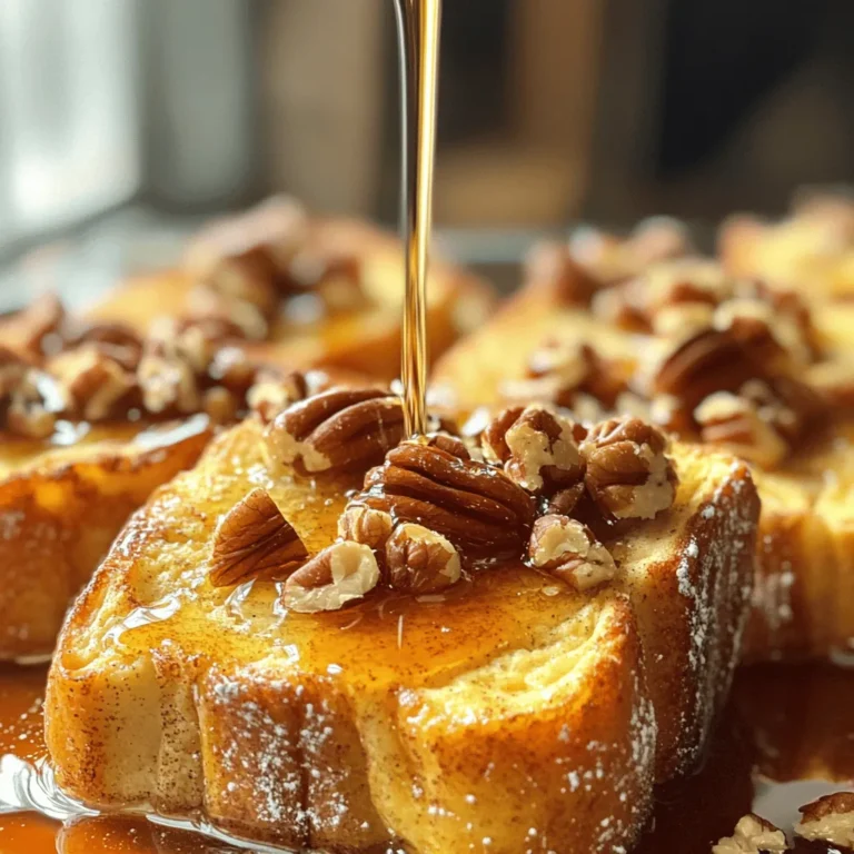 To make Maple Pecan Overnight French Toast, you need some simple and tasty items. Here’s the list of ingredients: - 1 loaf of challah bread, sliced - 4 large eggs - 1 cup whole milk - 1 cup heavy cream - 1/2 cup maple syrup - 1 teaspoon vanilla extract - 1 teaspoon ground cinnamon - 1/4 teaspoon nutmeg - 1 cup pecans, roughly chopped - A pinch of salt Each ingredient plays a key role. The challah bread gives a soft and sweet base. Eggs, milk, and cream create a rich custard. Maple syrup adds a sweet touch. Vanilla extract and spices like cinnamon and nutmeg bring warmth and flavor. Finally, the pecans add a crunchy texture. This mix makes a perfect dish, ready to impress! Start by grabbing a big bowl. In this bowl, whisk together 4 large eggs, 1 cup of whole milk, and 1 cup of heavy cream. Mix them until they blend well. Next, add in 1/2 cup of maple syrup and 1 teaspoon of vanilla extract. These will give your French toast a sweet flavor. Then, sprinkle in 1 teaspoon of ground cinnamon, 1/4 teaspoon of nutmeg, and a pinch of salt. Whisk everything together until it looks smooth. The spices add warmth, making this dish cozy and inviting. Now, take your loaf of challah bread and slice it into thick pieces. Arrange the slices in a greased 9x13 inch baking dish. Overlap them slightly for a nice look. Once the bread is in place, pour the egg mixture evenly over the slices. Make sure each piece gets soaked well. Next, sprinkle 1 cup of roughly chopped pecans on top. Press them gently into the mixture. This step adds a nice crunch and flavor to the dish. Cover your baking dish with plastic wrap and place it in the refrigerator. Let it chill overnight or for at least 4 hours. This helps the bread soak up all the yummy flavors. The next morning, preheat your oven to 350°F (175°C). Take the dish out of the fridge. Let it sit at room temperature for about 15 minutes. This helps it bake evenly. Bake the French toast uncovered for 40 to 45 minutes. Look for a golden-brown top and a set center. Once done, let it cool for a few minutes before slicing. Enjoy this warm, tasty treat! To ensure the best texture for your Maple Pecan Overnight French Toast, follow these tips. First, soak the bread for at least four hours. Overnight soaking gives the bread time to absorb the egg mixture fully. If you can, let it soak for 12 hours. This way, you’ll get a soft, creamy center. When baking, preheat your oven to 350°F (175°C). Bake it uncovered for 40 to 45 minutes. This allows the top to turn golden brown. Keep an eye on it during the last few minutes. You want a crisp top while the inside stays moist. Now, let’s talk about serving. I love to top my French toast with extra maple syrup and whipped cream. Fresh berries also add a burst of flavor and color. You can even sprinkle some powdered sugar on top for a sweet touch. Pair your French toast with a cup of hot coffee or a refreshing glass of orange juice. The flavors mix well and make breakfast feel special. Try different drinks, like hot chocolate or herbal tea, to change things up. Making this dish ahead is easy. If you have leftovers, store them in an airtight container in the fridge. They will last for about three days. To reheat, place pieces in the oven at 350°F (175°C) for 10-15 minutes. You can also microwave them for a faster option. Just cover the French toast with a damp paper towel to keep it moist. Enjoy your delicious breakfast anytime! {{image_2}} You can easily make this dish nut-free. Start by using a different type of bread. You can use brioche or sourdough for a tasty change. These breads soak up the mix well and offer a nice texture. If you want to skip the pecans, simply omit them. You can also use seeds like sunflower seeds for a little crunch. Adding fruits or extracts can boost flavor. Fresh berries or sliced bananas work well in this dish. You can also mix in some vanilla or almond extract for a twist. For seasonal fun, try adding pumpkin spice during fall. It adds warmth and a festive touch to your meal. If you need gluten-free options, choose gluten-free bread. Many brands offer great flavors and textures. For dairy-free substitutions, use almond or oat milk instead of whole milk and cream. You can also replace the eggs with flaxseed meal mixed with water to keep the dish tasty and suitable for everyone. You can keep Maple Pecan Overnight French Toast in the fridge for up to three days. To store it properly, use an airtight container. This helps keep the flavors fresh. If you have leftovers, make sure to cut them into portions. Then, place them in the container. This way, you can grab a piece easily. You can freeze this dish either before or after baking. If you freeze it before baking, cover the dish tightly with plastic wrap. This keeps it from getting freezer burn. When you're ready to bake, thaw it in the fridge overnight and bake as usual. If you choose to freeze it after baking, let it cool completely first. Wrap individual pieces in plastic wrap, then place them in a freezer-safe bag. When you want to enjoy a piece, thaw in the fridge. Reheat in the oven at 350°F (175°C) for about 15-20 minutes. This warms it through perfectly. Yes, you can make this dish ahead of time. In fact, it’s perfect for that! You should prepare it the night before and let it soak in the fridge. This helps the bread absorb all the tasty flavors. Just cover it well with plastic wrap and refrigerate. I recommend using challah bread for this recipe. Its soft texture soaks up the egg mixture well. You can also try brioche or French bread if you want. These types give a rich and fluffy result. To make this dish gluten-free, swap the challah bread for gluten-free bread. There are many good options available now. Just make sure to check the labels for gluten-free certification. The rest of the recipe stays the same. Yes, you can use different nuts if you like. Walnuts and almonds are great choices. Just chop them roughly and sprinkle them on top. They will add a nice crunch and flavor. You’ll know it’s done when the top is golden brown. The center should look set and not jiggly. You can check it with a knife. If it comes out clean, your French toast is ready to enjoy! This blog post covers how to make Maple Pecan Overnight French Toast. You learned about the key ingredients, step-by-step instructions, and helpful tips for success. I shared ways to customize the dish, including nut-free and gluten-free options. Remember to store leftovers properly and to reheat them for best results. This recipe is simple and enjoyable for everyone. It’s a great way to start your day with a delicious meal. Enjoy making this tasty breakfast that your friends and family will love!