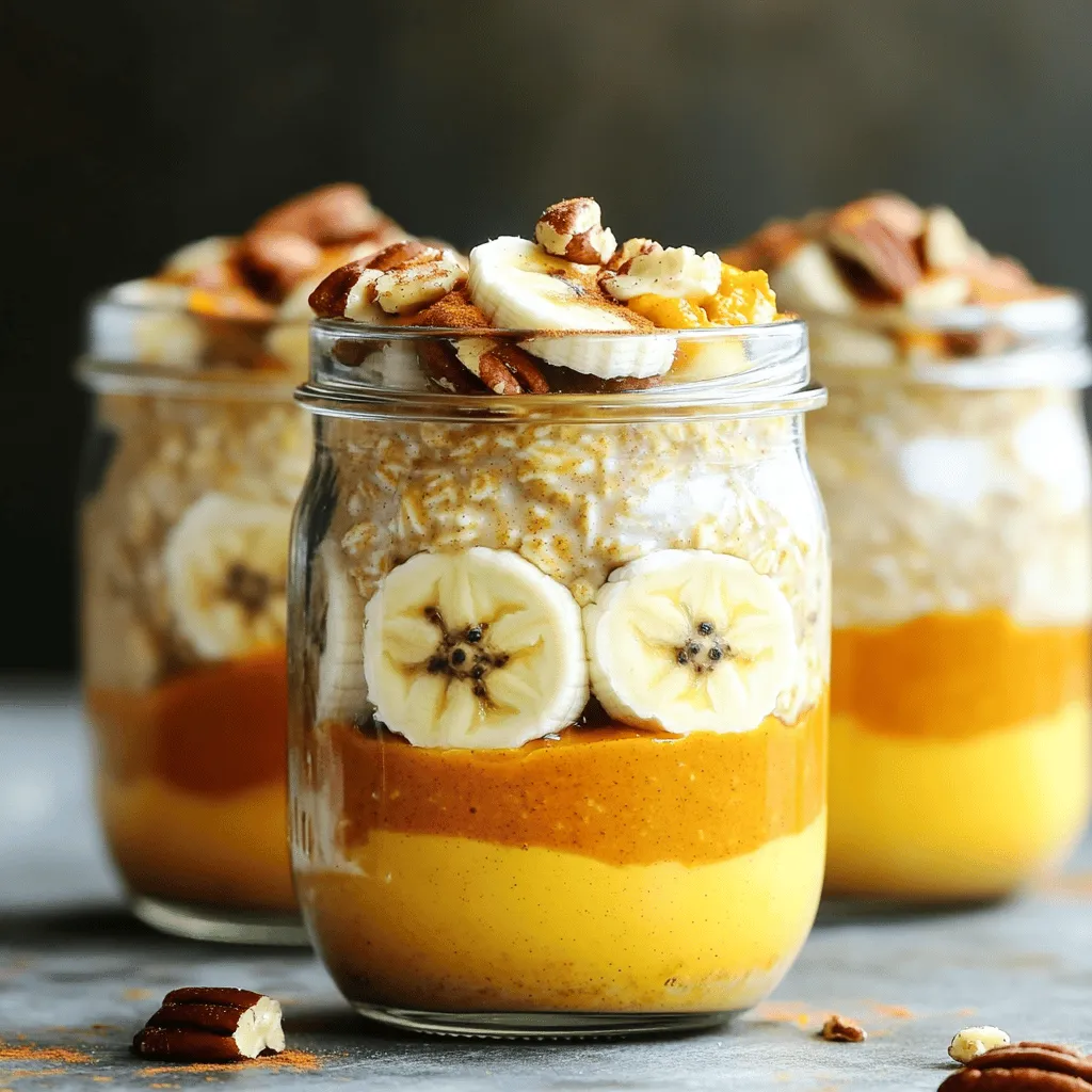 - 1 cup rolled oats - 1 cup almond milk (or any milk of choice) - 1/2 cup canned pumpkin puree For the base of your pumpkin spice overnight oats, start with rolled oats. They soak in the milk well and create a nice texture. Next, pour in almond milk or any milk you like. Almond milk is light and creamy, but feel free to use cow's milk, oat milk, or soy milk if you prefer. Then, add canned pumpkin puree. This brings warm flavor and a beautiful color to your oats. - 1 tablespoon maple syrup (adjust for sweetness) - 1/2 teaspoon pumpkin pie spice - 1/4 teaspoon vanilla extract To make your oats taste amazing, mix in maple syrup. This sweetener can be adjusted based on how sweet you want it. Next, add pumpkin pie spice. It gives a cozy flavor that works well with pumpkin. Finally, pour in vanilla extract for a little extra depth. - Chopped pecans - Sliced banana - Coconut flakes - Greek yogurt You can make your oats even better by adding toppings. Chopped pecans give a nice crunch. Sliced banana adds sweetness and creaminess. Coconut flakes add a tropical touch. If you want more protein, a dollop of Greek yogurt works great too. Mix and match these toppings to make your oats perfect for you! 1. In a medium bowl, combine 1 cup rolled oats and 1 cup almond milk. Stir them well until mixed. This step is key for soft oats. 2. Next, add 1/2 cup canned pumpkin puree, 1 tablespoon maple syrup, 1/2 teaspoon pumpkin pie spice, 1/4 teaspoon vanilla extract, and a pinch of salt. Stir until everything is smooth. You want all the flavors to blend nicely. 1. Now, divide the mixture into two jars or airtight containers. This helps with portion control and makes it easy to grab in the morning. 2. Seal the jars and place them in the fridge overnight. This allows the oats to soak up the flavors and liquid. You can also do this for at least four hours if you are in a hurry. 1. In the morning, give your oats a good stir. If they are too thick, add a splash more almond milk. This makes them creamy and easy to eat. 2. Top with your favorite ingredients. Try chopped pecans for crunch, sliced banana for sweetness, or coconut flakes for texture. These toppings can make your oats even more delicious! Enjoy your Pumpkin Spice Overnight Oats cold or warm. They are a great breakfast that you can prepare in advance! To adjust sweetness, start with one tablespoon of maple syrup. Taste and add more if you like it sweeter. For spice, use half a teaspoon of pumpkin pie spice. If you want a bolder flavor, add a pinch more. The right consistency is key. If your oats are too thick in the morning, add a splash of milk. Stir well until creamy. You want it to be smooth, not runny. Using clear jars makes your oats look great. You can see the colors and layers. It adds to the fun of eating. For toppings, get creative! Try chopped pecans for crunch. Sliced banana adds sweetness. You can also use coconut flakes for a tropical twist. Greek yogurt gives a creamy finish. Overnight oats have many nutritional benefits. They are high in fiber, which helps digestion. They also keep you full longer. This helps with weight management. Pumpkin is packed with vitamins. It is high in vitamin A, which is good for your eyes. The spices in this recipe can boost your metabolism and add flavor without extra calories. {{image_2}} You can switch up the spices to create new flavors. Instead of pumpkin pie spice, try using cinnamon and nutmeg. You can also mix in a little ginger for a spicy kick. If you want a sweeter taste, consider adding vanilla or almond extract. For sweeteners, maple syrup is great, but honey or agave syrup also works well. Each sweetener gives a slightly different flavor, so feel free to experiment. Adjust the amount based on your taste. If you follow a plant-based diet, use almond milk or oat milk. These options keep the oats creamy without dairy. You can also use coconut milk for a richer taste. For gluten-free oats, make sure to choose certified gluten-free rolled oats. This way, you can enjoy your oats without worry. Check the labels to ensure they meet your needs. Adding seasonal fruits can enhance your oats. In the fall, diced apples or pears taste amazing. You can also mix in some chopped walnuts or pecans for extra crunch. During the holidays, try adding a splash of eggnog or some dried cranberries. These twists can make your oats festive and fun. Top with a sprinkle of cinnamon for a holiday touch. To keep your pumpkin spice overnight oats fresh, use airtight containers. Glass jars work well since they let you see the layers. You can also use plastic containers. Just make sure they seal tightly. Keeping them cold is key to maintaining flavor and quality. You can store these oats in the fridge for up to five days. If you want to keep them longer, try freezing them. Use freezer-safe jars or bags for freezing. Just remember to leave room for expansion. They can last a month in the freezer, but the texture may change a bit. If you prefer warm oats, the best way to reheat them is in the microwave. Start with one minute on high. If they need more heat, check every 15 seconds. Stir well to keep the texture smooth. If they seem too thick after heating, add a splash of milk to loosen them up. Enjoy them warm or cold, depending on your mood! I recommend using rolled oats for overnight oats. They soak up liquid well. They stay soft and chewy, making them perfect for this recipe. Quick oats can work too, but they may turn mushy. Steel-cut oats do not work well. They stay too hard unless cooked first. Yes, you can use any milk you like! Almond milk is my favorite, but try soy, oat, or regular cow's milk. Each type adds its own flavor. Just pick one that you enjoy. If you want a creamier texture, use whole milk or coconut milk. Overnight oats can last in the fridge for up to five days. Store them in airtight containers. Check for any odd smells or changes in texture before eating. If they look fine, they should be safe to enjoy. Absolutely! This recipe is vegan-friendly as long as you use plant-based milk and maple syrup. Both ingredients are naturally vegan. You can skip the yogurt or use a dairy-free version for toppings. Toppings can make your oats even better! Here are some tasty options: - Chopped pecans for crunch - Sliced banana for sweetness - Coconut flakes for texture - A dollop of Greek yogurt for creaminess Feel free to mix and match your favorites! Enjoy your delicious pumpkin spice overnight oats! This blog post covered how to make delicious pumpkin spice overnight oats. We started with essential ingredients like oats, almond milk, and pumpkin puree. Then, we mixed in flavor enhancers and added optional toppings. Each step guided you from preparation to serving. Remember, these oats are healthy, tasty, and easy to customize. Whether you add fruits, nuts, or spices, there is a version for everyone. Enjoy your delicious and nutritious breakfast any day!