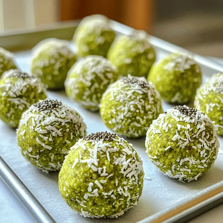 For these tasty Matcha Vanilla Energy Balls, you will need: - 1 cup rolled oats - 1/2 cup almond butter - 1/4 cup honey or maple syrup - 2 tablespoons matcha powder - 1 teaspoon vanilla extract - 1/4 cup chia seeds - 1/2 cup shredded coconut (unsweetened) - Pinch of sea salt Here are some simple equivalents for your ingredients: - 1 cup equals 8 fluid ounces. - 1/2 cup is 4 fluid ounces. - 1/4 cup equals 2 fluid ounces. - 2 tablespoons equal 1 ounce. - 1 teaspoon is about 5 milliliters. These measurements help keep your energy balls consistent in taste and texture. Using high-quality ingredients makes a big difference. Here are some tips: - Organic matcha: Choose organic matcha for the best flavor and health benefits. It has a rich green color and strong taste. - Unsweetened coconut: Look for unsweetened shredded coconut. It adds texture without extra sugar. - Natural sweeteners: Honey or maple syrup should be pure. Avoid brands with added sugars or fillers. - Fresh chia seeds: Check for freshness to ensure they pack a nutritious punch. Using quality ingredients makes these energy balls not just tasty but also good for you. First, grab a mixing bowl. Add 1 cup of rolled oats. Then, include 2 tablespoons of matcha powder. Next, toss in 1/4 cup of chia seeds. Finally, add 1/2 cup of unsweetened shredded coconut. Use a spoon to mix everything until it looks well combined. This mix packs a punch of flavor and nutrients. In a second bowl, take 1/2 cup of almond butter. Add 1/4 cup of honey or maple syrup. Then, pour in 1 teaspoon of vanilla extract. Use a whisk to blend these ingredients until they create a smooth mixture. This step adds sweetness and creaminess to your energy balls. Now, pour the wet mixture into the dry mixture. Don't forget to add a pinch of sea salt for flavor. Stir it all together until it is evenly mixed. Once combined, put the mixture in the fridge for about 30 minutes. This helps it firm up. After chilling, use your hands to roll the mixture into small balls, about 1 inch wide. Place the energy balls on a parchment-lined tray. Freeze them for 15 to 20 minutes to set. After they harden, transfer them to an airtight container. Enjoy them as a quick snack or a boost before your workout! To get the right texture for your Matcha Vanilla Energy Balls, follow these tips. First, make sure to mix the dry and wet ingredients well. This helps evenly distribute the almond butter and honey, making your mixture sticky. If the mix feels too dry, add a little more almond butter or honey. If it’s too wet, add a few more oats or chia seeds. Aim for a thick, moldable dough. Chilling the mixture is key to forming the energy balls. I recommend chilling it for at least 30 minutes. This step helps the mixture firm up. If you have time, chilling for an hour works even better. After you roll the balls, freezing them for 15 to 20 minutes helps them hold their shape. Proper chilling makes them easier to eat and enjoyable! Using the right tools makes the process smoother. Here’s what I suggest: - Mixing bowls: Have two on hand for wet and dry ingredients. - Whisk: Use one to mix the wet ingredients smoothly. - Spoon or spatula: Perfect for combining everything. - Parchment paper: Line your tray to prevent sticking. - Measuring cups: These ensure your ratios are just right. With these tools, you can whip up your energy balls in no time! {{image_2}} You can easily change the flavor of your Matcha Vanilla Energy Balls. Adding nuts gives a nice crunch. Try walnuts, almonds, or pecans. You can also mix in dried fruits like cranberries, apricots, or raisins. These fruits add a sweet touch and extra nutrients. Just chop them up small before mixing in. This makes every bite exciting! If you have allergies, don't worry! You can swap ingredients to fit your needs. If you're allergic to nuts, use sunflower seed butter instead of almond butter. For a gluten-free option, make sure your oats are certified gluten-free. If you can’t have honey, try agave syrup or maple syrup. These swaps keep the energy balls tasty and safe. Seasonal changes can make your energy balls even better. In the fall, add a pinch of cinnamon or nutmeg for warmth. In winter, try adding a touch of ginger for a spicy kick. In spring, mix in fresh lemon zest for a bright flavor. These spices not only taste great, but they also bring new life to your snack! To keep your Matcha Vanilla Energy Balls fresh, store them in an airtight container. Use glass or plastic containers with a tight seal. Keep them in the fridge for the best taste and texture. This helps keep them from drying out. If you want to pack them for a snack, use small bags or containers. When stored in the fridge, these energy balls last about one week. You can also freeze them for longer storage. Place them in a single layer on a tray first. After they freeze, transfer them to an airtight container. They can last up to three months in the freezer. Just thaw them in the fridge before eating. Check your energy balls for any signs of spoilage. If they smell off or look dry, it's best to toss them. Fresh energy balls should feel firm yet soft. If they start to sweat or change color, they may not be safe to eat. Always trust your senses to decide if they are still good. Matcha is a special type of green tea. It comes from finely ground tea leaves. This bright green powder has many health benefits. It is rich in antioxidants, which help protect our cells. Matcha also boosts energy and focus without the jitters. It can improve heart health and aid in weight loss. Plus, matcha contains L-theanine, which helps keep you calm. Adding matcha to your diet can make your snacks even healthier. Yes, you can use different nut butters. Peanut butter or cashew butter works well too. Each nut butter adds its own flavor. Almond butter is creamy and mild, while peanut butter is richer. If you have nut allergies, try sunflower seed butter. It still gives a nice texture and taste. Just remember to use the same amount as the almond butter in the recipe. You can store Matcha Vanilla Energy Balls for a week in the fridge. Keep them in an airtight container. For longer storage, freeze them for up to three months. They will still taste great after freezing. Just thaw them in the fridge before enjoying. Make sure to check for any changes in smell or texture. This way, you will always have a tasty snack ready! We covered the main ingredients and detailed how to mix them for Matcha Vanilla Energy Balls. I shared tips for getting the perfect texture and storage advice to keep them fresh. Don't forget, you can play with flavors or make swaps for allergies. These energy balls are not just easy; they’re healthy too. Enjoy making them your own and keeping your snacks tasty and nutritious. You'll love having a quick, healthy treat on hand!