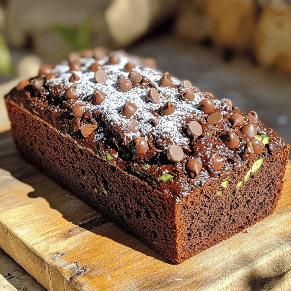 - 1 cup grated zucchini (about 1 medium zucchini) - 1 cup all-purpose flour - ½ cup unsweetened cocoa powder - 1 teaspoon baking soda - ½ teaspoon baking powder - ¼ teaspoon salt - ½ cup granulated sugar - ½ cup brown sugar, packed - 2 large eggs - ½ cup vegetable oil - 1 teaspoon vanilla extract - 1 cup semi-sweet chocolate chips - Optional: ¼ cup chopped walnuts or pecans To create the best double chocolate zucchini bread, you need fresh ingredients. Start with one medium zucchini. Grate it finely. This zucchini gives moisture and helps the bread stay soft. Make sure to measure it after grating. Next, gather your dry ingredients. You will need all-purpose flour, unsweetened cocoa powder, baking soda, baking powder, and salt. These ingredients mix to give the bread its rich flavor and texture. For sweetness, use both granulated sugar and packed brown sugar. The brown sugar adds a nice depth to the taste. Now for the wet ingredients. You will need two large eggs, vegetable oil, and vanilla extract. The eggs add structure while the oil keeps it moist. Don’t forget the vanilla; it enhances the overall flavor. Finally, the best part: the add-ins! Use semi-sweet chocolate chips for extra chocolatey goodness. If you like a bit of crunch, add chopped walnuts or pecans. They give a lovely texture and nutty flavor. With all these ingredients ready, you are set to make a delicious double chocolate zucchini bread! First, you need to preheat your oven to 350°F (175°C). This step helps your bread bake evenly. Next, take a 9x5 inch loaf pan. You can either grease it with some oil or line it with parchment paper. This will stop the bread from sticking. In a medium bowl, combine the dry ingredients. You will need 1 cup of all-purpose flour, ½ cup of unsweetened cocoa powder, 1 teaspoon of baking soda, ½ teaspoon of baking powder, and ¼ teaspoon of salt. Whisk them together until they blend well. Set this mixture aside for later. Now, grab a large mixing bowl. Add ½ cup of granulated sugar, ½ cup of brown sugar, 2 large eggs, ½ cup of vegetable oil, and 1 teaspoon of vanilla extract. Mix these ingredients until they are smooth and well combined. This mixture adds moisture and sweetness to your bread. Take your dry mixture and slowly add it to the wet ingredients. Mix gently until everything just comes together. Do not overmix, as this can make the bread tough. Then, fold in 1 cup of grated zucchini and 1 cup of semi-sweet chocolate chips. If you like, you can also add ¼ cup of chopped walnuts or pecans for a little crunch. Pour the batter into your prepared loaf pan. Smooth the top with a spatula. Now, place it in the preheated oven. Bake for about 50 to 60 minutes. To check if it’s done, use a toothpick. Insert it in the center; it should come out clean when the bread is ready. After baking, let it cool in the pan for about 10 minutes before moving it to a wire rack. To keep your bread moist, do not overmix the batter. Overmixing leads to dense bread. Mix just until combined. This keeps the bread light and fluffy. Incorporating zucchini correctly is key. Grate the zucchini finely. Squeeze out excess liquid using a clean cloth. This helps keep the batter balanced. Fold the zucchini in gently. This way, you distribute it without losing air in the mix. Slice the bread only after it has cooled completely. This helps maintain its shape. Serve the slices on a wooden board for a rustic appeal. You can dust the top with powdered sugar for a sweet finish. For extra indulgence, add a dollop of whipped cream. Placing a few chocolate chips on top adds a nice touch. You can switch up your chocolate types. Use dark chocolate chips for a richer taste. Milk chocolate gives a sweeter flavor. Both work well in this recipe. If you need gluten-free options, try almond flour instead of all-purpose flour. For a vegan version, replace eggs with mashed bananas or flaxseed meal. Adjust your baking time as needed for the best results. {{image_2}} You can change the taste of the Double Chocolate Zucchini Bread easily. Adding spices like cinnamon or nutmeg can give it a warm flavor. Just a teaspoon of either can change everything. You can also add different nuts or dried fruits. Chopped walnuts or pecans add crunch. Dried cherries or raisins bring sweetness. Experiment with what you like! Chocolate is key in this recipe. You can choose between milk chocolate and dark chocolate. Milk chocolate makes the bread sweeter, while dark chocolate adds richness. You can even swap cocoa powder for chocolate syrup. This makes the bread extra moist. Just use less sugar if you do this! If you want a healthier version, you can reduce the sugar. Try using half the amount of granulated sugar. Another great option is using applesauce or yogurt instead of some oil. Both add moisture without extra fat. This keeps the bread soft and delicious. You can enjoy a treat that feels a bit lighter! To keep your Double Chocolate Zucchini Bread fresh, you have a few easy options: - Room temperature storage: Wrap the bread in plastic wrap or foil. Place it in a cool, dry spot. This keeps the bread moist. It lasts about 2-3 days at room temperature. - Refrigeration and freezing options: If you want it to last longer, store the bread in the fridge. It can stay fresh for a week. For even longer storage, freeze it. Slice the bread first, then wrap each slice tightly in plastic wrap, followed by foil. It will stay tasty for up to 3 months in the freezer. To enjoy the best flavor, follow these tips: - When to wrap or cover: Wrap the bread only after it has cooled completely. This prevents sogginess and keeps the texture just right. - Shelf life details for optimal taste: For the best taste, eat the bread within 2-3 days if stored at room temperature. If you refrigerate it, enjoy it within a week. If frozen, thaw it overnight in the fridge for the best results. Yes, you can use frozen zucchini. First, thaw it completely. Then, drain any excess water. Measure one cup of the grated zucchini after draining. This step helps keep your bread from becoming too wet. Look for a few signs. The bread should have a nice dome shape. The edges may pull away from the pan slightly. Use a toothpick. Insert it into the center. If it comes out clean or with a few crumbs, your bread is ready. Yes, you can use mini loaf pans. Adjust the baking time to 25-30 minutes. Check for doneness with a toothpick, just like with the larger loaf. This way, you can enjoy smaller portions. You can replace eggs with several options. Use 1/4 cup unsweetened applesauce for each egg. Another option is 1/4 cup mashed banana. For a vegan choice, mix 1 tablespoon ground flaxseed with 2.5 tablespoons water. Let it sit until it thickens. Double Chocolate Zucchini Bread is easy and fun to make. We covered the ingredients, step-by-step instructions, and useful tips. Remember to mix well but not too much. You can try new flavors or healthy swaps too. For storage, keep it fresh at room temperature or freeze it for later. Enjoy your tasty treat with confidence, knowing you made something delightful and nutritious. Happy baking!
