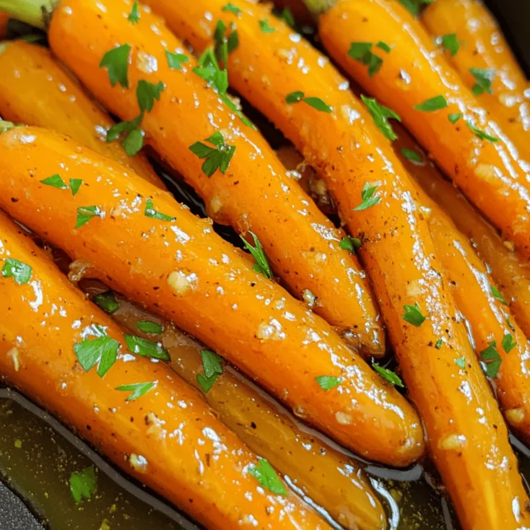To make honey garlic glazed carrots, you need a few simple items. Here’s what you will use: - 1 lb baby carrots, peeled - 3 tablespoons honey - 2 tablespoons unsalted butter - 2 cloves garlic, minced - 1 tablespoon soy sauce - Salt, to taste - Freshly ground black pepper, to taste - 1 tablespoon fresh parsley, chopped (for garnish) These ingredients blend together to create a sweet and savory dish. The baby carrots shine in this recipe. Their natural sweetness pairs well with the honey and garlic. Using unsalted butter gives you control over the saltiness. Garlic adds a rich flavor that really brings the dish alive. The soy sauce adds depth and umami, making the glaze irresistible. When choosing honey, opt for raw or local varieties for the best flavor. Fresh parsley not only adds color but also a burst of freshness. You will enjoy how these ingredients come together to make a tasty side dish! - Wash and peel the baby carrots. - If you use larger carrots, slice them into even-sized sticks. - First, melt the butter in a large skillet over medium heat. - Add minced garlic to the melted butter and sauté for about 1 minute. You want it fragrant but not browned. - Next, add the peeled carrots to the skillet. Stir them to coat in the garlic butter. Cook for about 5 minutes, stirring occasionally. - In a small bowl, mix honey and soy sauce. Pour this mixture over the carrots and stir well. - Continue cooking the carrots for another 10 to 12 minutes. Stir them often until they're tender and glazed. If the glaze gets too thick, just add a splash of water to loosen it. - Season with salt and freshly ground black pepper to taste. - Remove from heat and transfer the glazed carrots to a serving dish. Sprinkle with chopped parsley for a pop of color. To get the best glaze on your carrots, focus on the timing. Cook the carrots until they are tender but not mushy. This usually takes about 10 to 12 minutes after adding the honey mixture. Stir often to coat them well in the glaze. Stirring is key during cooking. It ensures the carrots cook evenly and soak up the flavors. If the glaze thickens too much, just add a splash of water. This keeps the carrots moist and flavorful. You can elevate the taste with a few simple changes. Consider adding fresh herbs like thyme or rosemary for a new twist. A pinch of ginger or red pepper flakes can add a nice kick. If you want a different sweet flavor, try maple syrup or agave nectar instead of honey. This gives the dish a unique taste while keeping it just as delicious. {{image_2}} You can make honey garlic glazed carrots even tastier. Adding spices like ginger gives a warm kick. A pinch of cinnamon can add sweetness and depth. Try mixing in other veggies, too. Broccoli or green beans work well. Just cut them small so they cook with the carrots. This way, you create a colorful and healthy dish. If you want this dish vegan, swap out the butter for olive oil. It still tastes great! To make it gluten-free, choose a gluten-free soy sauce. You can also change the sweetness. If you like it less sweet, reduce the honey. You can even try maple syrup for a different flavor. These simple changes make the dish fit your needs while keeping it delicious. To store leftover honey garlic glazed carrots, place them in an airtight container. This keeps the carrots fresh. Make sure to cool them before sealing. Store the container in the fridge. They will last for about three to five days. When you're ready to eat them, simply reheat in a skillet or microwave until warm. If you want to freeze glazed carrots, first let them cool completely. Then, spread them on a baking sheet in a single layer. This prevents them from sticking together. Freeze for a few hours, then transfer to a freezer bag. Remove as much air as possible to avoid freezer burn. These glazed carrots can last for up to three months. When you're ready to enjoy them, thaw in the fridge overnight and reheat gently. You can serve honey garlic glazed carrots with many dishes. They pair well with roasted chicken, grilled fish, or pork chops. They also make a great side for a veggie burger. Try them with rice or quinoa for a wholesome meal. These carrots add color and flavor to any plate. Yes, you can make this recipe in advance. Cook the carrots and let them cool. Then, store them in an airtight container in the fridge. When you are ready to eat, just reheat them on the stove. You might want to add a little water to help with the glaze. Check the carrots for tenderness. They should be soft enough to pierce with a fork. If you want them more tender, cook them a few minutes longer. Keep stirring to ensure they glaze evenly. The carrots will shine and have a nice color when they are ready. This blog post walked you through making honey garlic glazed carrots. It covered required ingredients, step-by-step prep, and tips for cooking. You learned how to customize flavors and store leftovers. These carrots can be a star side dish for any meal. With a few simple steps, you can create a tasty dish that everyone will love. Enjoy experimenting with this recipe and make it your own!