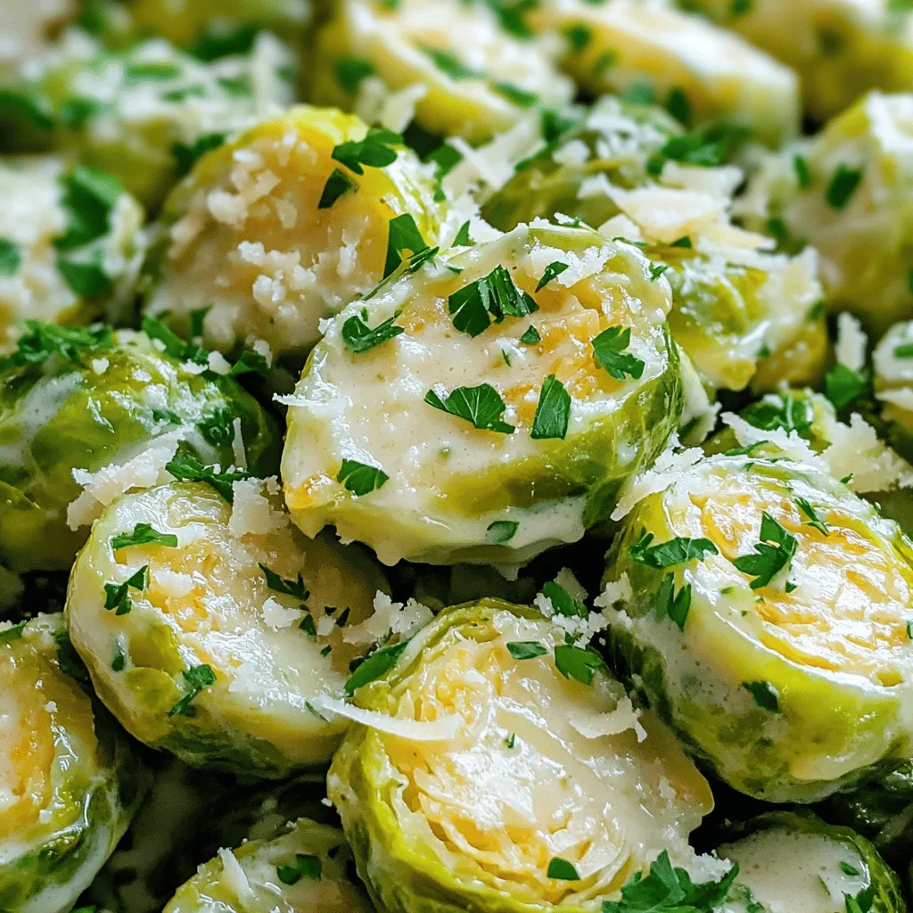 - 1 pound Brussels sprouts, halved - 2 tablespoons olive oil - 4 cloves garlic, minced - 1 cup heavy cream - 1 cup grated Parmesan cheese - 1 teaspoon onion powder - 1 teaspoon garlic powder - Salt and pepper to taste - Fresh parsley, chopped for garnish You need fresh Brussels sprouts for this dish. Look for bright green, firm sprouts. The olive oil adds a nice flavor and helps roast the sprouts. I love using garlic because it gives a strong taste that pairs well with the cream. Heavy cream makes this dish rich and smooth. Parmesan cheese adds a salty, nutty flavor. Onion powder and garlic powder boost the taste. Salt and pepper balance everything out. Finally, fresh parsley makes the dish look bright and fresh. It also adds a hint of flavor that makes it special. Gather these ingredients, and let’s make something delicious! First, you need to preheat your oven to 400°F (200°C). This step is key for even cooking. While the oven heats, grab a large mixing bowl. Toss the halved Brussels sprouts with 2 tablespoons of olive oil. Add salt and pepper to taste. Mix well until all the sprouts are coated evenly. Now, spread the prepared Brussels sprouts in a single layer on a baking sheet. Make sure they have space to roast well. Roast them in the preheated oven for 20-25 minutes. Check them halfway through to ensure they don’t burn. They should be tender and slightly caramelized when done. While the sprouts roast, heat a skillet over medium heat. Add 4 cloves of minced garlic and sauté for 1-2 minutes. Watch the garlic closely to avoid burning it. Once fragrant, pour in 1 cup of heavy cream and bring it to a gentle simmer. Next, stir in 1 cup of grated Parmesan cheese, 1 teaspoon of onion powder, and 1 teaspoon of garlic powder. Season with salt and pepper. Stir continuously until the cheese melts and the sauce thickens, which takes about 3-4 minutes. Once the Brussels sprouts finish roasting, add them to the skillet with the creamy sauce. Toss everything together to coat the sprouts evenly. Serve hot, garnished with chopped fresh parsley. This adds a nice touch of color and flavor to your dish. Enjoy your Creamy Garlic Parmesan Brussels Sprouts! When you pick Brussels sprouts, look for small, firm, and bright green ones. Avoid sprouts that have yellow leaves or soft spots. Fresh Brussels sprouts should feel heavy for their size. They should also be tightly closed and not have any cracks. This way, you ensure the best flavor and texture for your dish. To thicken your sauce, keep it on low heat while you stir. Adding more cheese helps too. If your sauce gets too thick, you can mix in a little water or broth. Be careful not to overcook the garlic. Sauté it just until it smells great, about one or two minutes. This way, it adds flavor without bitterness. You can spice up your dish by adding red pepper flakes or Italian herbs. For a fresh twist, try some lemon zest or a splash of lemon juice. You can also use crispy bacon bits or toasted nuts as a garnish. They add crunch and flavor, making your Brussels sprouts even more delightful! {{image_2}} For a vegan twist, you can swap the heavy cream with coconut milk or cashew cream. Use nutritional yeast instead of Parmesan cheese for a cheesy flavor. These changes keep the dish creamy and tasty without dairy. You can mix in other veggies for extra flavor. Try adding carrots, cauliflower, or kale. These vegetables roast well and add color. You can also use different cheeses. Feta or goat cheese can give a fresh touch to the dish. Serve these Brussels sprouts with a hearty main dish. They pair well with grilled chicken or baked salmon. For a vegetarian meal, serve with quinoa or stuffed peppers. These sides balance the rich flavors of the sprouts. Enjoy them as a side at your next dinner! To store your creamy garlic Parmesan Brussels sprouts, place them in an airtight container. They stay fresh for about 3 to 4 days in the fridge. Make sure to let them cool down before sealing. This helps keep the flavor and texture intact. The best way to reheat these sprouts is in the oven. Preheat the oven to 350°F (175°C). Put the Brussels sprouts in a baking dish. Cover them with foil to keep moisture in. Heat for about 15 minutes or until warm. This keeps them creamy and tasty. You can also reheat them in a skillet over medium heat. Stir gently to avoid burning. If you want to freeze these Brussels sprouts, first let them cool completely. Then, place them in a freezer-safe container or bag. They can last for up to 2 months in the freezer. When you’re ready to eat them, thaw them in the fridge overnight. Reheat them in the oven or skillet for the best taste. Yes, you can use frozen Brussels sprouts. Thaw them first for even cooking. Frozen sprouts may need a bit longer in the oven to cook through. Keep an eye on them to avoid overcooking. You can use half-and-half or milk mixed with butter as a lighter option. For a dairy-free choice, use coconut cream or cashew cream. Each will change the flavor slightly but will still create a creamy sauce. Roast Brussels sprouts for 20-25 minutes at 400°F (200°C). They should be tender and slightly browned. Check them at 20 minutes to see if they are ready. Reheat in a skillet over low heat. Stir them gently until warmed through. You can add a splash of cream or milk to restore creaminess if needed. Yes, you can prepare the Brussels sprouts and sauce ahead. Store them separately in the fridge. When ready to serve, reheat the sprouts and mix them with the sauce. This article covered how to make creamy Brussels sprouts. We discussed the ingredients you need and the step-by-step process to roast and prepare them. You learned tips to select fresh sprouts and variations to enhance flavor. I shared how to store leftovers and answered common questions. Enjoy cooking this dish, and feel free to make it your own. Creamy Brussels sprouts can become a favorite dish at your table!