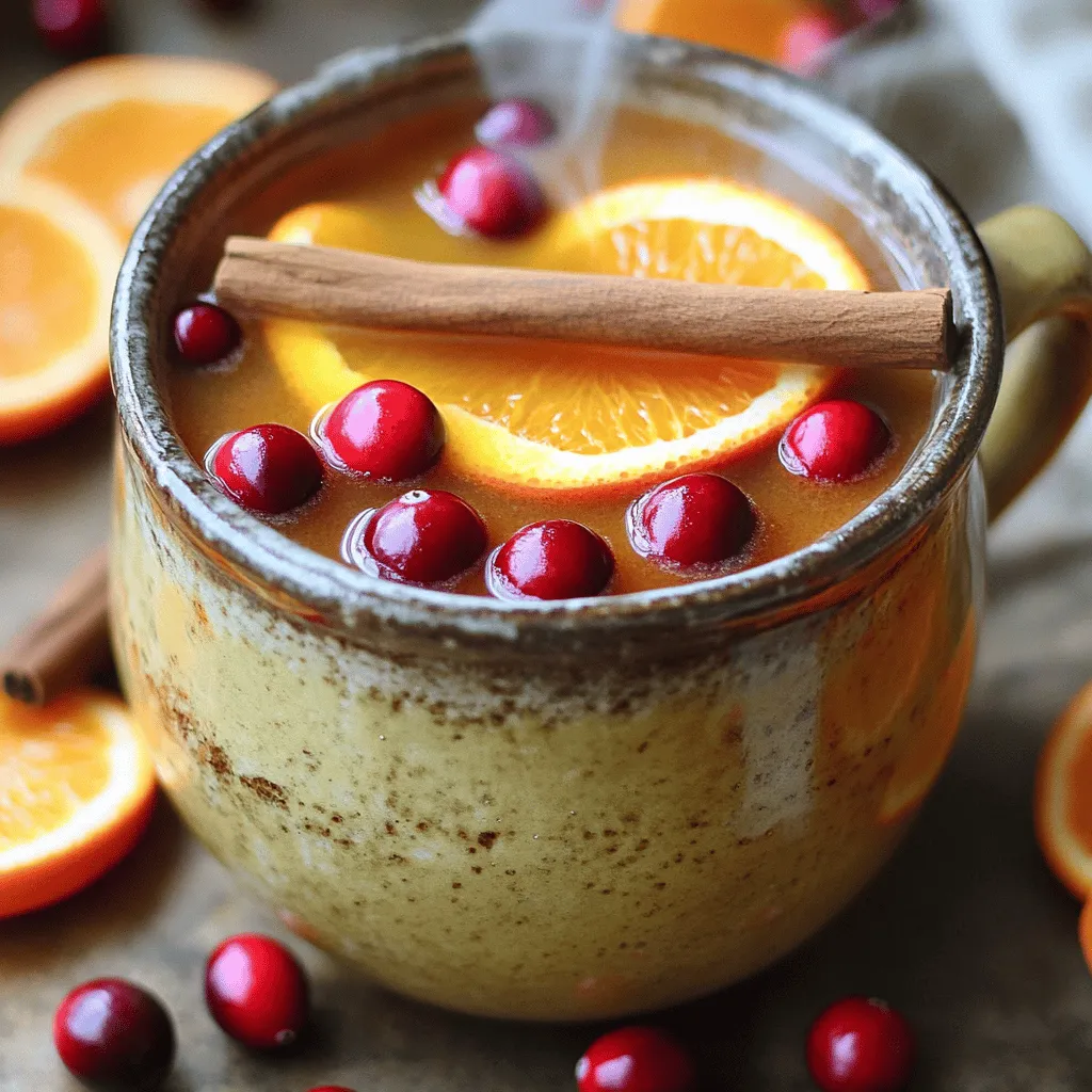 To make this cozy drink, you need: - 4 cups apple cider - 1 cup cranberry juice - 1 orange, sliced - 1/2 cup fresh cranberries - 1 cinnamon stick - 1 teaspoon whole cloves - 1 teaspoon allspice berries - 2 tablespoons honey (or to taste) These ingredients blend to create a warm and tangy taste. The apple cider gives it sweetness, while cranberry juice adds a tart flavor. Fresh cranberries and orange slices enhance the drink's fresh notes. The spices bring warmth and depth. For a pretty touch, consider adding: - Additional orange slices - Extra cinnamon sticks - Whole cranberries These garnishes not only look nice but also boost the drink's flavor. They make your cider feel special and festive. If you want to change things up, try these swaps: - Use pear juice instead of cranberry juice for a sweeter twist. - Maple syrup can replace honey for a different sweetness. - Add a splash of ginger ale for fizz and flavor. These substitutions allow you to customize your cider. Feel free to mix and match based on what you have at home. Enjoy experimenting! To start, gather your ingredients. You need: - 4 cups apple cider - 1 cup cranberry juice - 1 orange, sliced - 1/2 cup fresh cranberries - 1 cinnamon stick - 1 teaspoon whole cloves - 1 teaspoon allspice berries - 2 tablespoons honey (or to taste) In a large pot, combine the apple cider and cranberry juice. Heat it on medium. Next, add the sliced orange, fresh cranberries, cinnamon stick, cloves, and allspice berries. Stir in the honey. Let it simmer gently for about 10 minutes. This step helps the flavors mix well. Keep the heat low after the first 10 minutes. A gentle simmer works best. This allows the spices and fruits to release their flavors. Aim for 15 to 20 more minutes. If you notice any foaming, skim it off with a spoon. This keeps your cider clear and bright. Once the cider is ready, it’s time to strain it. Use a fine mesh sieve. Place the sieve over a large bowl or another pot. Slowly pour the cider through the sieve. This step removes all the solids and spices. Press down lightly on the solids to extract extra flavor. Taste the cider and add more honey if you want it sweeter. Now, serve it hot in mugs. Enjoy with some garnish for a beautiful touch! To boost the flavor of your spiced cranberry orange hot cider, consider adding a few more spices. You can try adding star anise for a sweet, licorice taste. A pinch of nutmeg gives a warm, cozy feel. You might also add cardamom for a slight floral note. Each spice adds its own twist, making your cider unique. Just remember, a little goes a long way, so start small. When serving your hot cider, presentation matters. Pour the cider into clear mugs to show off its rich color. Garnish with fresh orange slices or a cinnamon stick. You can even float a few whole cranberries on top for a festive look. Consider serving with a plate of spiced cookies or sweet treats. This warms the heart and adds to the cozy vibe. Your spiced cranberry orange hot cider is not just tasty; it has health perks too. Cranberries are full of antioxidants. They help support the immune system and may improve heart health. Oranges give a healthy dose of vitamin C, which is great for fighting colds. Apple cider has natural compounds that may support digestion. Honey adds sweetness and has its own health benefits, like soothing sore throats. Enjoying this cider can be a delicious way to care for your body. {{image_2}} You can easily turn this drink into a fun cocktail. Add a splash of spiced rum or bourbon to each mug. The warmth of the alcohol pairs well with the spices. If you prefer a non-alcoholic drink, just stick with the recipe as is. It tastes great without any alcohol! Feel free to mix in other fruit juices. Pear juice adds a sweet touch. You can also use pomegranate juice for a tart twist. Each juice changes the flavor and makes it unique. Try adding a bit of ginger or lemon zest for extra zing! This cider works for any season. For Halloween, add pumpkin spice for a festive kick. For Thanksgiving, use more cinnamon and nutmeg. During Christmas, try adding peppermint extract for a wintery flavor. Each variation can make your cider special for any holiday gathering! To store leftover cider, let it cool first. Use a clean glass jar or a plastic container. Pour the cider into the container, leaving some room at the top. Seal it tightly. Place it in the fridge. It will last for up to five days. To reheat your cider, pour it into a pot. Heat it on low over the stove. Stir it gently as it warms. You can also use a microwave. Heat it in short bursts, stirring in between. This keeps it from boiling too much. You can freeze cider for later enjoyment. Pour the cooled cider into freezer-safe bags or containers. Leave some space for expansion. Label the bags with the date. It can last up to six months in the freezer. To use, thaw it in the fridge overnight. Then, reheat it to enjoy again. Yes, you can easily make spiced cider in a slow cooker. Just add all your ingredients to the slow cooker. Set it on low heat for about 4 hours. This method lets the flavors mix well. You can enjoy a warm drink without much effort. Cranberry juice offers many health benefits. It is rich in vitamin C, which helps your immune system. The juice also contains antioxidants. These can help fight off free radicals. Drinking cranberry juice may support urinary health too. Just remember to choose unsweetened juice for the best health benefits. To make this spiced cider vegan, simply replace honey with maple syrup or agave nectar. Both options add sweetness without animal products. You can still enjoy the same great flavors while keeping it plant-based. This way, everyone can enjoy a cup of this delicious cider! This blog post covered how to make spiced cranberry orange hot cider. We discussed ingredients, preparation steps, and storage tips. You can choose from variations, like alcoholic or non-alcoholic options, to suit your taste. Spiced cider warms you up and adds joy to any gathering. Try new ingredients or spices to make it your own. Enjoy this delightful drink this season and share it with friends. It's simple, tasty, and perfect for any occasion.