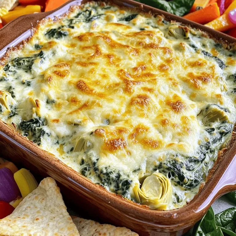 - 1 cup fresh spinach, chopped - 1 cup canned artichoke hearts, drained and chopped - 1 cup cream cheese, softened - 1/2 cup sour cream - 1/2 cup mayonnaise - 1/2 cup grated Parmesan cheese - 1/2 cup shredded mozzarella cheese - 2 cloves garlic, minced - 1 teaspoon lemon juice - Salt and pepper to taste - 1/4 teaspoon red pepper flakes (optional) This recipe shines because of its fresh and creamy flavors. First, you need the fresh spinach and canned artichokes. They bring great taste and texture to the dip. Spinach adds a little earthiness, while artichokes give a nice, tangy bite. Dairy plays a big role in this dip. The cream cheese is key for that rich, creamy base. Sour cream and mayonnaise add more creaminess, while Parmesan and mozzarella cheese give it a wonderful cheesy flavor. Each bite brings a burst of taste. Flavor enhancers make this dip pop. Garlic adds a sharpness that balances the creaminess. A splash of lemon juice brightens it up. Lastly, salt, pepper, and red pepper flakes (if you like some heat) tie everything together. These ingredients create a rich and flavorful snack that everyone will love. - Preheat your oven to 375°F (190°C). - In a bowl, combine cream cheese, sour cream, and mayonnaise. Mix until smooth and creamy. - Stir in the chopped spinach, artichoke hearts, minced garlic, and lemon juice. - Add salt, pepper, and red pepper flakes if you want some heat. - Mix until all ingredients blend well together. - Transfer the mixture to a baking dish and spread it out evenly. - Top with shredded mozzarella cheese. - Bake in the preheated oven for 25-30 minutes. Look for a bubbly and golden top. This creamy spinach artichoke dip makes a great snack. Enjoy it warm with your favorite chips or veggies! Need a swap for cream cheese? Try ricotta cheese. It gives a nice texture and taste. For sour cream, plain yogurt works well too. It keeps the dip creamy and adds a slight tang. If you want a vegan version, use cashew cream or tofu. Blend soaked cashews or silken tofu to a smooth mix. You can also use dairy-free cream cheese and sour cream. These options keep the dip delicious without any animal products. To keep your dip creamy, watch the mixing. Blend the cheeses well but don’t overmix. This helps maintain the rich texture. Avoid overbaking by checking at 20 minutes. The dip should be bubbly and golden on top. If it gets too brown, it may dry out. When it looks good, take it out and let it cool a bit. Serve the dip warm for the best taste. A great way is with fresh veggies. Carrot sticks or bell pepper slices add a nice crunch. Tortilla chips or pita chips also pair well. For a fun twist, try it with toasted bread or crackers. You can also sprinkle fresh parsley on top for a pop of color. This makes it look even more inviting! {{image_2}} You can easily spice up your creamy spinach artichoke dip. Just add some jalapeños or pepper jack cheese. This gives the dip a fun kick. For a spicy twist, chop jalapeños and mix them in. If you prefer cheese, use pepper jack. Both options add heat and flavor. You can adjust the amount to fit your taste. The spicy version is great for those who love bold flavors. Fresh herbs can take your dip to the next level. Try adding basil, oregano, or even thyme. These herbs bring a fresh taste that complements the creaminess. Just chop the herbs finely before mixing them in. Start with a teaspoon of each and adjust as desired. This herb-infused version adds depth and aroma. It makes the dip feel special and fresh. Want a healthier dip? You can make a low-fat version with simple swaps. Use low-fat cream cheese and Greek yogurt instead of sour cream. This cuts down on calories but keeps the flavor. You can also skip the mayonnaise altogether. Another option is to use reduced-fat cheese. With these swaps, you can enjoy your dip without the guilt. A low-fat version is perfect for those watching their intake. To store leftover dip, let it cool first. Then, place it in an airtight container. This helps keep it fresh. You can store it in the fridge for up to 3 days. When you want to eat it, just scoop out what you need. You can freeze this dip for longer storage. First, let it cool completely. Then, transfer it to a freezer-safe container. Be sure to leave some space at the top, as it may expand. You can freeze it for up to 2 months. To reheat, thaw it in the fridge overnight. Then, warm it in the oven at 350°F (175°C) until hot. In the fridge, this dip lasts about 3 days. If frozen, it can last up to 2 months. However, for the best taste, I recommend eating it fresh. Yes, you can make this dip ahead of time! Prepare the dip up to the baking step. Store it in the fridge for up to 2 days. When you're ready to enjoy it, just bake it. This way, you save time and still enjoy a warm, tasty snack. If you want to skip mayonnaise, use Greek yogurt. It adds creaminess and a nice tang. You can also try sour cream for a richer taste. Both options keep the dip tasty without losing its creamy texture. Yes, this dip is gluten-free! All the ingredients listed, like spinach and artichokes, are safe. Just double-check labels for any added ingredients. Serve it with gluten-free chips or veggies for a perfect snack. This blog post covered making a delicious creamy spinach artichoke dip. I shared fresh and dairy ingredients, along with spices to boost flavor. You learned how to prepare, mix, and bake the dip perfectly. We discussed tips for ingredient swaps and serving ideas. Lastly, I included storage methods to keep it fresh. Enjoy this dip at your next gathering. It’s simple, tasty, and sure to impress.