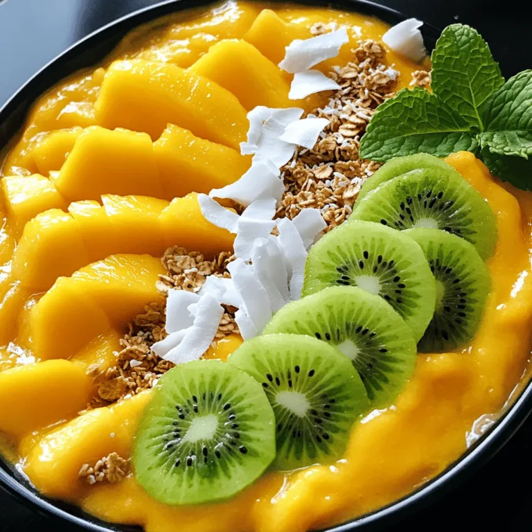 - 2 ripe mangoes, diced - 1 frozen banana - 1 cup coconut milk (or almond milk) - 1/2 cup Greek yogurt - 1 tablespoon honey or maple syrup (optional) - 1 tablespoon chia seeds - Toppings: sliced kiwi, coconut flakes, granola, fresh mint leaves You need ripe mangoes for sweetness and flavor. Frozen bananas make the bowl creamy. I love using coconut milk, but almond milk works too. Greek yogurt adds a nice tang and creaminess. If you want more sweetness, use honey or maple syrup. Chia seeds are a fantastic addition. They provide fiber and omega-3s. For toppings, I suggest sliced kiwi for color, coconut flakes for crunch, and granola for extra texture. Fresh mint leaves add a nice touch of freshness. Gather these ingredients. They will help you make a delicious tropical mango smoothie bowl. To start, gather your ingredients. You need two ripe mangoes, one frozen banana, one cup of coconut milk, half a cup of Greek yogurt, and some honey or maple syrup for sweetness if you like. 1. In a blender, combine the diced mangoes, frozen banana, coconut milk, Greek yogurt, and the sweetener. 2. Blend on high until the mix is smooth and creamy. This should take about 30 seconds. Make sure there are no lumps. If your smoothie is too thick, don't worry! You can easily fix this. Just add a bit more coconut milk to the blender. Blend again until you reach your desired thickness. Now it’s time for the fun part! Once your smoothie is blended, stir in one tablespoon of chia seeds. This adds a nice texture. Next, pour the smoothie into a bowl. Then, it’s time to arrange your toppings. Start with sliced kiwi. Next, sprinkle some coconut flakes and granola on top. Finally, add a few fresh mint leaves for color and extra flavor. Your tropical mango smoothie bowl is ready to enjoy! Using a high-speed blender is key for a smooth mango smoothie bowl. A strong blender breaks down the fruit fully. This gives you a creamy texture. I always choose a high-speed option for the best results. Also, use a frozen banana. It makes the smoothie thick and cold. This adds a nice texture to your bowl. How you arrange the toppings can make your bowl pop. Start with sliced kiwi in a circle on top. Next, add coconut flakes in a sprinkle. Then, layer some granola for crunch. Finally, place a few fresh mint leaves on top. This adds color and flavor. For an Instagram-worthy look, make it colorful and fun. Bright fruits catch the eye! To get the right sweetness, taste your smoothie before adding more sweetener. Start with a little honey or maple syrup first. Blend well and taste again. You want it sweet but not too sweet. Remember, the fruit adds natural sweetness too. Adjust slowly to find your perfect balance. {{image_2}} You can swap mangoes with other tropical fruits. Pineapple adds a sweet tang. Papaya brings a creamy texture. You can also try passion fruit for a tart flavor. Mixing these fruits can create a fun twist. Try blending mango with pineapple for a refreshing taste. You’ll enjoy the bright colors and new flavors. If you want a vegan or lactose-free option, use almond milk instead of coconut milk. You can also skip the Greek yogurt. Try using coconut yogurt or a nut-based yogurt. These options keep the smoothie bowl creamy and tasty. They also add a unique flavor twist. Toppings can change the whole vibe of your bowl. Sliced kiwi adds a bright green touch. Coconut flakes bring a chewy texture. Granola adds crunch and heartiness. Fresh mint leaves give a pop of color. You can even add nuts or seeds for extra nutrition. Mix and match to find your perfect combination! To keep your smoothie bowl fresh, store leftovers in an airtight container. Use the fridge for best results. It can last for about one day. Before eating, give it a good stir. If it seems thick, add a splash of coconut milk to thin it out. You can freeze smoothie components for later use. Peel and chop your mangoes and banana. Place them in a freezer bag. Remove as much air as possible before sealing. You can freeze the chia seeds in a separate bag. When ready, just blend them together with your milk and yogurt. This makes a quick and easy smoothie. Smoothie bowls are best served cold, so reheating is not usually needed. However, if you want a warm treat, gently heat it in the microwave. Use short bursts of about 15 seconds. Stir in between to prevent hot spots. Enjoy your smoothie bowl warm or cold! To make a vegan tropical mango smoothie bowl, swap dairy items for plant-based ones. Use almond milk instead of coconut milk. Replace Greek yogurt with a vegan yogurt, like coconut or soy yogurt. If you want sweetness, use maple syrup instead of honey. These easy swaps keep the bowl creamy and tasty! Yes, you can use fresh mango. However, it may change the texture and flavor. Fresh mango adds a lighter taste. The smoothie bowl might be less thick and creamy without frozen fruit. If you pick fresh mango, consider adding a handful of ice to keep it cool and refreshing. Chia seeds are tiny powerhouses of nutrition. They are rich in fiber, protein, and healthy fats. Here are some benefits: - Fiber: Helps keep you full and aids digestion. - Omega-3 fatty acids: Good for heart health. - Protein: Supports muscle growth and repair. - Antioxidants: Help fight free radicals in the body. Adding chia seeds to your smoothie bowl boosts its health value! You can lower the calorie count with simple swaps. Use unsweetened almond milk instead of coconut milk. Skip the Greek yogurt or use a low-fat version. If you want it sweeter, try using less honey or maple syrup. You can also limit the toppings to reduce calories while still enjoying the flavors. This blog post shared a simple recipe for a tropical mango smoothie bowl. We covered the main ingredients, preparation steps, and ways to make it your own. You learned tips for blending, presentation, and sweetness adjustment. We also talked about variations, storage tips, and answered common questions. Enjoy making your smoothie bowl! It’s a fun way to be creative with flavors and toppings. You can tailor it to fit your taste or dietary needs. This dish not only tastes great but is also good for your health.