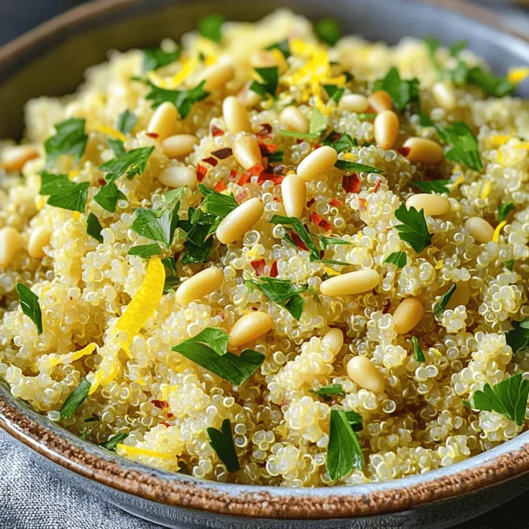 To make Lemon Garlic Quinoa, gather these key ingredients: - 1 cup quinoa - 2 cups vegetable broth (or water) - 3 cloves garlic, minced - Zest and juice of 1 large lemon - 2 tablespoons olive oil - 1/2 teaspoon salt - 1/4 teaspoon black pepper - 1/2 teaspoon red pepper flakes (optional for heat) - 1/4 cup fresh parsley, chopped These ingredients work together to create a light and flavorful dish. Quinoa gives you a nutty base. Garlic adds a savory punch, while lemon lifts the flavor with its bright zest and juice. Adding fresh herbs can bring more depth to your dish. I recommend using parsley. It adds a refreshing taste and bright color. You can also try using basil or cilantro. Both herbs can give a unique twist to the recipe. Just chop the herbs finely before mixing them in. To make your Lemon Garlic Quinoa even more special, consider these garnishes: - 1/4 cup toasted pine nuts - Additional lemon zest - A sprinkle of fresh parsley Toasted pine nuts add a nice crunch. Extra lemon zest can enhance the citrus flavor. These garnishes also make your dish look beautiful and appetizing. Start by rinsing 1 cup of quinoa. Use a fine-mesh strainer and cold water. This removes the bitter coating called saponin. After rinsing, put the quinoa in a medium pot. Add 2 cups of vegetable broth or water. Bring it to a boil over medium-high heat. Once boiling, lower the heat to simmer. Cover the pot and let it cook for about 15 minutes. When finished, the quinoa should be fluffy and absorb all the liquid. While the quinoa cooks, heat 2 tablespoons of olive oil in a small skillet. Use medium heat for this step. Add 3 cloves of minced garlic to the hot oil. If you like a bit of spice, toss in 1/2 teaspoon of red pepper flakes. Sauté for 1 to 2 minutes. You want the garlic to be fragrant but not brown. This step adds a rich flavor to the dish. Once the quinoa is fluffy, take it off the heat. Use a fork to fluff it gently. Stir in the garlic oil, along with the zest and juice of 1 large lemon. Season the mix with 1/2 teaspoon of salt and 1/4 teaspoon of black pepper. Finally, fold in 1/4 cup of chopped fresh parsley. This adds a fresh taste and bright color. Serve the quinoa warm, and top each serving with 1/4 cup of toasted pine nuts for extra crunch and flavor. To get the best texture, rinse the quinoa well. This step removes the bitter coating called saponin. Use a fine-mesh strainer for this task. After rinsing, cook the quinoa in vegetable broth or water. Bring it to a boil, then lower the heat and cover. Simmer for about 15 minutes until all the liquid is gone. Fluff the quinoa gently with a fork when it’s done. This helps keep it light and fluffy. You can boost the flavor with a few simple additions. Adding fresh herbs like basil or mint can brighten the dish. You might also try a dash of lemon zest for extra zing. If you like spice, mix in more red pepper flakes. For a richer taste, consider adding roasted garlic or sautéed onions. These extras make the dish even more delicious and unique. Serving matters, too! Use a large bowl or individual plates for a nice touch. Garnish each serving with a sprinkle of fresh parsley. Adding extra lemon zest on top brings color and freshness. Toasted pine nuts add crunch and flavor. This simple presentation makes the dish look gourmet and appealing. Enjoy sharing this tasty dish with family and friends! {{image_2}} You can make Lemon Garlic Quinoa even better by adding vegetables. Chopped spinach, bell peppers, or zucchini work well. These not only add color but also more nutrients. Just sauté them with the garlic. You can also mix in roasted veggies like broccoli or carrots after cooking. This gives a great flavor and texture. If you want extra protein, try adding beans or chickpeas. They blend well with quinoa. Use one can of drained beans for a quick option. You can also add cooked chicken or shrimp for a heartier meal. These options make the dish filling and balanced. You can cook quinoa in different ways. Try using a rice cooker or Instant Pot. Both methods save time and keep the quinoa fluffy. For a smoky flavor, cook it on a grill in a foil packet. Just add the broth, garlic, and lemon juice. This adds a fun twist to your dish. Store leftover quinoa in an airtight container. Make sure it cools to room temperature first. This keeps it fresh. Place the container in the fridge. Leftover quinoa lasts about 3 to 5 days. To reheat, use the microwave or a pot. For the microwave, place quinoa in a bowl. Add a splash of water to keep it moist. Heat for about 1-2 minutes. Stir halfway through. For the pot, add quinoa and a bit of water. Heat over low heat until warm, stirring often. Yes, you can freeze lemon garlic quinoa! First, let it cool completely. Then, scoop it into freezer-safe bags. Flatten the bags for easy storage. Label with the date. It will keep well for about 2-3 months. To eat, thaw in the fridge and reheat. Enjoy your tasty dish later! Yes, you can use brown rice. However, cooking times will change. Brown rice takes longer to cook, about 40 to 50 minutes. Quinoa cooks faster, in about 15 minutes. If you switch, adjust the water and time accordingly. Cooked quinoa lasts about 3 to 5 days in the fridge. Store it in an airtight container. Make sure it cools down before you seal it. This helps keep it fresh. You can pair Lemon Garlic Quinoa with various dishes. It goes well with grilled chicken, fish, or roasted veggies. Try it with a fresh salad or as a bed for stir-fried meals. The flavors balance nicely. Yes, Lemon Garlic Quinoa is gluten-free. Quinoa is a seed, not a grain. It is safe for those with gluten sensitivities. Enjoy this dish worry-free! Lemon garlic quinoa is easy and tasty. We covered key ingredients, like fresh herbs and optional garnishes. I shared step-by-step instructions for perfecting your dish. You learned tips for great texture and flavor enhancement. I also discussed fun variations to boost nutrition and protein. Lastly, we went over storage and reheating methods. With these insights, you can create a delicious meal every time. Enjoy making this simple, healthy dish that fits any table!
