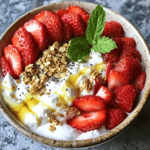 - 1 cup Greek yogurt (high-protein, plain or vanilla-flavored) - 1/2 cup fresh strawberries, hulled and sliced - 2 tablespoons cream cheese, softened The main ingredients create a rich base. Greek yogurt adds protein and creaminess. Fresh strawberries give a burst of flavor and color. Cream cheese makes the mixture smooth and cheesecake-like. - 1 tablespoon honey or maple syrup (adjust for sweetness) - 1/4 teaspoon vanilla extract Sweeteners enhance the taste. You can choose honey or maple syrup. They add natural sweetness. Vanilla extract brings warmth and depth to the flavor. - 1 tablespoon chia seeds - 1/4 cup granola or crushed graham crackers (for topping) - Fresh mint leaves (for garnish) Toppings add texture and fun. Chia seeds boost nutrition and crunch. Granola or crushed graham crackers add a sweet crunch. Fresh mint leaves brighten the dish and add a pop of color. This yogurt bowl is not just tasty; it’s also a great source of protein. You can enjoy it for breakfast or as a snack. Feel free to experiment with the ingredients to make it your own. Start by taking a mixing bowl. Add 1 cup of Greek yogurt and 2 tablespoons of softened cream cheese. Use a spatula to mix them well. You want a smooth and creamy texture. Next, add 1 tablespoon of honey or maple syrup. Choose the sweetener that you like best. Then, add 1/4 teaspoon of vanilla extract. This will give your yogurt a lovely flavor. Mix everything together until it is well combined. Once your yogurt mixture is smooth, it's time for the chia seeds. Measure out 1 tablespoon of chia seeds. Gently fold the chia seeds into the yogurt mixture. Be careful not to overmix, as you want to keep that creamy texture. The chia seeds will add a nice texture and extra protein. Now, grab a serving bowl or a glass. Begin by layering half of the yogurt mixture at the bottom. Spread it evenly to cover the base. Next, add a layer of sliced fresh strawberries on top. Use about 1/2 cup of strawberries, hulled and sliced. Then, spoon the remaining yogurt mixture over the strawberries. This creates a nice second layer. Top the dish with the rest of the strawberry slices. Sprinkle 1/4 cup of granola or crushed graham crackers on top. This will add a delightful crunch. If you want, drizzle a bit more honey on top for extra sweetness. Finally, garnish with fresh mint leaves for a pop of color and freshness. Enjoy your high-protein strawberry cheesecake yogurt bowl! To get a smooth texture, start by using a mixing bowl. Add the Greek yogurt and softened cream cheese. Use a whisk to blend them well. This helps break up any lumps. Mix until creamy with no visible chunks. Then, gently fold in chia seeds. This keeps the mixture light and fluffy. Taste is key! Start with one tablespoon of honey or maple syrup. Mix it in well. After tasting, you can add more if you like it sweeter. Remember, the ripe strawberries add some natural sweetness too. Adjust based on your preference to find your perfect balance. Make your yogurt bowl look great! After layering the yogurt and strawberries, top it with granola or crushed graham crackers. This adds crunch and texture. A few fresh mint leaves on top make it pop with color. You can even drizzle a little honey for a touch of shine. A beautiful dish is always more fun to eat! {{image_2}} You can change the taste of your yogurt bowl easily. Try using different fruits like blueberries or bananas. These fruits add unique flavors and colors. You can also use agave syrup instead of honey. This swap offers a different sweetness. Each fruit and sweetener brings its own twist, making your bowl fun and fresh. Need a dairy-free option? Use coconut yogurt instead of Greek yogurt. It still gives you a creamy texture and rich taste. For those watching carbs, switch to low-carb sweeteners. This choice keeps the bowl healthy and tasty. Adjusting the ingredients makes it fit various diets. You can pair this yogurt bowl with other breakfast items. Try serving it with whole grain toast or scrambled eggs. This adds variety to your morning meal. You can also transform it into a dessert. Simply layer it in a fancy cup and add more toppings. It becomes a sweet treat for any time of day. To keep your High-Protein Strawberry Cheesecake Yogurt Bowl fresh, store leftovers in the fridge. Use an airtight container to avoid spills and keep out air. This helps maintain its creamy texture and flavor. You can enjoy it cold right from the fridge. This yogurt bowl stays fresh for about 2 to 3 days in the fridge. After that, it may lose flavor and texture. Always check for any off smells or changes in texture before eating. If you notice anything odd, it's best to toss it. You can enjoy your yogurt bowl cold, which is refreshing. If you prefer, you can warm it slightly in the microwave. Just heat it for a few seconds and check the temperature. Avoid overheating, as that can change the texture and taste. I recommend using high-protein yogurt, like Greek yogurt. It makes the dish creamy and filling. Regular yogurt has less protein, which can make the bowl less satisfying. High-protein yogurt boosts your energy and helps you feel full longer. This is especially good if you want a healthy start to your day. Yes, you can make this yogurt bowl ahead of time! To prepare in advance, mix the yogurt and cream cheese as directed. Store the mix in the fridge for up to two days. Just wait to add the strawberries and toppings until right before you eat. This keeps the strawberries fresh and crunchy. Absolutely! This yogurt bowl is great for meal prep. You can make several portions at once. Use small containers to divide the yogurt mix. Layer the strawberries and toppings in each container. This way, you have quick, healthy breakfasts ready to go all week. This blog post covered a tasty yogurt bowl made with Greek yogurt and fresh strawberries. I shared step-by-step instructions for preparing the mixture and suggested fun toppings for flavor and crunch. You can easily adjust the sweetness and customize the ingredients based on your taste. Remember, feel free to experiment with different fruits too! This yogurt bowl is not just a great breakfast; it can be a delicious dessert as well. Enjoy making a healthy treat that suits your needs!