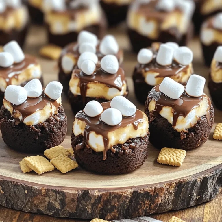 To make the best S'mores Brownie Bites, gather these main ingredients: - 1 cup semi-sweet chocolate chips - 1/2 cup unsalted butter, cubed - 1 cup granulated sugar - 2 large eggs - 1 teaspoon vanilla extract - 1/2 cup all-purpose flour - 1/4 teaspoon salt - 1 cup mini marshmallows - 1/2 cup graham cracker crumbs - Extra chocolate chips for topping These items create a rich, gooey, and fun treat for any occasion. The blend of chocolate, marshmallows, and graham crackers gives you that classic s'mores flavor in a bite-sized form. You can enhance the look and flavor of your brownie bites with these optional toppings: - Drizzled melted chocolate - Crushed graham cracker pieces - Extra mini marshmallows on top These add a nice touch and make your dessert even more appealing. You can mix and match as you like! To whip up your S'mores Brownie Bites, you will need: - A mini muffin tin - Mini cupcake liners (optional) - A microwave-safe bowl - A mixing spoon or spatula - An oven Having the right equipment makes the process smooth and easy. It ensures that your brownie bites come out perfect every time! Start by preheating your oven to 350°F (175°C). This temperature helps the brownie bites bake evenly. Next, grease a mini muffin tin or line it with mini cupcake liners. This step keeps the bites from sticking. In a microwave-safe bowl, add 1 cup of semi-sweet chocolate chips and 1/2 cup of cubed unsalted butter. Heat this mix in the microwave in 30-second intervals. Stir after each interval until the chocolate is smooth and melted. Let the mixture cool slightly. Then, mix in 1 cup of granulated sugar until it blends well. Add 2 large eggs one at a time, stirring well after each. Finally, stir in 1 teaspoon of vanilla extract. Gently fold in 1/2 cup of all-purpose flour and 1/4 teaspoon of salt until just mixed. Do not overmix. Spoon about a tablespoon of brownie batter into each muffin tin, filling them halfway. Now, sprinkle a layer of 1/2 cup of graham cracker crumbs on top. Add 1 cup of mini marshmallows over the crumbs. For extra taste, place a few extra chocolate chips on top of the marshmallows. Cover everything with another tablespoon of brownie batter. Place the muffin tin in your preheated oven. Bake for 12-15 minutes. To check if they are done, insert a toothpick into the center. It should come out with moist crumbs. Once baked, remove the tin from the oven. Let the brownie bites cool in the tin for about 5 minutes. Then, transfer them to a wire rack to cool completely. Enjoy your delicious S'mores Brownie Bites! To get the best texture for your S'mores brownie bites, use fresh ingredients. Make sure your butter is soft. This helps create a smooth batter. Also, mix the batter just until combined. Overmixing can make them tough. Baking them for the right time is key. Check them at 12 minutes. They should be soft but not gooey. A toothpick should come out with a few moist crumbs. One common mistake is not greasing the muffin tin. If you skip this step, your bites may stick. Also, don’t skip the graham cracker crumbs. They add that special S'mores flavor. Another mistake is crowding the batter. Fill each muffin cup halfway. If you overfill, they may overflow while baking. Add a pinch of cinnamon to the batter for warmth. You can also mix in chopped nuts for crunch. If you love peanut butter, swirl it into the batter before baking. For a fun twist, try using flavored chocolate chips. Mint or caramel chips can give them a unique taste. Don’t forget to drizzle extra melted chocolate on top for a fancy look! {{image_2}} You can add fun flavors to your S'mores Brownie Bites. Try mixing in mint extract for a fresh taste. You might also enjoy using peanut butter chips instead of chocolate. If you love nuts, add chopped walnuts or pecans for crunch. You can even swirl in caramel for a sweet surprise. Each option gives a new twist to the classic treat. To make gluten-free S'mores Brownie Bites, swap the all-purpose flour for almond flour or a gluten-free blend. Just make sure the chocolate chips and graham cracker crumbs are gluten-free too. This way, everyone can enjoy these bites without worry. You can make vegan S'mores Brownie Bites by using a few simple swaps. Replace the eggs with flax eggs or applesauce. Use coconut oil instead of butter. Choose vegan chocolate chips and dairy-free graham crackers. These changes keep the yummy flavor while being plant-based. To keep your S'mores brownie bites fresh, store them in an airtight container. This prevents them from drying out. You can use a plastic or glass container with a tight lid. If you plan to keep them longer, layer them with parchment paper. This stops them from sticking together. When stored properly, S'mores brownie bites last for about 5 days at room temperature. If you move them to the fridge, they can last up to a week. For longer storage, consider freezing them. In the freezer, they can last for up to 3 months. Just make sure to wrap them well to avoid freezer burn. To enjoy your brownie bites warm, reheat them in the microwave. Heat for about 10-15 seconds. Check to make sure they don't get too hot. You can also warm them in the oven. Preheat the oven to 350°F (175°C) and bake them for about 5-7 minutes. This makes them soft and gooey, just like fresh out of the oven! Yes, you can! Dark chocolate or milk chocolate works well. Each type will change the taste slightly. Dark chocolate gives a rich flavor, while milk chocolate offers more sweetness. Feel free to mix different chocolates too. This gives your brownie bites a unique twist! Making these brownie bites ahead is easy. You can bake them a day before your event. After cooling, store them in an airtight container. This keeps them fresh and moist. You can also freeze them for longer storage. Just thaw them before serving, and they’ll taste great! If you don't have graham crackers, use crushed cookies. Vanilla wafers or digestive biscuits work well too. You can even try crushed pretzels for a salty kick. Each option adds a different flavor and texture to your brownie bites. You now know how to make delicious s'mores brownie bites. We covered key ingredients, tips for perfect texture, and easy variations. Storage tips help you keep them fresh. Be creative and try different flavors or dietary options. Enjoying these treats brings joy to every gathering. Remember, the best memories often happen over sweet bites. Get baking and have fun!