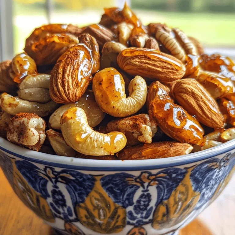 For this recipe, I use 2 cups of mixed nuts. You can choose from almonds, cashews, walnuts, or pecans. Each nut adds a unique crunch and flavor. Almonds are great for their crispness. Cashews offer a soft and creamy bite. Walnuts lend a rich taste, while pecans bring a sweet note. Mixing these nuts creates a tasty blend that is hard to resist. Sriracha sauce is key for this recipe. I recommend using a brand that has a good balance of heat and flavor. Look for one that uses fresh chili peppers. This will give a bold kick to your nuts. If you prefer a milder taste, you can add less sauce. Adjusting the amount can help you control the heat level. Honey adds sweetness to our spicy nuts. I like to use raw honey for its rich flavor. You can also try flavored honey, like orange or lavender, for an extra twist. If you're looking for a vegan option, maple syrup works well too. It adds sweetness without losing that sticky texture we want. First, set your oven to 350°F (175°C). This heat will roast the nuts just right. Next, line a baking sheet with parchment paper. This helps the nuts not stick and makes cleanup easy. In a large bowl, mix together the honey, Sriracha sauce, olive oil, sea salt, smoked paprika, garlic powder, and black pepper. Stir well until all the items blend into a smooth mixture. This coating adds the sweet and spicy flavor that makes these nuts special. Now, add the mixed nuts to your bowl. Toss them in the coating until each nut is covered. Spread the nuts in a single layer on the baking sheet. Roast them in the oven for 15-20 minutes. Stir the nuts halfway through. This helps them roast evenly. When they turn golden brown and smell great, take them out. Let them cool on the baking sheet; they will get crispier as they cool. To get the best roast, watch the nuts closely. Nuts can go from golden to burnt fast. Stir them halfway through the roasting time. This helps them brown evenly. You want them crispy and fragrant, not bitter. Keep your Sriracha honey roasted nuts fresh in an airtight container. Store them in a cool, dry place. They will stay good for up to two weeks. If you want to keep them longer, try freezing them. Just make sure they are in a freezer-safe bag. These nuts make a great snack for any occasion. Serve them in a nice bowl for parties. You can also pack them in small bags for gifts or to take on the go. They add a spicy-sweet kick to cheese boards too. Enjoy them with drinks or as a topping for salads. {{image_2}} You can mix things up by using different nuts. Almonds, cashews, walnuts, and pecans all work well. You can also try peanuts or macadamia nuts for a twist. Each nut brings its own flavor and crunch. Experiment with what you like best. If you want more heat, add extra Sriracha. For a milder taste, cut back on the sauce. You can also add cayenne pepper or chili powder for more spice. Taste the mixture before roasting to find your perfect level. Honey is great, but you can try maple syrup or agave. Each sweetener adds its own unique flavor. You could even use brown sugar for a different taste. Adjust the amount to match your sweetness preference. To keep your Sriracha honey roasted nuts fresh, store them in an airtight container. They can last up to two weeks at room temperature. Keep them away from heat and sunlight. This ensures they stay crunchy and flavorful. If you notice any signs of spoilage, like a funny smell, toss them out. I love using glass jars or plastic containers with tight lids. They keep air out and help maintain freshness. Avoid using paper bags or boxes, as they let air in. Label your containers with the date you made the nuts. This helps you track how long they have been stored. You can freeze these nuts for later use. Place the roasted nuts in a freezer-safe bag. Remove as much air as possible before sealing. They can last up to three months in the freezer. When you want to enjoy them, let them thaw in the fridge overnight. This keeps them from getting soggy. Yes, you can use unsalted nuts. Unsalted nuts let the Sriracha and honey shine through. If you prefer, add a pinch of salt to the coating mix. This balances the flavors well. It’s all about what you like best! You can adjust the spice level easily. To make it milder, use less Sriracha. You might also add more honey to tone it down. If you like it spicier, add extra Sriracha or some cayenne pepper. Taste as you go to find your perfect heat! Serve these nuts in a nice bowl for parties. They look great and taste even better! You can also pack them in small bags for gifts. They make a fun snack for road trips or movie nights. Enjoy them with friends or keep them for yourself! Roasting mixed nuts with sriracha and honey creates a tasty snack for everyone. We covered key ingredients, from nut choices to honey variations. I shared step-by-step instructions for mixing and roasting. Remember the tips for achieving the perfect roast and storing for freshness. You can try different nuts and adjust spice levels to suit your taste. Store your roasted nuts well for long-lasting flavor. Enjoy this crunchy treat at your next gathering or snack time!