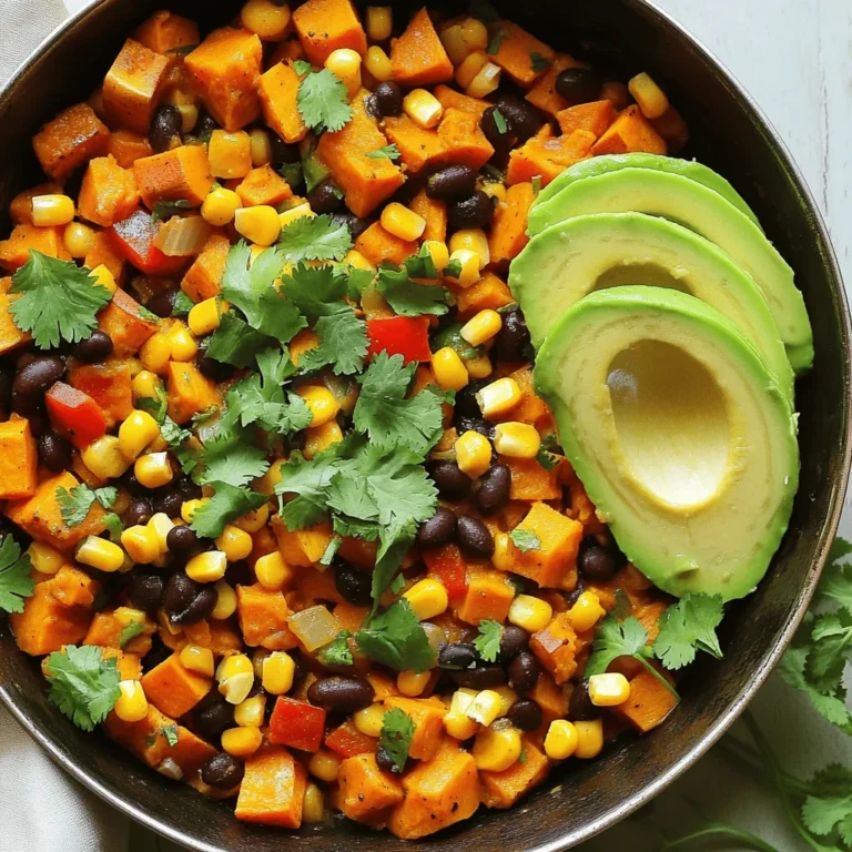 For the Southwest Sweet Potato Skillet, you will need: - 2 medium sweet potatoes, peeled and diced - 1 can (15 oz) black beans, rinsed and drained - 1 cup corn kernels (fresh, frozen, or canned) - 1 red bell pepper, diced - 1 jalapeño, seeded and minced - 1 small red onion, chopped - 2 cloves garlic, minced - 1 teaspoon ground cumin - 1 teaspoon smoked paprika - 1/2 teaspoon chili powder - Salt and pepper to taste - 2 tablespoons olive oil - Fresh cilantro, chopped, for garnish - Avocado slices, for serving (optional) You can swap ingredients if you need to. Use butternut squash if you can't find sweet potatoes. Canned beans work great, but you can use cooked dried beans too. If you don’t like jalapeños, try a milder pepper like a green bell pepper. Frozen corn is a good choice if fresh corn is not in season. For oils, avocado oil or vegetable oil can replace olive oil. Sweet potatoes are full of vitamins A and C. They help keep your eyes and skin healthy. Black beans offer protein and fiber, which help with digestion. Corn adds sweetness and is a good source of carbs for energy. Bell peppers are rich in antioxidants and vitamins. Garlic not only adds flavor but also has health benefits, including boosting your immune system. Using fresh cilantro gives you added vitamins and a fresh taste. Overall, this dish is a balanced meal that supports health and wellness. To start, gather all your ingredients. You will need: - 2 medium sweet potatoes, peeled and diced - 1 can (15 oz) black beans, rinsed and drained - 1 cup corn kernels (fresh, frozen, or canned) - 1 red bell pepper, diced - 1 jalapeño, seeded and minced - 1 small red onion, chopped - 2 cloves garlic, minced - 1 teaspoon ground cumin - 1 teaspoon smoked paprika - 1/2 teaspoon chili powder - Salt and pepper to taste - 2 tablespoons olive oil - Fresh cilantro, chopped, for garnish - Avocado slices, for serving (optional) Peel and dice the sweet potatoes. Chop the onion and bell pepper. Mince the garlic and jalapeño. Rinse and drain the black beans. This prep helps the dish cook evenly. Heat two tablespoons of olive oil in a large skillet over medium heat. Add the chopped red onion. Sauté for about 3-4 minutes until the onion turns clear. Next, add the minced garlic and jalapeño. Cook for another 1-2 minutes until they smell good. Now, stir in the diced sweet potatoes. Add the cumin, smoked paprika, chili powder, salt, and pepper. Mix everything well so the sweet potatoes get coated with spices. Cover the skillet and cook for about 10 minutes. Stir every now and then until the sweet potatoes get tender. Once they are soft, add the black beans and corn. Cook for an extra 5 minutes until everything heats up. Finally, add the diced bell pepper and cook for 2 more minutes. This gives time for the flavors to mix. Taste your dish and add more seasoning if you want. To make the best Southwest Sweet Potato Skillet, use fresh ingredients. Fresh veggies make the meal pop with flavor. Always stir your dish while it cooks. This helps it cook evenly. For added freshness, use lime juice on top before serving. It brightens the taste. Enjoy this dish hot, garnished with chopped cilantro and avocado slices if you like. Many home cooks rush when prepping sweet potatoes. Make sure to dice them small. Larger pieces take longer to cook. Another mistake is not rinsing black beans. Rinsing removes excess salt and helps with flavor. Lastly, don't skip the spices. They add depth and make your dish pop. To boost flavors, try adding lime juice. A splash at the end brightens the dish. Fresh herbs like cilantro also add freshness. If you like heat, toss in more jalapeño. For a smoky flavor, consider using chipotle powder instead of chili powder. Experiment with these tips to find your favorite mix. You need a large skillet for this recipe. A sturdy spatula helps stir without breaking sweet potatoes. Use a sharp knife for easy dicing. A cutting board is essential for prep work. If you have a lid for your skillet, use it to trap steam. This helps cook sweet potatoes faster. {{image_2}} This dish is already vegetarian. To make it vegan, skip the avocado slices. You can add more veggies for flavor. Try adding spinach or zucchini for extra nutrients. Both pair well with sweet potatoes. You can also use vegan cheese if you like a cheesy taste. If you want protein, add cooked chicken or turkey. You can also use tofu for a plant-based option. Just cube the tofu and sauté it with vegetables. Canned chickpeas are another great choice. They add texture and protein without much fuss. Use seasonal veggies for fresh flavors. In summer, add diced tomatoes or bell peppers. In fall, consider adding kale or butternut squash. These swaps keep your dish exciting all year. You can even use different beans like pinto or kidney beans. They change the taste while adding nutrition. To keep your Southwest Sweet Potato Skillet fresh, let it cool first. Then, place it in an airtight container. You can store it in the fridge for up to four days. This way, you can enjoy it again without losing flavor. When you’re ready to eat your leftovers, reheat them in a skillet over medium heat. Stir occasionally to ensure even heating. You can also use the microwave. Heat in a bowl for about 1-2 minutes, stirring halfway through. Make sure it’s hot all the way through. If you have more than you can eat, freeze it! Portion the skillet into freezer-safe containers. Use them within three months for the best taste. When you’re ready to eat, thaw it in the fridge overnight. Then, reheat as mentioned above. This keeps the meal tasty and easy for busy days. You can serve this dish with many sides. A simple green salad pairs well. You can also serve it with rice or quinoa for extra carbs. If you like, add sliced avocado on top for creaminess. Tortillas make a great addition too. They can be used to scoop up the skillet mix. Yes, you can prepare this dish ahead of time. Cook it fully and let it cool. Once cooled, store it in an airtight container. It will stay fresh in the fridge for up to three days. When you’re ready to eat, just reheat it on the stove. Stir it gently to warm it through. To make it spicier, add more jalapeño or some hot sauce. You can also use a hotter pepper, like serrano. For a milder taste, skip the jalapeño. You can use bell pepper instead for sweetness. Adjust the spices too; less chili powder will help tone it down. In this post, I shared the key ingredients, steps, and tips for the dish. I covered substitutions, nutritional benefits, and how to avoid common mistakes. You learned how to enhance flavors and explore variations like vegetarian options. Storing leftovers and reheating them was also explained. Remember, cooking is about fun and creativity. Use these tips to make the dish your own! Enjoy every bite and share it with friends!