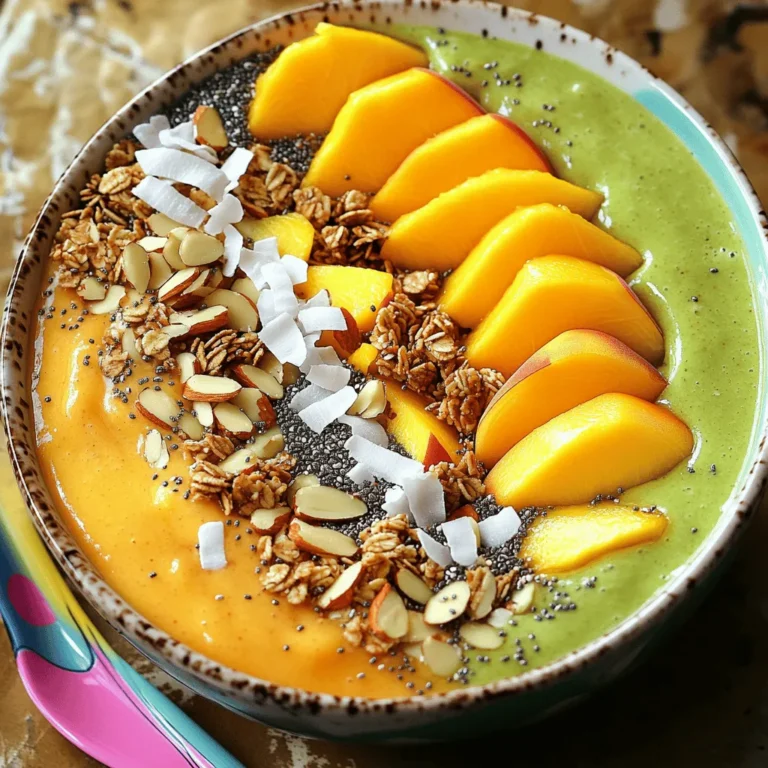 - Ripe peach (1) - Ripe mango (1) - Frozen banana (1) - Fresh spinach (1 cup) - Coconut milk (1 cup) - Sweetener (1 tablespoon honey or maple syrup, optional) - Granola - Sliced almonds - Coconut flakes - Fresh fruit slices (peach and mango) For this Peach Mango Smoothie Bowl, fresh fruits are key. You want a ripe peach and a ripe mango. Look for peaches that yield slightly when you press them. Choose mangoes that smell sweet and feel soft. A frozen banana adds creaminess and natural sweetness. Spinach brings a boost of nutrients without altering the taste. It blends well and keeps the vibrant color. For liquid, I use coconut milk. It gives a tropical flavor. You may use any milk you like. If you want a sweeter bowl, add honey or maple syrup. Just one tablespoon is enough. For toppings, get creative! Granola adds crunch. Sliced almonds give a nutty flavor. Coconut flakes enhance the tropical feel. Fresh fruit slices of peach and mango brighten your bowl. They make it look beautiful, too! To start, gather your ripe peach, mango, frozen banana, fresh spinach, coconut milk, chia seeds, and optional sweetener. Place all these ingredients in your blender. Mix them together until the blend is smooth and creamy. You want a nice, thick texture without any lumps. This base is the heart of your smoothie bowl. If your smoothie is too thick, don’t worry! Just add a splash more of coconut milk. Blend again until you reach the smoothness you like. A thicker smoothie makes for a heartier bowl, while a thinner one is easier to drink with a straw. Find what works for you! Now it’s time to serve! Pour the smoothie into a large bowl or divide it into two smaller bowls. This makes for a pretty presentation. Make sure to leave some space for your toppings. A well-arranged bowl is just as satisfying as a tasty one! To make the best peach mango smoothie bowl, you need ripe fruits. Look for peaches that are soft and fragrant. The skin should have a slight give when you press it gently. For mangoes, choose ones that are slightly soft, too. They should smell sweet at the stem end. Both fruits should have vibrant colors, not dull or green patches. Signs of ripeness for blending include: - Peaches: Deep yellow or red skin, soft touch - Mangoes: Golden-yellow skin, sweet aroma Using the right blender settings is key for a creamy texture. Start on low speed to combine the ingredients. Gradually increase to high speed. Blend until everything is smooth. If you see lumps, blend a bit longer. To avoid lumps, make sure: - All fruits are diced small - Use enough liquid, like coconut milk Arranging your toppings makes the bowl look beautiful. Start with a handful of granola in one section. Then sprinkle sliced almonds and coconut flakes. Finally, add fresh fruit slices artfully around the bowl. For serving suggestions, use a colorful spoon. Place an extra slice of peach or mango on the rim for a bright touch. A sprinkle of chia seeds adds extra flair. Enjoy your meal fresh for the best taste! {{image_2}} You can easily make your Peach Mango Smoothie Bowl dairy-free. Instead of coconut milk, try almond milk, oat milk, or cashew milk. Each of these options gives a unique taste that pairs well with peach and mango. If you have allergies, you can swap fruits too. Use apples or pears if you can't eat peaches or mangoes. Boost the health of your smoothie bowl by adding extra greens. A handful of kale or more spinach can add nutrients without changing the taste much. You can also add protein boosters. Mix in protein powder, Greek yogurt, or cottage cheese. These additions make your bowl more filling and nutritious. To make your bowl even tastier, add spices. A pinch of cinnamon can give warmth, or a drop of vanilla extract can enhance sweetness. For an extra health kick, try superfoods. You can sprinkle acai powder or matcha on top. These not only add flavor but also pack in nutrients. To store leftover smoothie, pour it into an airtight container. Seal it well and place it in the fridge. It will stay fresh for one day. When you are ready to enjoy it, give it a good shake or stir. This helps mix it back to its creamy state. Keeping toppings fresh is also key. Store them in separate containers. Use a zip-top bag for granola and a small bowl for sliced fruits. This way, they stay crispy and vibrant. If you slice fruits in advance, cover them with lemon juice. This keeps them from browning. Freezing smoothies is a great way to prepare meals ahead. Pour your smoothie into ice cube trays or freezer-safe bags. For best results, freeze in small portions. When you want to enjoy it, take out only what you need. To reheat and defrost, let it sit in the fridge overnight. If you’re in a hurry, use the microwave on low power. Stir it often to avoid hot spots. You can also blend the frozen smoothie cubes with a little milk to get a nice texture. To make a thicker smoothie bowl, use less liquid. Start with 1 cup of coconut milk and blend. If it’s too thin, add more spinach or a frozen banana. You can also try using more chia seeds. They soak up liquid and help thicken the mix. Blend until smooth, then check the texture. Yes, frozen fruits work great! They chill your smoothie bowl and make it thicker. Frozen peaches and mangoes will add sweetness. They also keep the bowl cold, which is perfect for a warm day. Plus, frozen fruits last longer, so you can enjoy them anytime. Toppings add fun and crunch! Try adding nuts like walnuts or pecans. Fresh berries like strawberries or blueberries work well too. You can also sprinkle granola or seeds for more texture. Coconut flakes add sweetness and a tropical touch. Get creative with your favorite toppings! This post covered how to make a delicious smoothie bowl. You learned about fresh and liquid ingredients, blending techniques, and tips for toppings. I shared ways to personalize your bowl with flavors and textures. Remember, select ripe fruits for the best taste and adjust the consistency for your preference. Smoothie bowls are fun, tasty, and easy to create. Enjoy experimenting with variations and toppings to find your favorite mix. Now, grab your fruits and start blending!