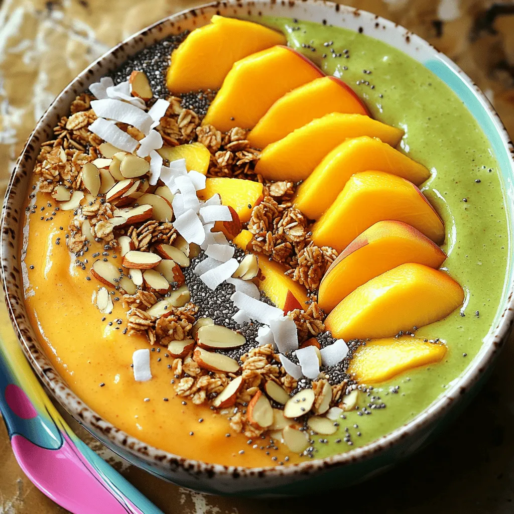 - Ripe peach (1) - Ripe mango (1) - Frozen banana (1) - Fresh spinach (1 cup) - Coconut milk (1 cup) - Sweetener (1 tablespoon honey or maple syrup, optional) - Granola - Sliced almonds - Coconut flakes - Fresh fruit slices (peach and mango) For this Peach Mango Smoothie Bowl, fresh fruits are key. You want a ripe peach and a ripe mango. Look for peaches that yield slightly when you press them. Choose mangoes that smell sweet and feel soft. A frozen banana adds creaminess and natural sweetness. Spinach brings a boost of nutrients without altering the taste. It blends well and keeps the vibrant color. For liquid, I use coconut milk. It gives a tropical flavor. You may use any milk you like. If you want a sweeter bowl, add honey or maple syrup. Just one tablespoon is enough. For toppings, get creative! Granola adds crunch. Sliced almonds give a nutty flavor. Coconut flakes enhance the tropical feel. Fresh fruit slices of peach and mango brighten your bowl. They make it look beautiful, too! To start, gather your ripe peach, mango, frozen banana, fresh spinach, coconut milk, chia seeds, and optional sweetener. Place all these ingredients in your blender. Mix them together until the blend is smooth and creamy. You want a nice, thick texture without any lumps. This base is the heart of your smoothie bowl. If your smoothie is too thick, don’t worry! Just add a splash more of coconut milk. Blend again until you reach the smoothness you like. A thicker smoothie makes for a heartier bowl, while a thinner one is easier to drink with a straw. Find what works for you! Now it’s time to serve! Pour the smoothie into a large bowl or divide it into two smaller bowls. This makes for a pretty presentation. Make sure to leave some space for your toppings. A well-arranged bowl is just as satisfying as a tasty one! To make the best peach mango smoothie bowl, you need ripe fruits. Look for peaches that are soft and fragrant. The skin should have a slight give when you press it gently. For mangoes, choose ones that are slightly soft, too. They should smell sweet at the stem end. Both fruits should have vibrant colors, not dull or green patches. Signs of ripeness for blending include: - Peaches: Deep yellow or red skin, soft touch - Mangoes: Golden-yellow skin, sweet aroma Using the right blender settings is key for a creamy texture. Start on low speed to combine the ingredients. Gradually increase to high speed. Blend until everything is smooth. If you see lumps, blend a bit longer. To avoid lumps, make sure: - All fruits are diced small - Use enough liquid, like coconut milk Arranging your toppings makes the bowl look beautiful. Start with a handful of granola in one section. Then sprinkle sliced almonds and coconut flakes. Finally, add fresh fruit slices artfully around the bowl. For serving suggestions, use a colorful spoon. Place an extra slice of peach or mango on the rim for a bright touch. A sprinkle of chia seeds adds extra flair. Enjoy your meal fresh for the best taste! {{image_2}} You can easily make your Peach Mango Smoothie Bowl dairy-free. Instead of coconut milk, try almond milk, oat milk, or cashew milk. Each of these options gives a unique taste that pairs well with peach and mango. If you have allergies, you can swap fruits too. Use apples or pears if you can't eat peaches or mangoes. Boost the health of your smoothie bowl by adding extra greens. A handful of kale or more spinach can add nutrients without changing the taste much. You can also add protein boosters. Mix in protein powder, Greek yogurt, or cottage cheese. These additions make your bowl more filling and nutritious. To make your bowl even tastier, add spices. A pinch of cinnamon can give warmth, or a drop of vanilla extract can enhance sweetness. For an extra health kick, try superfoods. You can sprinkle acai powder or matcha on top. These not only add flavor but also pack in nutrients. To store leftover smoothie, pour it into an airtight container. Seal it well and place it in the fridge. It will stay fresh for one day. When you are ready to enjoy it, give it a good shake or stir. This helps mix it back to its creamy state. Keeping toppings fresh is also key. Store them in separate containers. Use a zip-top bag for granola and a small bowl for sliced fruits. This way, they stay crispy and vibrant. If you slice fruits in advance, cover them with lemon juice. This keeps them from browning. Freezing smoothies is a great way to prepare meals ahead. Pour your smoothie into ice cube trays or freezer-safe bags. For best results, freeze in small portions. When you want to enjoy it, take out only what you need. To reheat and defrost, let it sit in the fridge overnight. If you’re in a hurry, use the microwave on low power. Stir it often to avoid hot spots. You can also blend the frozen smoothie cubes with a little milk to get a nice texture. To make a thicker smoothie bowl, use less liquid. Start with 1 cup of coconut milk and blend. If it’s too thin, add more spinach or a frozen banana. You can also try using more chia seeds. They soak up liquid and help thicken the mix. Blend until smooth, then check the texture. Yes, frozen fruits work great! They chill your smoothie bowl and make it thicker. Frozen peaches and mangoes will add sweetness. They also keep the bowl cold, which is perfect for a warm day. Plus, frozen fruits last longer, so you can enjoy them anytime. Toppings add fun and crunch! Try adding nuts like walnuts or pecans. Fresh berries like strawberries or blueberries work well too. You can also sprinkle granola or seeds for more texture. Coconut flakes add sweetness and a tropical touch. Get creative with your favorite toppings! This post covered how to make a delicious smoothie bowl. You learned about fresh and liquid ingredients, blending techniques, and tips for toppings. I shared ways to personalize your bowl with flavors and textures. Remember, select ripe fruits for the best taste and adjust the consistency for your preference. Smoothie bowls are fun, tasty, and easy to create. Enjoy experimenting with variations and toppings to find your favorite mix. Now, grab your fruits and start blending!