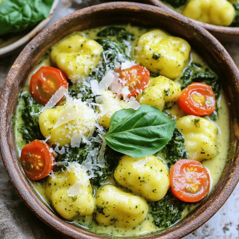 - 1 pound gnocchi (store-bought or homemade) - 2 cups fresh spinach, chopped - 1 cup heavy cream The main ingredients bring life to this dish. Gnocchi adds a delightful chewiness. You can buy it or make it from scratch. Fresh spinach offers a vibrant green color and nutrients. Heavy cream provides a rich, silky texture. - ½ cup basil pesto - 1 cup cherry tomatoes, halved - 1 cup grated Parmesan cheese Basil pesto adds a burst of flavor. It blends well with the cream. Cherry tomatoes bring a juicy sweetness. They also add color and freshness. Parmesan cheese gives a salty, nutty taste. It melts beautifully into the sauce. - 2 tablespoons olive oil - 3 cloves garlic, minced - Salt and pepper to taste Olive oil helps cook the garlic. It adds a nice base flavor. Garlic brings aroma and depth. It makes the dish smell amazing. Salt and pepper are essential for enhancing flavors. Adjust these to your taste. These ingredients come together to create a delicious, creamy dish. Each one plays a vital role. Enjoy the process of cooking and tasting along the way! - Sautéing the garlic Start by heating olive oil in a large skillet over medium heat. Add minced garlic and sauté for about 30 seconds. You want the garlic to smell nice, but not burn. - Browning the gnocchi Next, add the gnocchi to the skillet. Sauté for 2-3 minutes until the gnocchi turns golden brown. This step gives the gnocchi a nice texture. - Adding cream and pesto Pour in the heavy cream and stir well. Bring the mixture to a simmer. This helps the cream thicken just a bit. Then, add the basil pesto and mix until the gnocchi is fully coated. - Incorporating spinach and tomatoes Stir in the chopped spinach and halved cherry tomatoes. Cook for 3-4 minutes. The spinach will wilt, and the tomatoes will soften. This adds color and flavor to your dish. - Melting Parmesan cheese Gradually sprinkle in the grated Parmesan cheese. Stir constantly until it melts. This creates a creamy sauce that binds everything together. - Seasoning and resting Season the dish with salt and pepper to taste. Remove it from the heat and let it rest for a few minutes. This helps all the flavors mix well before serving. To achieve the perfect creaminess, start with heavy cream. It gives your dish a rich texture. After adding the cream, let it simmer gently. This helps it thicken without curdling. Stir often to keep it smooth. For the best way to sauté gnocchi, use medium heat. This prevents sticking and allows even browning. Toss them gently in the pan for about 2-3 minutes. Look for a light golden color to know they're ready. If you want an alternative to heavy cream, consider using half-and-half. It’s lighter but still creamy. You can also try coconut milk for a dairy-free option. For vegan choices, use cashew cream instead of heavy cream. For pesto, look for brands made without cheese. Nutritional yeast can replace Parmesan for that cheesy flavor. Pair your creamy pesto gnocchi with a fresh side salad. A simple mix of greens and cherry tomatoes works well. You could also serve garlic bread for a hearty meal. For presentation, serve in individual bowls. Top each bowl with extra Parmesan and a sprinkle of black pepper. Add fresh basil leaves for color and aroma. This makes your dish look as good as it tastes! {{image_2}} You can easily change this dish by adding protein or veggies. Here are some ideas: - Protein add-ins: Adding grilled chicken or sautéed shrimp gives a nice boost. These add flavor and make the meal heartier. - Vegetable variations: Try adding bell peppers or zucchini. Both add color and extra nutrition to the dish. Switching up the flavors can make this dish feel new and exciting. Consider these options: - Different pesto flavors: Use sun-dried tomato pesto or arugula pesto for a twist. Each brings a unique taste to the creamy base. - Spicy options: If you like heat, add red pepper flakes. This simple addition can elevate the flavor and make it more exciting. You can prepare this dish in different ways to suit your needs: - Instant Pot method: This method saves time. Just add all ingredients to the pot and let it do the work. You’ll still get creamy, delicious gnocchi. - Oven-baked variations: For a crispy top, bake the dish in the oven. Transfer it to a baking dish, top with extra cheese, and bake until golden. These variations make the dish flexible and fun. You can create your own version every time you make it! To keep your creamy pesto gnocchi fresh, store leftovers in the fridge. Use airtight containers to keep moisture in. If you have a lot, divide it into smaller portions. This makes it easy to reheat just what you need. It's best to eat leftovers within three days for the best taste. When reheating, do it slowly on low heat. Add a splash of cream or water to help keep it moist. Stir often to avoid sticking. You want the texture to stay creamy, not dry. If you heat it too fast, the sauce can break or become clumpy. Yes, you can freeze creamy pesto gnocchi. To freeze it, let it cool completely first. Then place it in a freezer-safe container or bag. Make sure to remove as much air as possible. When you're ready to eat, thaw it in the fridge overnight before reheating. This helps keep the flavors bright and fresh. Can I make this dish vegan? Yes, you can make this dish vegan. Use plant-based cream instead of heavy cream. For cheese, opt for a vegan alternative. Also, use vegan pesto. What can I substitute for gnocchi? You can use pasta shapes like shells or penne. You can also try dumplings or even zucchini noodles for a lighter option. How long does it take to cook? This dish takes about 25 minutes to cook from start to finish. Prep time is around 10 minutes, with cooking taking the remaining 15 minutes. How many servings does the recipe yield? This recipe yields four servings. It’s perfect for a small family or a cozy dinner with friends. Is it necessary to use fresh spinach? Using fresh spinach is best for flavor and texture. You can use frozen spinach if fresh isn't available, but drain it well to avoid excess moisture. Can I use jarred pesto? Yes, jarred pesto works well in this recipe. It saves time and still delivers great flavor. Just choose a good quality brand for the best taste. This blog post covered how to make a delicious creamy pesto gnocchi. We shared the key ingredients like gnocchi, spinach, and cream. I explained the cooking steps, tips for perfecting your dish, and variations to try. Don't forget about storing and reheating your leftovers for later. In conclusion, enjoy experimenting with this easy recipe. Feel free to mix ingredients and make it your own! Your taste buds will thank you.