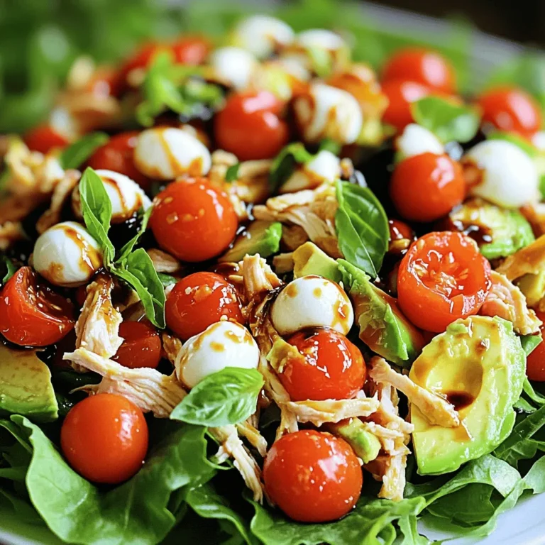 To make Caprese Avocado Chicken Salad, gather these fresh ingredients: - 2 cups cooked chicken breast, shredded - 1 ripe avocado, diced - 1 cup cherry tomatoes, halved - 1 cup fresh mozzarella balls, halved - 1/4 cup fresh basil leaves, torn - 2 tablespoons balsamic glaze - 2 tablespoons olive oil - Salt and pepper to taste - Optional: Mixed greens for serving For the best flavor, I recommend using these brands: - Chicken: Look for Perdue or Bell & Evans for high-quality chicken. - Avocado: Hass avocados from California are creamy and delicious. - Mozzarella: Try Galbani or BelGioioso for fresh mozzarella balls. - Balsamic Glaze: Use Colavita or Pompeian for rich and tasty glaze. - Olive Oil: Opt for extra virgin olive oil from California or Italy. This salad is not just tasty; it is also good for you. Here’s a quick look at the health benefits: - Chicken: High in protein, supports muscle growth and repair. - Avocado: Packed with healthy fats, good for heart health and skin. - Tomatoes: Full of vitamins and antioxidants, great for immunity. - Mozzarella: Provides calcium and protein, supports bone health. - Basil: Contains antioxidants, may help reduce inflammation. - Olive Oil: Rich in monounsaturated fats, can lower bad cholesterol. This salad combines flavors and nutrition for a perfect dish. It’s fresh and bright, great for any meal! Start with your cooked chicken. Shred it into bite-sized pieces. You can use leftover chicken or rotisserie chicken for ease. Next, take a ripe avocado. Cut it in half, remove the pit, and dice the flesh. Then, grab some cherry tomatoes. Halve them for a sweet burst in every bite. Lastly, take fresh mozzarella balls and halve those too. Don't forget the fresh basil leaves; tear them into smaller pieces for a nice flavor. In a small bowl, combine balsamic glaze and olive oil. Whisk them together until they blend well. Add salt and pepper to taste. This simple dressing boosts the salad's flavor. You can adjust the amount of balsamic glaze based on your taste preference. A bit more can add a sweet tang. In a large mixing bowl, combine the shredded chicken, diced avocado, halved tomatoes, mozzarella balls, and torn basil leaves. Drizzle your dressing over the top. Toss everything gently, ensuring every piece gets coated. You can taste and adjust the seasoning if needed. For a nice touch, serve the salad over mixed greens or in individual bowls. This makes it look more vibrant and inviting. When picking avocados, look for a few signs. First, check the skin color. A dark green or almost black color usually means it’s ripe. Next, gently squeeze the avocado. It should feel soft but not mushy. If it feels hard, it needs more time to ripen. Lastly, check the stem. If it pops off easily and is green underneath, the avocado is ripe and ready. To shred chicken easily, use cooked chicken breast. Let it cool slightly before shredding. You can use two forks to pull the chicken apart. If you have a stand mixer, use the paddle attachment for a quick shred. Just be careful not to over-shred, or it may turn mushy. Ensure the chicken is evenly shredded for the best texture in your salad. If you want to prepare this salad in advance, follow these tips. Combine all ingredients except for the avocado and dressing. This keeps everything fresh. Store the salad in an airtight container in the fridge. When ready to serve, add the avocado and drizzle the dressing. This way, your salad stays bright and fresh, ready to impress your family or guests. {{image_2}} You can add fruits to your Caprese Avocado Chicken Salad for a twist. Mango adds sweetness and a tropical vibe. Strawberries bring a fresh taste and a pop of color. Both fruits pair well with avocado and tomatoes. Try adding a cup of diced mango or sliced strawberries. This gives your salad a fun and fruity flair. If you want to change the protein, use tuna or tofu. Tuna has a firm texture and a rich flavor. It works well with the salad ingredients. For a plant-based option, use tofu. Tofu absorbs flavors well, making it a great choice. Just make sure to press and cube it before adding. While balsamic glaze is tasty, you can try different dressings. A simple vinaigrette made with olive oil and lemon juice works great. You can also use a creamy herb dressing. These options add new flavors and keep your salad exciting. Experiment with different dressings to find your favorite! To keep your Caprese Avocado Chicken Salad fresh, store it in an airtight container. This helps prevent air and moisture from ruining the flavors. Make sure to separate the dressing from the salad if you plan to eat it later. This way, the salad stays crisp and tasty. The salad will last in the fridge for about 2 days. After that, the avocado may turn brown and mushy. Always check for any off smells or changes in texture before eating. If the salad looks or smells strange, it's best to throw it away. To refresh your stored salad, add a squeeze of fresh lemon juice. This brightens the flavors and helps combat browning. You can also mix in more fresh basil or a touch of olive oil to enhance taste. If you have leftover dressing, drizzle some over the salad to bring it back to life. Enjoy your meal! Yes, you can use store-bought rotisserie chicken. It saves time and adds great flavor. Just shred the chicken and mix it into your salad. Look for a plain, simple seasoning on the chicken for the best taste. This option makes the recipe quick and easy. If you don't have balsamic glaze, try balsamic vinegar. Mix it with a bit of honey to mimic the glaze's sweetness. You can also use a citrus vinaigrette for a bright twist. Both choices keep the salad tasty and fresh. Yes, this salad works well for meal prep. Store the salad in airtight containers in the fridge. Keep the dressing separate until ready to eat. This way, the salad stays crisp and fresh. Enjoy it throughout the week for a healthy meal! This article covered how to make Caprese Avocado Chicken Salad. You learned about essential ingredients, brand suggestions, and their nutritional value. We discussed simple steps to prepare the dish and serve it well. I shared tips on ripening avocados and shredding chicken, plus ideas for variations. Finally, we looked at storing leftovers and answered common questions. Enjoy making this fresh salad. It's healthy, tasty, and easy to customize!