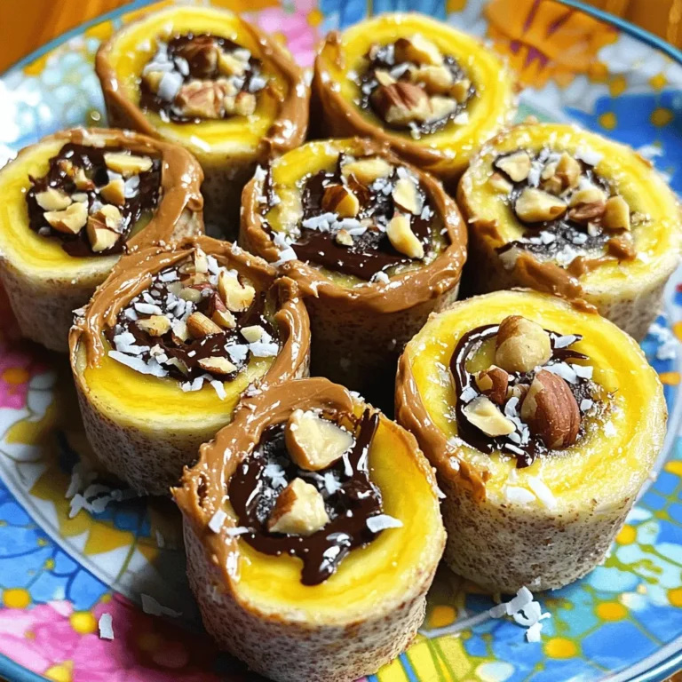 To make chocolate peanut butter banana sushi, gather these items: - 2 large ripe bananas - 2 tablespoons creamy peanut butter - 2 tablespoons dark chocolate spread - 1 large whole wheat tortilla or flatbread - 1 tablespoon chopped nuts (e.g., almonds or walnuts) - 1 tablespoon shredded coconut (optional) - A splash of honey (optional) This fun treat is not just tasty; it's also packed with nutrients! Each serving offers: - Calories: About 300 - Protein: 8 grams - Fat: 14 grams - Carbohydrates: 40 grams - Fiber: 6 grams The bananas provide potassium, while the nuts add healthy fats. This snack gives you energy without too much sugar. You can switch up ingredients based on your taste or needs: - Use almond butter instead of peanut butter for a nut-free option. - Try using a spinach wrap if you want a green twist. - Swap the dark chocolate spread with Nutella or any favorite chocolate spread. - For a vegan treat, skip the honey or use agave syrup instead. - If you can't find whole wheat tortillas, any flatbread will work. These options let you enjoy this recipe in different ways! To start, grab two large ripe bananas. The riper the bananas, the sweeter they are. Next, lay a large whole wheat tortilla on a clean surface. This is where the magic happens! Using a spatula, spread two tablespoons of creamy peanut butter all over the tortilla. Make sure to cover every inch. Then, drizzle two tablespoons of dark chocolate spread on top. Use the back of the spatula to swirl the chocolate into the peanut butter for a fun mix. Now, take your bananas and place them at one edge of the tortilla. Roll the tortilla tightly around the bananas. Keep it snug, just like sushi. This helps hold everything together. If it feels loose, just roll it a bit tighter. You want a nice, even roll to keep those tasty fillings inside. Once you have your rolled tortilla, it’s time to slice! Use a sharp knife to cut the roll into bite-sized pieces, about one inch thick. Lay the pieces on a plate. For extra crunch, sprinkle some chopped nuts on top. You can also add shredded coconut if you want to get a little fancy. If you like it sweet, drizzle a bit of honey over the top. It adds a nice touch! When picking peanut butter, choose creamy for easy spreading. Natural peanut butter adds great taste without extra sugar. If you like a crunch, go for chunky. Just remember, stick with a brand that you enjoy. To roll the tortilla well, start from one edge. Keep the bananas close to that edge. Roll it tightly but not too tight. A loose roll will make it hard to slice. Use a sharp knife to cut into even pieces. Serve your banana sushi on a bright plate. You can stand the pieces up or lay them flat. For extra flair, drizzle chocolate or honey on top. Add a few berries or mint leaves for color. {{image_2}} You can change the spread on your sushi. Instead of creamy peanut butter, try almond or cashew butter. These nut spreads add a new taste and texture. You can also mix in a little honey for extra sweetness. If you like it spicy, add a pinch of cinnamon or a dash of cayenne pepper. This spice will give your sushi a fun kick! Bananas are great, but other fruits work well too. Try using strawberries, apples, or mango slices. Each fruit brings its own flavor. For a tropical twist, add pineapple. Just make sure the fruit is ripe and fresh. This keeps the sushi tasty and fun to eat. You can even use a mix of fruits for a colorful treat! You can make this sushi to fit different diets. If you need it gluten-free, use a gluten-free wrap or rice paper. This makes it safe for those with gluten allergies. For a lower-calorie option, swap the spreads for yogurt. This gives a creamy texture without the extra calories. Make these small changes to enjoy a treat that fits your needs! To store leftover banana sushi, wrap it in plastic wrap. Place it in an airtight container. This keeps it fresh for up to two days. If you want to keep the nuts and coconut crispy, store them separately. You can add them just before serving. You do not need to reheat banana sushi. It tastes best cold or at room temperature. If you want to enjoy it warm, you can briefly microwave it for 10 seconds. Just be careful not to heat it too long, or it may get mushy. Banana sushi is best served fresh. However, you can enjoy it within two days if stored right. The flavors blend nicely after a few hours. If you make this treat in advance, it still tastes great! Just remember to add nuts and coconut before serving for extra crunch. Yes, you can use other types of tortillas. Flour and corn tortillas work well. You can also try spinach or tomato tortillas for added color. Each type gives a unique taste and look to your sushi. Experimenting can make it fun and personal. To make it vegan, switch the dark chocolate spread for a vegan option. Use maple syrup instead of honey for sweetness. Make sure the peanut butter has no added dairy. These small changes keep the dish tasty and plant-based. Pair your chocolate peanut butter banana sushi with fresh fruit. Strawberries or blueberries add a nice touch. You could also serve it with yogurt for dipping. A glass of almond milk complements the flavors well. Enjoy mixing and matching your favorites! In this blog post, we covered the key ingredients and steps to make delicious tortillas filled with peanut butter and fruit. We explored substitutions, storage tips, and offered variations to suit your taste. Remember, you can use different nut spreads and fruits to change things up. Proper storage will keep your leftovers fresh, and reheating is easy. With these tips in mind, make your next snack fun and nutritious! Enjoy your creations.