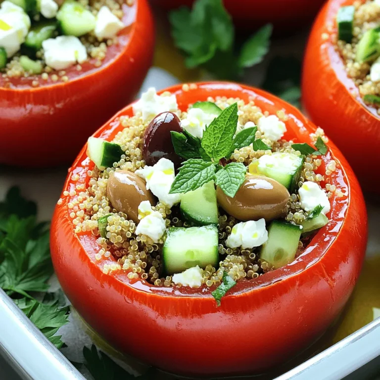 For this dish, you will need: - 4 large ripe tomatoes - 1 cup quinoa, rinsed - 2 cups vegetable broth - 1/2 cup feta cheese, crumbled - 1/2 cup Kalamata olives, pitted and chopped - 1/4 cup red onion, finely chopped - 1 cucumber, diced - 2 cloves garlic, minced - 1/4 cup fresh parsley, chopped - 2 tablespoons fresh lemon juice - 1 teaspoon dried oregano - Salt and pepper to taste - Olive oil for drizzling - Fresh mint for garnish (optional) These ingredients combine to create a fresh and vibrant meal. The quinoa adds protein and texture. The olives and feta give it that classic Greek flavor. To make your dish even better, consider these garnishes: - Fresh mint leaves - Extra crumbled feta cheese - A drizzle of olive oil - Lemon zest for brightness These garnishes enhance the dish’s look and taste. Mint adds a fresh kick, while lemon zest brings a bright finish. This recipe can fit many diets. Here are some notes: - Vegetarian: The dish is vegetarian due to the use of quinoa and vegetables. - Gluten-Free: Quinoa is naturally gluten-free, making this dish safe for those with gluten issues. - Dairy-Free Option: You can skip the feta cheese or use a dairy-free alternative. These options allow more people to enjoy this meal. It’s flexible and can fit various dietary needs. Start by rinsing 1 cup of quinoa under cold water. Rinsing helps remove bitter flavors. In a saucepan, combine the rinsed quinoa and 2 cups of vegetable broth. Bring the mix to a boil. After boiling, reduce the heat. Cover the pan and let it simmer for about 15 minutes. The quinoa will become fluffy when done. Make sure all the broth is absorbed. Next, take 4 large ripe tomatoes. Slice off the tops carefully. Use a spoon to scoop out the insides. Be gentle to keep the tomato shells intact. Save the pulp you remove. You will mix it with the filling later. This step makes space for the tasty quinoa mix. In a large mixing bowl, combine the cooked quinoa with 1/2 cup crumbled feta cheese. Add 1/2 cup chopped Kalamata olives, 1/4 cup finely chopped red onion, and 1 diced cucumber. Stir in 2 minced garlic cloves and 1/4 cup chopped parsley. Pour in 2 tablespoons of fresh lemon juice and sprinkle 1 teaspoon of dried oregano. Finally, add the pulp from the tomatoes. Mix everything well and season with salt and pepper to taste. Now it’s time to stuff the tomatoes. Carefully fill each hollowed tomato with the quinoa mixture. Pack it in lightly with a spoon. Place the stuffed tomatoes upright in a baking dish. Drizzle a little olive oil on top of each tomato. Cover the dish with foil and bake at 375°F (190°C) for 25 minutes. After that, remove the foil and bake for another 10 minutes. The tomatoes should be tender and slightly caramelized. Let them cool for a few minutes before serving. Enjoy your delicious Greek quinoa stuffed tomatoes! When picking tomatoes, look for large, ripe ones. They should feel heavy for their size. Check for smooth skin with no cracks. The color should be bright and even. Heirloom tomatoes are great for flavor. They add a unique taste to your dish. Always smell the tomato; it should smell fresh and sweet. Start with rinsing your quinoa. This removes the bitter taste. For every cup of quinoa, use two cups of broth. Bring it to a boil and then lower the heat. Cover the pot and let it simmer for about 15 minutes. The quinoa is ready when it looks fluffy and the liquid is gone. If it seems too hard, add a splash of water and cook a bit longer. Serve your stuffed tomatoes warm for the best flavor. They go well with a simple green salad. Add a drizzle of balsamic vinegar for a nice touch. A slice of crusty bread pairs well too. You can also enjoy them with a glass of white wine. If you want a fun twist, serve them with tzatziki sauce on the side. {{image_2}} To make your Greek quinoa stuffed tomatoes vegan, skip the feta cheese. Use a plant-based cheese instead. You can also add nutritional yeast for a cheesy flavor. This keeps the dish rich and tasty without dairy. This recipe is already gluten-free! Quinoa is a great choice since it’s a gluten-free grain. Just make sure that all your other ingredients, like vegetable broth and olives, are gluten-free too. You can add more ingredients to make the dish pop. Try adding pine nuts or walnuts for crunch. Chopped bell peppers bring a sweet taste. You can also mix in some sun-dried tomatoes for an extra layer of flavor. These additions make your stuffed tomatoes more exciting and delicious. To store leftover stuffed tomatoes, place them in an airtight container. Make sure they cool before sealing. Keep them in the fridge for up to three days. This keeps the flavors fresh and the tomatoes tender. You can freeze stuffed tomatoes for a longer shelf life. First, let the tomatoes cool completely. Wrap each tomato in plastic wrap or foil. Then, place them in a freezer-safe bag. They can stay frozen for up to three months. When you're ready to eat, just thaw them overnight in the fridge. To reheat stuffed tomatoes, preheat your oven to 350°F (175°C). Place the tomatoes in a baking dish. Cover them with foil to keep them moist. Heat for about 20-25 minutes, or until they are warmed through. You can also use a microwave for quicker reheating. Just be careful not to overcook them. Enjoy your tasty leftovers! You will know the stuffed tomatoes are done when they are soft and slightly caramelized. The cooking time is about 35 minutes total in the oven. The tomatoes should look tender but still hold their shape. If they seem too firm, bake them a bit longer. Yes, you can use other grains like rice or farro. Each grain has its own texture and flavor. Just adjust the cooking time based on the grain you choose. Make sure to cook the grains before mixing them with the filling. If you want to skip feta cheese, try using goat cheese or even vegan cheese. These options give you a different taste but still work well in the recipe. You can also use ricotta for a creamier texture. Absolutely! You can prepare the stuffing and hollow the tomatoes a day in advance. Just store the stuffing in the fridge. When you are ready, stuff the tomatoes and bake them. This makes for an easy and quick dinner. In this blog post, we covered how to make Greek quinoa stuffed tomatoes. You learned about the best ingredients, step-by-step instructions, and useful tips. We explored variations for special diets and how to store leftovers. Making these stuffed tomatoes is fun and easy. Remember, they can be a delicious meal for many diets. Enjoy creating this dish and sharing it with others!