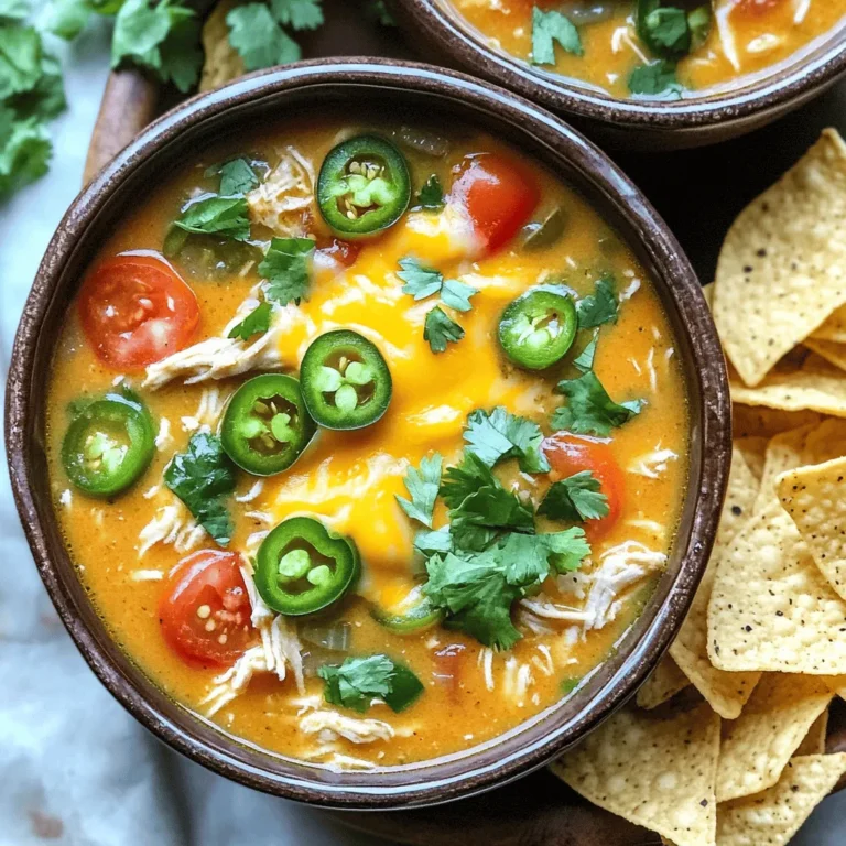 In this section, I’ll share the key ingredients you need for Slow Cooker Jalapeño Popper Chicken Soup. Each item brings a unique flavor that makes this soup a true delight. - 1 lb boneless, skinless chicken breasts - 4 cups chicken broth - 1 can (10 oz) diced tomatoes with green chilies - 1 cup cream cheese, softened - 1 cup shredded cheddar cheese - 1 cup corn (frozen or fresh) - 2 jalapeños, seeds removed and diced - 1 small onion, diced - 2 cloves garlic, minced - 1 teaspoon cumin - 1 teaspoon smoked paprika - Salt and pepper to taste - Fresh cilantro (for garnish) - Tortilla chips (for serving) Each ingredient serves a purpose. The chicken provides protein, while the broth adds depth. The tomatoes with green chilies give a kick of heat. Cream cheese and cheddar make the soup creamy and rich. Jalapeños bring a spicy twist, and corn adds a sweet crunch. When you gather these ingredients, think about freshness. Fresh vegetables and good-quality chicken can make a big difference in taste. If you want to customize this soup, you can swap the chicken for turkey or even beef. You can also make it dairy-free by using coconut cream instead of cream cheese. Use this list as your guide, and get ready to create a warm, comforting bowl of soup that everyone will love! 1. Start by placing the chicken breasts at the bottom of your slow cooker. This step ensures even cooking. 2. Next, add the chicken broth. It forms the base of the soup. 3. Now, stir in the diced tomatoes with green chilies, corn, jalapeños, onion, and garlic. Each ingredient adds its own flavor. 4. Season the mix with cumin, smoked paprika, salt, and pepper. These spices bring warmth and depth. 1. Cover the slow cooker with its lid. Cook on low for 6 hours or on high for 3 hours. This slow cooking helps the flavors blend well. 2. Once the chicken is cooked, remove it. Use two forks to shred it into bite-sized pieces. 3. Return the shredded chicken to the pot. 4. Add both the cream cheese and cheddar cheese. Stir until they melt and mix into the soup. 1. Taste the soup and adjust the seasoning as needed. You want it just right. 2. Let the soup cook on low for an additional 30 minutes. This step helps all the flavors meld together perfectly. Using frozen corn works well in this soup. It saves time and adds sweet flavor. Fresh corn can also be used if you prefer. Simply cut it off the cob. For cheese melting, add cream cheese first. Stir it in well before adding the cheddar cheese. This helps create a smooth and creamy texture. To adjust spice levels, add more or fewer jalapeños. If you like it spicy, include the seeds. For a milder soup, remove all seeds. You can add toppings like more cheese or crispy bacon. Fresh cilantro adds a nice touch too. Serve the soup in deep bowls for a great look. Garnish with fresh cilantro for color. A sprinkle of extra cheese works well too. Pair the soup with crunchy tortilla chips. They add a nice crunch and make it fun to eat. {{image_2}} You can switch up the meat in this soup. If you prefer turkey, use ground turkey instead of chicken. For a beef option, try shredded beef. Both will work well with the other flavors. If you need a dairy-free soup, there are options. Use a dairy-free cream cheese. You can also swap the cheddar cheese for a dairy-free version. This keeps the creamy taste without the dairy. To change the flavor, add spices like chili powder or cayenne pepper. These will give the soup a nice kick. Fresh herbs like thyme or oregano can also add depth to the taste. Incorporating other vegetables can make this soup more colorful. Try adding bell peppers, zucchini, or even spinach. Each will add its own unique flavor and texture. If you want a thicker soup, add more cream cheese or blend some of the soup. This will give it a rich and creamy texture. You can also add more corn for thickness. To make it brothier, simply add more chicken broth. This will make the soup lighter and easier to sip. Adjust the amount of cheese to keep the flavor balanced. You can decide if you want a creamy or chunky soup. For creamy, ensure all cheese melts well. If you prefer chunky, leave some chicken pieces and corn whole. Each way tastes great! After you make this soup, let it cool first. Place it in an airtight container. This helps keep the soup fresh. You can use glass or plastic containers. Glass is great for reheating, but plastic is lighter. Store the soup in the fridge for up to five days. To freeze the soup, let it cool completely. Pour it into freezer-safe bags or containers. Remove as much air as possible to avoid freezer burn. Label the bags with the date. You can freeze the soup for up to three months. When you want to eat it, thaw it overnight in the fridge. Reheat it on the stove or in the microwave. Stir it well to mix the ingredients. In the fridge, the soup lasts about five days. In the freezer, it can last up to three months. Check for signs of spoilage. If you see mold or a strange smell, throw it away. Always trust your senses. If something seems off, don't eat it. Cook this soup for 6 hours on low or 3 hours on high. The low setting lets the flavors blend well. It makes the chicken tender and juicy. If you are short on time, the high setting works just fine. I often suggest the low setting for the best taste. Yes, you can make this soup ahead. Prepare it and let it cool. Store it in the fridge for up to three days. When you are ready to eat, reheat it on the stove or in the microwave. Stir well to make sure it heats evenly. For leftovers, let the soup cool first. Use an airtight container for best results. This keeps the soup fresh longer. Store it in the fridge for up to three days. If you want to keep it longer, freeze it in portions. Just thaw and reheat when ready to enjoy. The spice level depends on the jalapeños. If you like it mild, remove all the seeds and membranes. For more heat, leave some seeds in. You can also add extra jalapeños or hot sauce to increase the spice. Adjust it to fit your taste. Yes, you can use canned chicken. Drain and rinse it first. You can add it in during the last hour of cooking. This way, it heats through and blends with the soup. This makes it a quick meal option when you are short on time. This blog post covers how to make a tasty Slow Cooker Jalapeño Popper Chicken Soup. We discussed the key ingredients, step-by-step cooking instructions, and tips to enhance texture and flavor. There are also variations and storage tips to help you adapt the recipe. Final thoughts: This soup is versatile, easy to prepare, and packed with flavor. You can customize it to suit your tastes. Enjoy making it your own!