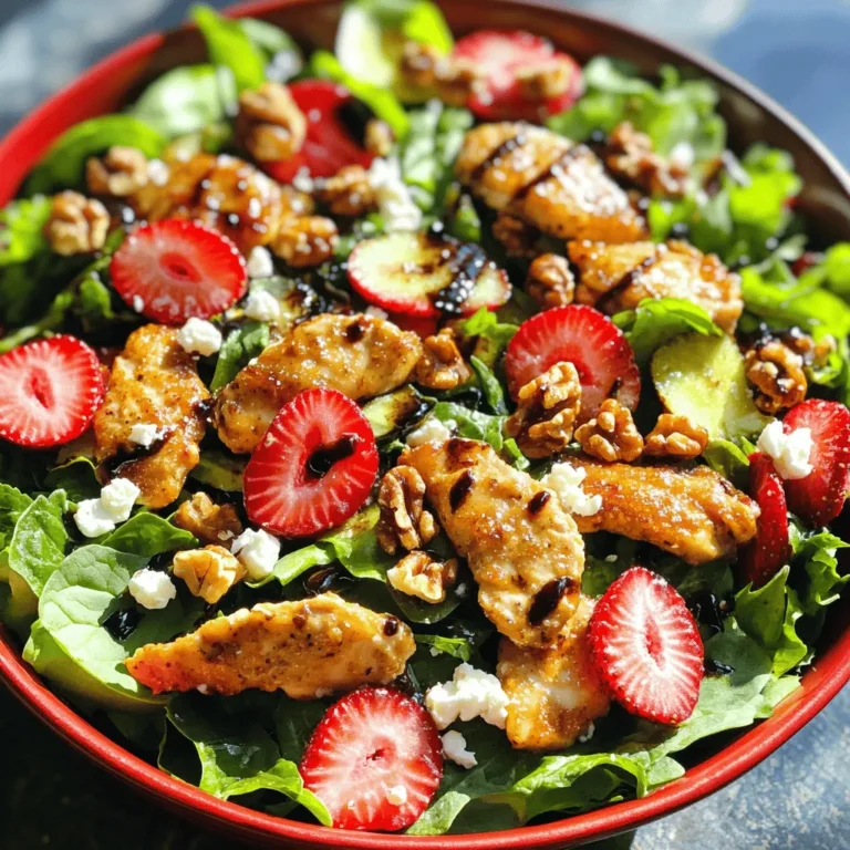 - 2 boneless, skinless chicken breasts - 1 cup fresh strawberries, sliced - 4 cups mixed greens - 1/4 cup balsamic vinegar - 2 tablespoons olive oil - 1 tablespoon honey - 1 teaspoon Dijon mustard - 1/3 cup feta cheese, crumbled - Toasted walnuts or pecans for garnish - Salt and pepper to taste For this salad, you need lean chicken, fresh strawberries, and mixed greens. The chicken gives protein, while strawberries add sweetness. Mixed greens offer a nice crunch and freshness. The dressing pulls it all together. Balsamic vinegar gives a tangy kick. Olive oil adds richness. Honey balances the tartness, and Dijon mustard gives a punch. If you want to enhance flavors, feta cheese adds creaminess. Nuts provide a crunchy finish. Salt and pepper bring everything to life. You can mix and match these ingredients as you like. Enjoy your cooking! First, season the chicken breasts with salt and pepper. This simple step adds flavor. Next, heat a skillet over medium heat. Add one tablespoon of olive oil to the skillet. Cook the chicken for about six to seven minutes on each side. You want it to be fully cooked and golden brown. After cooking, remove the chicken from the heat and let it cool. Slice the chicken into strips for easy mixing. To make the dressing, grab a small bowl. Whisk together balsamic vinegar, one tablespoon of olive oil, honey, and Dijon mustard. Mix until smooth and well combined. Emulsifying the dressing helps all the flavors blend together. This step is key for a tasty salad. Now it’s time to build your salad! Start with a large salad bowl. Place the mixed greens in the bowl as the base. Next, scatter the sliced strawberries over the greens. Then add the sliced chicken on top. Finally, sprinkle crumbled feta cheese across the salad. Drizzle the balsamic dressing over the salad. Use a spoon to ensure even coverage. Gently toss the salad to mix all the ingredients without bruising the strawberries. If you like, garnish with toasted walnuts or pecans for extra crunch. Enjoy your fresh and tasty treat! To cook chicken well, start by seasoning it with salt and pepper. This simple step adds great flavor. Use medium heat in your skillet. Add one tablespoon of olive oil. Cook the chicken for 6 to 7 minutes on each side. Look for a golden brown color, and make sure it is fully cooked. To avoid dry chicken, let it rest for a few minutes after cooking. This helps the juices stay inside the meat. You can boost the flavor of your dressing by adding herbs or spices. Try fresh basil, thyme, or oregano for a tasty twist. If you want a sweeter dressing, you can swap honey for maple syrup. For a zesty kick, use spicy mustard instead of Dijon. These small changes can create a new flavor profile for your salad. This salad pairs well with crusty bread or a light soup. If you want extra protein, serve it with a side of quinoa. For meal prep, you can make this salad ahead of time. Just keep the dressing separate until you are ready to eat. This keeps your greens fresh and crisp. {{image_2}} You can change this salad based on the season. Adding other fruits can bring new flavors. Try peaches or blueberries in summer. In fall, add apples for crunch. Each fruit adds its own sweet touch. For greens, you don’t have to stick to one type. Spinach works well, but so does arugula. You can even use kale for a hearty base. Mixing different greens adds color and taste. If you want to switch proteins, grilled shrimp makes a great option. Just cook them until they turn pink. Tofu is another choice for a plant-based twist. You can marinate it for extra flavor. Using rotisserie chicken is a smart time-saver. It’s already cooked, so just shred it and toss it in. This makes meal prep quick and easy. For gluten-free diners, ensure your dressing is safe. Check labels on vinegar and mustard. Most are gluten-free, but always verify. If you need a vegetarian or vegan option, skip the chicken and feta. Use chickpeas for protein instead. They add a nice texture and flavor. Swap honey for agave syrup to keep it vegan. To keep your Balsamic Strawberry Chicken Salad fresh, store it in an airtight container. This helps prevent air from making the greens wilt. If you have extra dressing, store it separately. This way, the salad stays crisp, and the flavors stay bright. When reheating leftover chicken, place it in a skillet over low heat. Add a splash of water to keep it moist. Cover the skillet to trap steam, which helps warm the chicken gently. Avoid microwaving as it can make the chicken tough. Always add the chicken back to the salad when you are ready to eat. This salad can last up to three days in the fridge. Make sure to check for any signs of spoilage. Look for a sour smell or slimy greens. If you see these signs, it’s best to throw it away. Enjoy your salad within the first two days for the best taste! You can use frozen strawberries in a pinch. However, they will change the salad's flavor and texture. Frozen strawberries lose some firmness when thawed. They can become mushy and may not taste as bright. I suggest using fresh strawberries for the best taste and crunch. To make this salad vegan, swap the chicken for grilled tofu or chickpeas. You can replace feta cheese with a vegan cheese or avocado. For the dressing, use maple syrup instead of honey. These swaps will keep the salad delicious and plant-based. This salad pairs well with crusty bread or a light soup. You can also serve it with a refreshing drink, like iced tea or lemonade. These options balance the salad’s sweet and savory flavors perfectly. You can prep this salad in advance. Cook the chicken and store it in the fridge. Keep the salad greens and strawberries separate until serving. Mix the dressing in a jar and shake it when you are ready to eat. This way, everything stays fresh and tasty. This blog shared a simple and tasty Balsamic Strawberry Chicken Salad recipe. We covered key ingredients, preparation steps, and helpful tips. Making this salad is easy and fun. You can change the flavors or ingredients based on what you have. Keep leftovers fresh by storing them right. Enjoy your healthy meal with friends or family. Whether you’re cooking for yourself or a group, this salad is sure to please. Get creative and have fun in the kitchen!