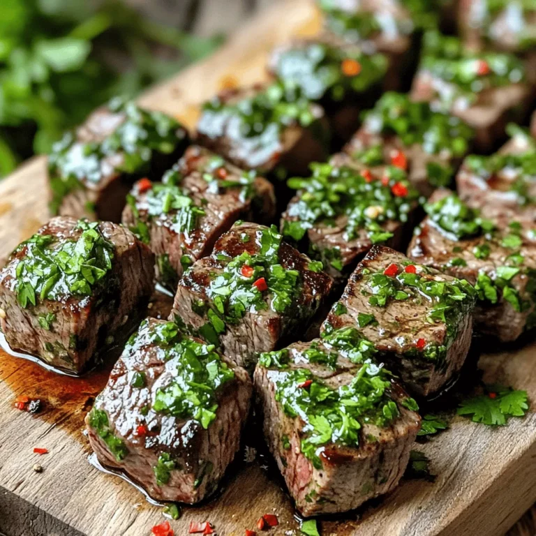 To make Air Fryer Chimichurri Steak Bites, you need fresh and simple ingredients. Here’s the list: - 1 lb sirloin steak, cut into 1-inch cubes - 2 tablespoons olive oil - Salt and pepper to taste - 1 cup fresh parsley, finely chopped - 1/4 cup fresh cilantro, finely chopped - 3 cloves garlic, minced - 1 teaspoon red pepper flakes - 1 tablespoon red wine vinegar (or apple cider vinegar) - Juice of 1 lemon Each ingredient plays a key role in the dish. The sirloin steak gives you rich flavor and tender bites. The olive oil helps with cooking and adds richness. Salt and pepper bring out the meat's natural taste. Herbs like parsley and cilantro make the chimichurri bright and fresh. Garlic adds depth, while red pepper flakes give a nice kick. Vinegar and lemon juice balance everything with acidity. Using fresh ingredients is important. They enhance the dish and make it taste great. When you gather these items, you prepare for a flavorful cooking experience. To start, gather your fresh herbs. You will need parsley and cilantro. Chop them finely. Next, take three cloves of garlic and mince them well. In a bowl, combine the chopped herbs, garlic, red pepper flakes, vinegar, and lemon juice. Mix everything thoroughly. This will create a bright, zesty chimichurri sauce. You want a smooth texture; make sure all ingredients blend well. Now, let's move on to the steak. Take one pound of sirloin steak and cut it into 1-inch cubes. Place the steak cubes in a large bowl. Drizzle them with two tablespoons of olive oil. Sprinkle salt and pepper to taste. Toss the cubes gently to coat them evenly. Next, add half of your chimichurri sauce to the steak. Mix it well and let it marinate for at least 30 minutes. This helps the flavors soak in. While you wait, preheat your air fryer to 400°F (200°C) for about five minutes. Once it's ready, place the marinated steak bites in the air fryer basket. Arrange them in a single layer, giving them room to cook. Air fry the steak for about 8 to 10 minutes. Make sure to shake the basket halfway through. This helps them cook evenly. After cooking, check if they are done to your liking. Let the steak bites rest for a couple of minutes before serving. Drizzle the reserved chimichurri sauce on top for a fresh finish. Enjoy your flavorful steak bites! For these steak bites, I recommend using sirloin. Sirloin has great flavor and tenderness. It cooks well in the air fryer. Other cuts, like ribeye or tenderloin, can work too. They may cost more, but they offer rich taste. Look for marbling in the meat; it adds juiciness. To get your steak bites just right, aim for medium rare to medium. Use a meat thermometer for best results. Here are some key temperatures: - Rare: 125°F (51°C) - Medium Rare: 135°F (57°C) - Medium: 145°F (63°C) Cook your steak bites for about 8-10 minutes. Shake the basket halfway through cooking. This helps them cook evenly. Let them rest for a few minutes before serving. This keeps them juicy and tasty. While chimichurri adds a lot of taste, you can boost it even more. Try adding spices like cumin or smoked paprika to the steak. You can also use different herbs like oregano or basil in the chimichurri. If you like heat, consider more red pepper flakes. Marinades with soy sauce or lime juice can also add a nice kick. {{image_2}} You can swap out sirloin steak for chicken or tofu. Chicken thighs work well and stay juicy. Cut them into bite-sized pieces, just like you would the steak. For tofu, use firm or extra-firm. Press out extra water, then cube the tofu. Marinate with the same chimichurri sauce for flavor. Both options will give you a tasty twist. Chimichurri is versatile! You can try different herbs for new tastes. Fresh oregano or basil can brighten the sauce. Add a pinch of cumin for warmth or a dash of smoked paprika for depth. If you like it spicy, increase the red pepper flakes. Feel free to experiment until you find your favorite mix. These steak bites are great on their own, but you can enhance your meal. Serve them with rice or quinoa for a hearty dish. Roasted veggies add color and nutrition. You can also pair them with dipping sauces like ranch or a spicy aioli for extra flavor. Enjoy finding the perfect sides! To keep your Air Fryer Chimichurri Steak Bites fresh, store them in an airtight container. Place a piece of parchment paper between layers if you stack them. This helps prevent sticking. Refrigerate the leftovers within two hours of cooking. For longer storage, freeze them. Use freezer-safe bags or containers. Remember to remove as much air as possible. This helps avoid freezer burn. When you're ready to enjoy your leftovers, reheating is key. The best way is in the air fryer. Preheat to 350°F (175°C). Place the steak bites in the basket for about 5 minutes. Check to ensure they heat evenly. If using a microwave, place them on a microwave-safe plate. Heat for 1 minute, then check. Stir or flip them for even heating. Avoid overcooking, as it can dry out the steak. In the fridge, your steak bites stay fresh for about 3 days. If frozen, they last for up to 2 months. Always check for any off smells or changes in texture before eating. If they look or smell odd, it's best to toss them out. Enjoy your flavorful bites while they are still at their best! Yes, you can make chimichurri sauce ahead of time. Store it in a sealed container in the fridge. It stays fresh for up to one week. The flavors deepen and improve if you let it sit for a day. Just remember to give it a good stir before using. One common mistake is overcooking the steak bites. This can make them tough. Aim for medium rare to medium doneness for the best texture. Another mistake is under-seasoning. Don’t be shy with salt and pepper. It enhances the flavor of the steak and the sauce. Yes, you can grill or pan-sear the steak bites instead of air frying. If grilling, preheat your grill to medium-high heat. Cook for about 7-9 minutes, turning until done. For pan-searing, heat a skillet over medium-high heat. Cook the steak bites for about 5-7 minutes, flipping halfway. Adjust cooking times based on the thickness of the meat. This post covered everything you need to create delicious steak bites with chimichurri. We went through important ingredients and step-by-step instructions to prepare and cook them perfectly. I shared tips to pick the best steak and avoid common mistakes. You can even explore variations to suit your taste. I hope you feel ready to try this dish and impress your family and friends. Enjoy your cooking and use this recipe to make great meals!