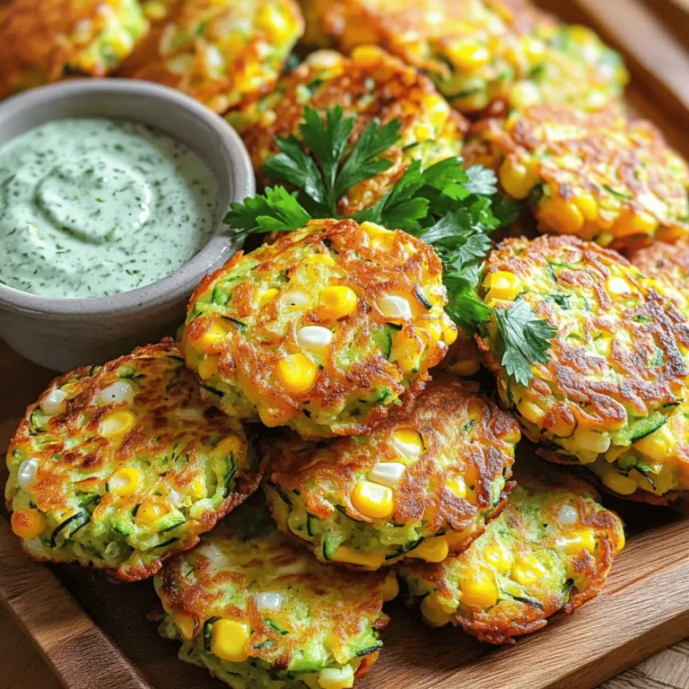 - 2 medium zucchinis, grated - 1 cup fresh corn kernels (or frozen, thawed) - 1/2 cup all-purpose flour - 1/4 cup cornmeal - 1/2 teaspoon baking powder - 2 large eggs - 1/4 cup green onions, finely chopped - 1/4 teaspoon cayenne pepper (optional, for spice) - Salt and pepper to taste - 2 tablespoons fresh parsley, chopped - Olive oil for frying In this recipe, zucchini and corn shine. Zucchini gives the fritters moisture and a soft bite. Fresh corn adds sweetness and crunch. Flour and cornmeal bind everything together, creating a lovely texture. Eggs help the fritters hold their shape. - 1/4 cup grated parmesan cheese - Fresh herbs like basil or cilantro You can add parmesan for a cheesy flavor. Fresh herbs boost taste and freshness. Both options make the fritters even better. - Use gluten-free flour or cornmeal instead of regular flour - Try flax eggs or applesauce for a dairy-free and vegan option If you need gluten-free fritters, swap the flour with a gluten-free blend. For a dairy-free option, use flax eggs. This keeps the fritters tasty and fun for everyone. Grating the zucchini Start by grating the zucchinis. Use a box grater for this. Grate until you have about two medium zucchinis. Squeezing out moisture Next, take the grated zucchini and place it in a clean dish towel. Twist the towel to squeeze out the excess moisture. This step is key! It keeps your fritters from becoming soggy. Combining all ingredients In a large mixing bowl, add the squeezed zucchini, corn kernels, flour, cornmeal, baking powder, eggs, green onions, cayenne pepper, salt, and pepper. Mix everything well until fully combined. Folding in optional cheese If you want to use parmesan cheese, add it now. Gently fold it into the mixture so it spreads evenly. Heating the skillet Now, heat a large skillet over medium heat. Add a drizzle of olive oil to the skillet. This oil keeps the fritters from sticking. Frying technique Use a spoon to drop small amounts of the fritter mixture into the hot skillet. Flatten them slightly with the back of the spoon. Fry in batches, giving them space. Cook for 3-4 minutes on each side until golden brown and crispy. Adjust the heat if needed to prevent burning. When done, place the fritters on paper towels to absorb extra oil. Repeat until all the mixture is cooked, adding more oil if necessary. Serve warm with your favorite sauce. To make great fritters, moisture removal is key. Grate the zucchini, then squeeze it in a clean dish towel. This step takes out extra water. If you skip it, your fritters can turn out soggy. Cooking in batches also helps. Fry a few fritters at a time. Overcrowding the pan lowers the heat and creates steam. This can lead to soft fritters instead of crispy ones. Seasoning makes your fritters pop with flavor. Use salt and pepper as your base. You can also add spices. I love a pinch of cayenne pepper for heat. Adjust it to your taste. If you want more spice, add a bit more. Herbs can brighten your dish too. Fresh parsley adds a nice touch. You can mix in other herbs like cilantro or basil for added flavor. Presentation is important for any meal. Arrange the fritters on a nice platter. For a fresh look, sprinkle them with extra parsley. You might also serve them with a dipping sauce. A cilantro lime crema adds a great kick. Warm fritters taste best, so serve them right after cooking. Enjoy them with a dollop of sour cream or Greek yogurt. This adds creaminess and balances the flavors. {{image_2}} Spicy Zucchini Corn Fritters To spice things up, add cayenne pepper to the batter. Just a pinch gives a nice kick. You can also mix in diced jalapeños for extra heat. This adds a fun twist and makes the fritters exciting. Mediterranean-style fritters For a Mediterranean flair, try adding feta cheese and chopped olives. Use fresh herbs like dill or oregano for extra flavor. This version tastes fresh and bright, perfect for summer. Adding cheese or herbs You can easily personalize your fritters. Adding parmesan cheese gives a rich, savory flavor. Fresh herbs like basil or cilantro enhance the taste and make them more vibrant. Incorporating other vegetables Feel free to mix in other veggies. Grated carrots or bell peppers add color and crunch. Just make sure to squeeze out moisture as you did with the zucchini. Baking instead of frying If you want a lighter option, baking works great! Preheat your oven to 400°F (200°C). Shape the fritters and place them on a baking sheet lined with parchment paper. Bake for 20-25 minutes, flipping halfway through. Air frying zucchini corn fritters Using an air fryer is another healthy choice. Place the fritters in a single layer and cook at 375°F (190°C) for about 10-12 minutes. They come out crispy and delicious with less oil. To keep your leftover fritters fresh, you can refrigerate or freeze them. - Refrigerating: Place your fritters in an airtight container. They will last for about 3-4 days in the fridge. Before storing, let them cool down to room temperature. This step prevents moisture buildup. - Freezing tips: If you want to store fritters longer, freezing is a great option. Place them in a single layer on a baking sheet. Once frozen, transfer them to a freezer bag. They can last up to 2 months in the freezer. Reheating your fritters keeps them tasty and crispy. Here are the best methods: - Skillet method: Heat a skillet over medium heat. Add a small amount of olive oil. Cook the fritters for about 2-3 minutes on each side until warm. This restores their crispiness. - Oven method: Preheat your oven to 350°F (175°C). Place fritters on a baking sheet and heat for about 10 minutes. This method also helps them stay crispy. How long do fritters last? When stored in the fridge, zucchini corn fritters last about 3-4 days. If you freeze them, they can last for up to 2 months. Always check for any signs of spoilage before eating. Yes, you can use frozen corn in this recipe. Frozen corn is convenient and saves time. Just make sure to thaw it first. Thawing helps it mix better with the other ingredients. Fresh corn gives a sweeter taste, while frozen corn works well too. Use whatever you have on hand! To make these fritters vegan, you can replace the eggs. Use flaxseed meal or chia seeds as substitutes. Mix 1 tablespoon of flaxseed meal with 2.5 tablespoons of water. Let it sit for a few minutes until it thickens. This mix helps bind the fritters without eggs. Another option is using silken tofu, about 1/4 cup, blended until smooth. These fritters pair well with various dips and sides. Here are some ideas: - Dipping Sauce Ideas: - Sour cream or Greek yogurt - Cilantro lime crema - Spicy mayo or aioli - Side Dish Suggestions: - Fresh salad with a light vinaigrette - Roasted vegetables - Quinoa or rice for a hearty meal Feel free to mix and match! Enjoy your fritters with any of these tasty options. This guide covered how to make delicious zucchini corn fritters. We explored key ingredients, step-by-step instructions, and tips for perfect texture and flavor. I shared fun variations and storage ideas to keep your fritters fresh. Remember, you can be creative by using optional ingredients or different cooking methods. Enjoy your cooking and share these tasty fritters with others!