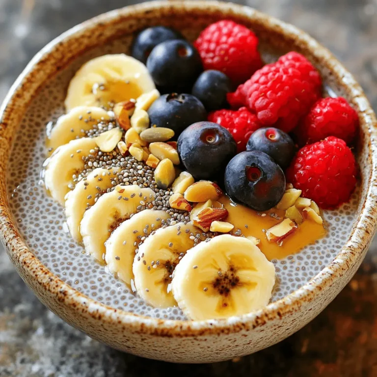 - 1/2 cup chia seeds - 2 cups oat milk (unsweetened) - 2 tablespoons maple syrup or honey - 1 teaspoon vanilla extract - 1/4 teaspoon salt - 1/4 cup almond butter or peanut butter - Fresh fruits (e.g., berries, banana slices) for topping - Optional: nuts or seeds for added crunch To start making high-protein oat milk chia pudding, gather these ingredients. Chia seeds are tiny but mighty. They hold a lot of water and help thicken the pudding. Oat milk brings creaminess and a rich flavor. I prefer unsweetened oat milk for better control over sweetness. Next, you need a sweetener. Maple syrup or honey works great. Choose what you like best. A splash of vanilla extract adds nice flavor. Don’t forget the salt! It enhances all the tastes. For a protein boost, use almond butter or peanut butter. This makes the pudding creamy and rich. Fresh fruits are a must for topping. They add color and taste. You can also throw in some nuts or seeds for extra crunch. With these ingredients, you can make a delicious and healthy treat! 1. Combining ingredients in a mixing bowl Start by taking a mixing bowl. Add 1/2 cup of chia seeds. Pour in 2 cups of unsweetened oat milk. Add 2 tablespoons of maple syrup or honey next. Don’t forget to include 1 teaspoon of vanilla extract and 1/4 teaspoon of salt. 2. Whisking technique for clump-free mixture Use a whisk to mix everything well. Whisk for about 1 to 2 minutes. This will help avoid clumps of chia seeds. A smooth mix makes for a creamy pudding. 3. Chilling process for optimal texture Let the mixture sit for 5 minutes. This allows the chia seeds to absorb some liquid. Then stir it again to break up any clumps. Cover the bowl and place it in the fridge. Chill for at least 4 hours or overnight. This time helps the chia seeds swell and create a pudding-like texture. 1. Illustrative steps on waiting and stirring After chilling, check the pudding. It should be thick and smooth. Stir it again before serving to keep it creamy. 2. Timing for refrigerating chia pudding The longer you let it chill, the better the texture. I prefer leaving it overnight. This way, it’s ready for breakfast or a snack. 1. Techniques for mixing in nut butter When serving, mix in 1/4 cup of almond butter or peanut butter. This adds creaminess and a rich flavor. Adjust the sweetness if you like it sweeter. 2. Creative topping ideas with fresh fruits Serve the pudding in bowls. Top it with fresh fruits like berries or banana slices. You can also add nuts or seeds for extra crunch and nutrition. Enjoy your tasty, high-protein oat milk chia pudding! To make great chia pudding, avoid some common mistakes. First, don’t skip whisking the mixture. This step helps break clumps of chia seeds. If you see clumps, stir again after letting it sit for five minutes. Next, pay close attention to your chia-to-liquid ratio. Too much liquid makes a runny pudding. Use 1/4 cup chia seeds for every 2 cups of oat milk. This ratio gives you a nice, thick texture. You can change the flavors of your pudding easily. For sweeteners, use honey, maple syrup, or even agave nectar. Each option brings its own taste. You can also add spices or extracts. Try cinnamon for warmth. A drop of almond extract adds a nice twist. Cocoa powder can turn it into a chocolate treat. Store your leftovers in a sealed container. Glass jars work well for this. They keep the pudding fresh and let you see its layers. Chia pudding lasts for about 5 days in the fridge. Always check for any strange smells or colors before eating. If it looks off, toss it out for safety. {{image_2}} You can make your chia pudding fun with different flavors. Here are two ideas: - Chocolate Chia Pudding: Add 2 tablespoons of cocoa powder to the base mix. This gives a rich taste and is great for chocolate lovers. - Tropical Version: Swap oat milk for coconut milk. Add fresh mango or pineapple pieces for a sunny twist. Chia pudding is friendly for many diets. Here are some points to think about: - Vegan and Gluten-Free Options: All the ingredients are plant-based and gluten-free. Use maple syrup for sweetness to keep it vegan. - Protein-Boosting Add-Ins: Mix in a scoop of protein powder or more nut butter. This helps you reach your protein goals. You can change your chia pudding with the seasons: - Summer Berry Chia Pudding: Top with mixed berries like strawberries, blueberries, and raspberries. They add color and flavor. - Fall Spiced Pudding: Stir in pumpkin puree and a pinch of cinnamon. This gives a warm, cozy taste perfect for fall days. How long does it last in the fridge? Your high-protein oat milk chia pudding stays good for about 5 days in the fridge. Signs that the pudding has gone bad: Check for a sour smell or any change in color. If you see mold, toss it out. Can you freeze chia pudding? Yes, you can freeze chia pudding! It holds up well in the freezer. Best practices for thawing: Thaw it in the fridge overnight. Avoid microwaving, as it can change the texture. Types of containers for optimal freshness: Use airtight glass or plastic containers. They keep the pudding fresh and tasty. Avoiding spillage during storage: Fill containers only three-quarters full to leave space for expansion. This helps prevent spills. What can I substitute for oat milk? You can use almond milk, soy milk, or coconut milk. Each option adds a unique flavor. Almond milk gives a nutty taste, while soy milk boosts protein. Coconut milk adds creaminess, but it may change the pudding's flavor. How to increase protein content further? Add protein powder or Greek yogurt. You can mix in a scoop of vanilla protein powder for a protein boost. Greek yogurt also adds creaminess and protein. Nut butters like almond or peanut butter raise the protein level, too. Health benefits of chia seeds and oat milk Chia seeds are rich in fiber, omega-3s, and protein. They can help with digestion and heart health. Oat milk is low in calories and high in vitamins. It’s a great option for those who are lactose-free or vegan. Caloric content and serving size recommendations One serving is about 1/2 cup of pudding. This serving has around 200 calories, depending on the toppings. If you add nut butter or extra fruit, the calories will increase. Always check the labels for exact numbers. Why is my pudding too runny? If your pudding is runny, you may need more chia seeds. They absorb liquid to thicken the pudding. Stirring well and waiting longer can also help. If needed, let it sit in the fridge for a few more hours. What to do if it’s too thick? If your pudding is too thick, simply stir in more oat milk. Add a little at a time until you reach your desired consistency. This can make it creamier and easier to eat. Chia pudding is a simple, nutritious treat packed with options. You learned how to combine main ingredients like chia seeds and oat milk, along with tips for perfecting the texture. We explored ways to customize flavors and store your pudding for freshness. Remember, chia pudding can be versatile with toppings, sweeteners, and seasonal ingredients. By following these steps, you can enjoy a tasty and healthy snack again and again. Keep experimenting to find your favorite combinations!