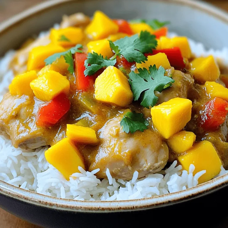 - 1.5 lbs boneless, skinless chicken thighs - 1 ripe mango - 1 can coconut milk - 2 tablespoons red curry paste - 1 cup chicken broth - 1 medium onion - 3 cloves garlic - 1 tablespoon ginger - 1 tablespoon fish sauce (or soy sauce) - 1 tablespoon lime juice - 1 teaspoon brown sugar - 1 bell pepper (red or yellow) - Fresh cilantro - Salt and pepper For this savory dish, fresh ingredients matter. Start with chicken thighs. They cook well and stay juicy. Next, choose a ripe mango. A sweet mango makes all the difference. You’ll want a nice, creamy coconut milk. It adds richness to the curry. Red curry paste gives the dish its warm flavor. Chicken broth helps to create a lovely sauce. Aromatics are crucial too. The onion, garlic, and ginger blend beautifully. Fish sauce or soy sauce adds umami. Lime juice brightens the dish. Brown sugar balances the spice with a hint of sweetness. Lastly, garnish with bell pepper and fresh cilantro. They add color and crunch. Season with salt and pepper to taste. Each ingredient plays a key role in this delightful slow cooker mango chicken curry. Enjoy the process and have fun cooking! Start by placing the chicken thighs at the bottom of your slow cooker. Make sure they are in a single layer. Next, add the chopped onion, minced garlic, and grated ginger on top of the chicken. This layering helps the flavors mix well. In a mixing bowl, combine the diced mango, coconut milk, red curry paste, fish sauce, lime juice, and brown sugar. Stir until everything blends smoothly. This step adds a sweet and spicy touch to your dish. Pour the mango mixture over the chicken and onion in the slow cooker. Next, add the sliced bell pepper and chicken broth. Gently stir to combine all the ingredients. Cover the slow cooker and set it to cook. You can choose to cook on low for 6-8 hours or on high for 3-4 hours. The chicken will become tender and soak up all the flavors. About 30 minutes before serving, taste the curry. Adjust the seasoning with salt, pepper, or more lime juice if you want. Once the cooking time is up, gently shred the chicken with two forks right in the slow cooker. This makes the chicken mix well with the sauce. Serve your mango chicken curry hot over jasmine rice or with warm naan. For a bright finish, garnish with fresh cilantro. This adds a lovely color and flavor to your meal. To make a great mango chicken curry, start with ripe mangoes. Look for mangoes that give slightly when you press them. This means they are sweet and juicy. Avoid hard or overly soft ones. For chicken, choose boneless, skinless chicken thighs. They stay tender and juicy during cooking. Thighs work better than breasts in slow cooking. They absorb flavors well, giving you a rich taste. When using your slow cooker, you can choose low or high settings. Cooking on low for 6-8 hours is best. This gives the chicken time to become very tender. If you're short on time, cook on high for 3-4 hours. Timing is key for tender chicken. Check the chicken at the end of cooking. It should shred easily with two forks. If it’s tough, it needs more time. You can adjust spice levels to fit your taste. If you like it hotter, add more red curry paste. For a milder dish, use less. Balancing sweetness and acidity is important, too. The mango brings sweetness, while lime juice adds brightness. Taste your curry before serving. Add more lime juice or salt if needed to get the right balance. {{image_2}} You can easily make this dish vegetarian or vegan. Use tofu or chickpeas instead of chicken. These options keep the dish hearty and satisfying. For curry paste, look for plant-based versions. Many brands offer vegan red curry paste that uses no fish. Always check the label to ensure it fits your needs. If you like spice, boost the heat! Add fresh chilies to the mix. Slice them thin and toss them in with the other veggies. You can also use extra red curry paste. This adds more flavor and heat. Adjust to your taste, but start with a little. You can always add more later. Coconut milk is key for this recipe, but you have options. Almond or cashew milk can work in a pinch. They create a lighter version of the curry. Just keep in mind that the flavor will change slightly. If you want creaminess, look for unsweetened varieties. This way, you keep the dish smooth and tasty. To keep your mango chicken curry fresh, let it cool first. Use a clean spoon to scoop the curry into containers. I recommend using airtight containers. This helps prevent spills and keeps the curry tasty. Store it in the fridge for up to three days. If you want to enjoy it later, freezing is a great option. When it's time to enjoy your leftovers, there are a few great ways to reheat. I find that using the stove works best. Put the curry in a pan over low heat. Stir it often until it's hot. You can also use a microwave. Just cover the bowl with a lid or a paper towel. Heat it in short bursts, stirring in between. This keeps the chicken tender and the flavor bright. If you want to freeze your mango chicken curry, wait until it cools completely. Use freezer-safe containers or bags. Make sure to leave a little space for expansion. You can freeze it for up to three months. When you're ready to eat, take it out and thaw it in the fridge overnight. Reheat it on the stove or in the microwave. This way, you keep all the great taste and texture! Cooking time varies based on settings. On low, it takes 6 to 8 hours. On high, it takes just 3 to 4 hours. Always check the chicken for doneness before serving. It should be tender and easy to pull apart. Yes, you can use frozen chicken thighs. However, you need to adjust the cooking time. If using frozen chicken, cook on high for at least 4 to 5 hours. This helps ensure the chicken cooks evenly and thoroughly. Mango chicken curry pairs well with many sides. Here are a few great options: - Steamed jasmine rice - Warm naan bread - Quinoa for a healthy twist - A fresh green salad Each of these adds flavor and texture to your meal. Enjoy exploring different sides to find your favorite! This blog post covered how to make Slow Cooker Mango Chicken Curry. We explored the main ingredients, like chicken thighs and ripe mango, as well as key spices and aromatics. I provided step-by-step instructions to ensure your cooking process is smooth. You learned tips for choosing ingredients and enhancing flavors, along with several tasty variations. Remember to store leftovers properly and follow reheating tips for the best taste. Now, you can enjoy this flavorful dish with friends and family. Happy cooking!