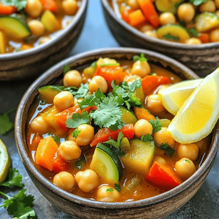 - 2 cans (15 oz each) chickpeas, drained and rinsed - 1 large onion, diced - 3 cloves garlic, minced - 1 red bell pepper, diced - 2 carrots, diced - 1 zucchini, diced - 1 can (14 oz) diced tomatoes - 4 cups vegetable broth - 2 tablespoons olive oil - 1 tablespoon ground cumin - 1 tablespoon ground cinnamon - 1 tablespoon smoked paprika - 1 teaspoon cayenne pepper (adjust for spice preference) - Salt and pepper to taste - Fresh cilantro or parsley, for garnish - Lemon wedges, for serving You can swap canned chickpeas for dried ones. If you use dried chickpeas, soak them overnight and cook them first. I often choose fresh veggies for more flavor, but canned ones work too. For spices, you can try different options based on what you have. If you can't find smoked paprika, regular paprika is fine. If you have allergies, leave out the cayenne. Use herbs like thyme or oregano instead. For a lighter dish, go low-sodium with your broth and canned tomatoes. You can also choose organic options for a healthier choice. First, you need to prepare your vegetables. Dice one large onion, three cloves of garlic, one red bell pepper, two carrots, and one zucchini. Rinse the chickpeas in a colander. This helps remove any extra salt. For this recipe, you will need a large pot and a stove. Make sure your pot is clean and ready to go. The pot should be big enough to hold all the ingredients. Now, it's time to cook! Heat two tablespoons of olive oil in the large pot over medium heat. Add the diced onion and cook it for about five minutes. You want it to be soft and see-through. Next, add the minced garlic, diced bell pepper, and carrots to the pot. Cook these for five more minutes. Stir them occasionally to keep them from sticking. Then, stir in the diced zucchini and keep cooking for three to four minutes. You want the zucchini to be slightly soft. Now, it's time to add the spices! Add one tablespoon of ground cumin, one tablespoon of ground cinnamon, one tablespoon of smoked paprika, and one teaspoon of cayenne pepper. Add salt and pepper to taste. Mix everything well and let the spices cook for one minute. This helps the spices release their wonderful flavors. Pour in one can of diced tomatoes and four cups of vegetable broth. Give it a good stir to mix everything together. Finally, add the rinsed chickpeas to the pot. Bring the stew to a gentle simmer. Reduce the heat to low and let it cook uncovered for about 20 to 25 minutes. Stir occasionally to keep it from sticking. Taste the stew and adjust the seasoning if needed. If it gets too thick, add a bit more vegetable broth. To serve, ladle the stew into deep bowls. Garnish each bowl with fresh cilantro or parsley for a pop of color. Add lemon wedges on the side to brighten the flavor. A sprinkle of chili flakes can add extra spice and color. For sides, you can serve this stew with warm bread or fluffy rice. Both pair perfectly with the rich flavors of the stew. Enjoy! To enhance the flavor of your stew, adjust the spices. If you like it spicier, add more cayenne pepper. For a milder taste, cut back on it. You can also experiment with herbs like thyme or bay leaves. The texture of the stew matters. If you want a thicker stew, let it simmer longer. Stir it a few times to keep everything from sticking. If it's too thick, add more vegetable broth to loosen it up. For leftover stew, store it in an airtight container. Keep it in the fridge for up to four days. If you want to keep it longer, freeze it. Just make sure to leave some space in the container for expansion. When reheating, do it slowly on the stove. Add a splash of vegetable broth to help bring back moisture. Stir often to keep it from burning. You can make this stew ahead of time. Cook it the day before and let the flavors blend overnight. This makes it even tastier! If you want to freeze it, portion it out into smaller containers. Thaw it in the fridge overnight before reheating. This way, you always have a quick, healthy meal ready to go. {{image_2}} You can easily make this stew vegan and gluten-free. The main ingredients are chickpeas and veggies, so they fit both diets. This stew is packed with protein. If you want more protein, add some quinoa or lentils. Both will boost nutrition and taste great! Get creative with herbs and spices! Try adding fresh thyme or rosemary for a new twist. You might also swap smoked paprika for curry powder. If you want meat, chicken or turkey can work well. Use cooked meat to keep it simple. Explore global flavors by adding regional spices! A pinch of za'atar or harissa can give this stew a unique flair. You can also create fusion dishes. Try adding coconut milk for a creamy texture. This mix of cultures will make your stew even more exciting! Chickpeas are packed with protein and fiber. One cup has about 15 grams of protein. They help you feel full for longer. This is great for weight management. Chickpeas also support heart health. They can help lower bad cholesterol levels. The vegetables in this stew add vitamins and minerals. Onions and garlic boost your immune system. Red bell peppers are high in vitamin C. Carrots add beta-carotene, which is good for your eyes. Zucchini is low in calories but rich in water. This helps keep you hydrated. Spices like cumin and cinnamon have health benefits, too. Cumin aids digestion and adds warmth. Cinnamon helps regulate blood sugar. The cayenne pepper can boost your metabolism. Together, these ingredients create a nutritious and tasty dish. Each serving of the stew has about 300 calories. This can vary based on how much oil you use. The stew has a good balance of macronutrients. You get about 15% from protein, 20% from fats, and 65% from carbs. This makes it a well-rounded meal. The healthy fats come from olive oil. Using just a bit keeps the stew light and flavorful. Chickpeas contribute most of the carbs. They provide energy and fiber, making this stew filling. This stew fits well into many diets. It is perfect for Mediterranean and plant-based plans. It’s also vegan, which means no animal products. If you’re looking to eat more plants, this dish is a great choice. To balance your meal, consider serving it with whole grains. Brown rice or quinoa pairs well. This adds more fiber and nutrients. You can also add a fresh salad for extra vitamins. These choices make your meal even healthier. Enjoy this stew as part of a balanced diet. How to adjust the spice level in the stew? You can change the spice level by adding more or less cayenne pepper. Start with one teaspoon for mild heat. If you like it spicier, add more in small amounts. Taste as you go to find your perfect level. What can be served with Spicy Moroccan Chickpea Stew? This stew pairs well with warm bread or rice. You can also serve it with a fresh salad. The coolness of the salad balances the heat of the stew nicely. Can I use dried chickpeas instead of canned? Yes, you can use dried chickpeas. Just soak them overnight and cook them until soft. This may take longer than using canned chickpeas. Adjust the cooking time in your recipe. Is this stew suitable for freezing? Yes, this stew freezes well! Allow it to cool, then store it in airtight containers. It can last for up to three months in the freezer. Thaw it overnight in the fridge before reheating. Can I cook this stew in a slow cooker? Absolutely! You can sauté the veggies first, then add everything to the slow cooker. Cook on low for about 6-8 hours or high for 3-4 hours. This method will allow the flavors to blend beautifully. How to thicken the stew if it’s too watery? If your stew is too watery, try mashing some chickpeas with a fork. This will add creaminess and help thicken the stew. You can also simmer it longer to reduce the liquid. This article covered how to make a tasty chickpea stew with fresh vegetables and spices. We explored ingredient options, cooking steps, and how to serve this dish. You learned handy tips for flavor and meal prep, along with variations for special diets. Remember, cooking is all about experimenting and enjoying the process. With these recipes and tips, you can create a hearty meal for yourself or friends. Enjoy making this stew your own!