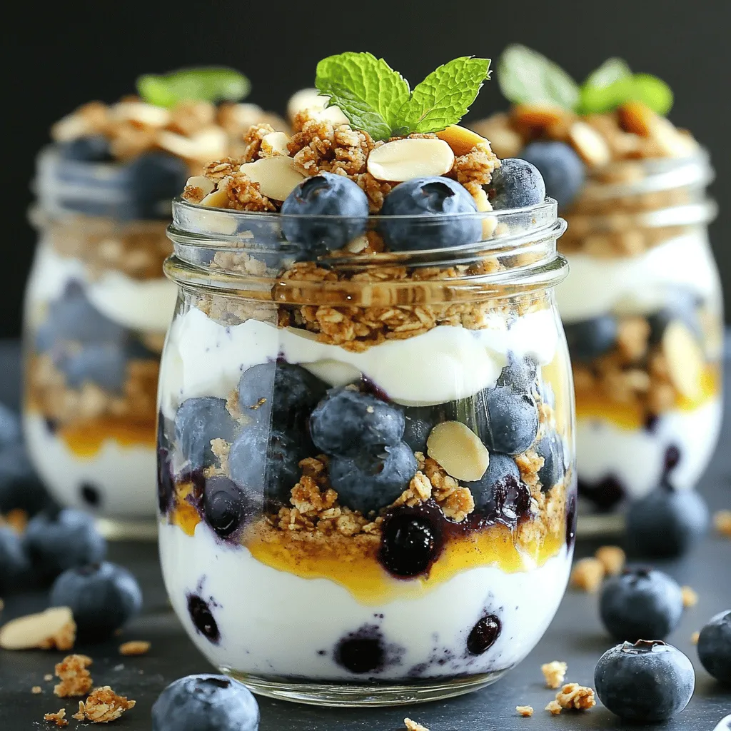 - 2 cups plain Greek yogurt - 1 cup fresh blueberries (plus extra for garnish) - 1 tablespoon honey (or maple syrup) - 1 teaspoon vanilla extract - 1 cup granola (your favorite type) - 1/2 teaspoon cinnamon - 1 tablespoon almond slivers (optional) - Fresh mint leaves for garnish While plain Greek yogurt is creamy and tangy, you can try flavored yogurt too. It adds a fun twist. Granola options are endless. Choose a crunchy mix with nuts, seeds, or dried fruit for extra flavor. If you want a gluten-free option, look for gluten-free granola brands. The honey or maple syrup adds sweetness. Adjust the amount based on your taste. You can skip the sweetener if you prefer a less sweet parfait. Greek yogurt is high in protein, which helps keep you full. It also has probiotics that aid digestion. Blueberries are packed with vitamins and antioxidants. They are great for your heart and brain health. Granola adds fiber, which is good for your gut. If you add almond slivers, you get healthy fats and protein too. Mint leaves not only add color but also fresh flavor. This parfait is a tasty way to enjoy healthy ingredients. Making Blueberry Crumble Greek Yogurt Parfaits is simple and fun. You need just 15 minutes to prepare this delicious treat. Gather your ingredients and a clear glass or jar for layering. 1. Mix the Yogurt: In a mixing bowl, combine 2 cups of plain Greek yogurt, 1 tablespoon of honey, and 1 teaspoon of vanilla extract. Stir well until smooth. 2. Prepare the Blueberries: In another bowl, toss 1 cup of fresh blueberries with 1/2 teaspoon of cinnamon. This adds a nice flavor. 3. Layer the Parfaits: Grab your clear glass or jar. Start with a layer of the yogurt mix at the bottom. 4. Add Blueberries: Next, layer the cinnamon blueberries on top of the yogurt. 5. Sprinkle Granola: Add a layer of your favorite granola over the blueberries. This gives a nice crunch. 6. Repeat Layers: Keep repeating the layers until you reach the top of the glass. Finish with a layer of yogurt. 7. Final Touches: Top with more granola, some extra blueberries, and garnish with fresh mint leaves and almond slivers if you like. I recommend checking out video tutorials on platforms like YouTube. Visual guides can help you see each step clearly. Watching someone else prepare this parfait can make it even easier. Just search for "Blueberry Crumble Greek Yogurt Parfaits" for great ideas! - Use clear glasses. This lets you see the pretty layers. - Start with yogurt at the bottom. It holds the layers well. - Use a spoon to gently add blueberries. This keeps them intact. - Mix granola right before serving. It stays crunchy this way. - Add some mint leaves on top. They add color and freshness. - Don’t skip the honey. It adds sweetness and flavor. - Avoid over-mixing the yogurt. You want it smooth, not watery. - Don’t pack the granola too tightly. It can become soggy too fast. - Skip the cinnamon? You’ll miss that warm spice kick. - Forgetting the garnish makes it look less appealing. Always add a touch of flair! - Serve with a side of fresh fruit. Strawberries or raspberries work great. - Pair with a hot cup of tea. It complements the parfait nicely. - Try adding a dollop of nut butter. It adds creaminess and flavor. - Serve as a breakfast or snack. It works for any time of day. - Consider a drizzle of maple syrup. It adds a sweet touch for those who like it. {{image_2}} You can use other fruits in this parfait. Try strawberries, raspberries, or peaches. Each fruit adds its own flavor. For a tropical twist, use mango or pineapple. Mix and match fruits for fun layers. You can even make a mixed berry parfait for variety. The key is to choose ripe fruits. They give the best taste and texture. Granola brings crunch to your parfait. You can choose different types of granola. Try nutty, fruity, or even chocolate granola for a sweet touch. For a healthier option, select low-sugar granola. You can also make your own granola at home. Mix oats, nuts, and a bit of honey for a simple recipe. Each granola choice changes the flavor of your parfait. You can make a dairy-free version easily. Use coconut yogurt or almond yogurt instead of Greek yogurt. Both options provide a creamy texture. If you want to keep it vegan, use maple syrup instead of honey. This keeps the parfait delicious and plant-based. You can enjoy a tasty treat that fits your dietary needs. Store your blueberry crumble Greek yogurt parfaits in the fridge. Use an airtight container to keep them fresh. Make sure to layer the parfaits carefully. If you have layers, try not to mix them up. This way, you get that nice look when you serve them again. These parfaits last up to three days in the fridge. For freezing, I recommend not freezing the yogurt. The texture will change when thawed. You can freeze the granola and blueberries separately. When you're ready to eat, just layer fresh yogurt and enjoy. Use glass jars or plastic containers with lids. Clear containers let you see the layers. This adds to the fun of eating. If you want to take them on the go, look for spill-proof containers. This keeps your parfaits safe and fresh. You can assemble the parfaits a day in advance. Layer the yogurt, blueberries, and granola in jars. Cover them tightly and store in the fridge. Just add the granola right before serving to keep it crunchy. Yes, you can use frozen blueberries. Thaw them first and drain excess liquid. This will prevent your parfait from becoming too watery. Frozen blueberries are great when fresh ones are out of season. You can replace honey with agave syrup or stevia. Use low-fat or non-fat Greek yogurt for fewer calories. Swap granola for oats or nuts for added nutrition. These changes can keep the parfait tasty while making it healthier. To control sweetness, use less honey and add more vanilla extract. You can also mix in a bit of lemon juice for a fresh taste. This will help balance the sweetness while keeping the flavor bright and enjoyable. This post covered key ingredients and easy steps for a delicious parfait. You learned about the best yogurt, granola options, and tasty fruits to use. I shared tips for perfect layers and mistakes to avoid. Also, we explored dairy-free choices and how to store leftovers well. Making mindful swaps can enhance your dessert without losing flavor. Remember, feel free to mix and match ingredients. Enjoy your parfait adventure, and impress friends and family with your tasty creations!