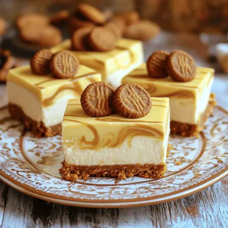 - 1 ½ cups Biscoff cookie crumbs - ½ cup unsalted butter, melted - 2 (8 oz) packages cream cheese, softened - 1 cup powdered sugar - 1 teaspoon vanilla extract - 1 cup heavy whipping cream - ½ cup Biscoff spread - Extra Biscoff cookies for garnish To make these No-Bake Biscoff Cheesecake Bars, you need specific ingredients. Each one plays a key role in the flavor and texture of the dessert. First, for the crust, I use Biscoff cookie crumbs. These crumbs provide a sweet, spicy base that pairs perfectly with the rich filling. Mixing these crumbs with melted butter gives you a firm crust that holds together well. Next, the cheesecake filling is truly the star. Softened cream cheese creates that creamy texture we love. Adding powdered sugar sweetens the mix, while vanilla extract adds a warm flavor. The heavy cream is crucial because whipping it gives volume and lightness. Finally, the Biscoff spread adds depth, giving a hint of caramel and spice. For the topping, I like to use extra Biscoff cookies. They not only add a nice crunch but also make the dessert look stunning. This simple touch makes each square even more inviting. With these ingredients ready, you can create an unforgettable dessert that everyone will love. 1. Combine 1 ½ cups of Biscoff cookie crumbs and ½ cup of melted butter in a bowl. 2. Stir until the mixture looks like wet sand. 3. Press this mixture firmly into the bottom of a lined 9x9-inch baking pan. 4. Refrigerate for 15 minutes to let the crust set. 1. In a large bowl, beat 2 packages (8 oz each) of softened cream cheese until smooth, about 2 minutes. 2. Gradually add 1 cup of powdered sugar and 1 teaspoon of vanilla extract. Mix until well combined. 3. In a separate bowl, whip 1 cup of heavy cream until stiff peaks form. 4. Gently fold the whipped cream into the cream cheese mixture until fully blended. 1. Swirl in ½ cup of Biscoff spread gently for a marbled look. 2. Pour the cheesecake mixture over the chilled crust and smooth the top with a spatula. 3. Refrigerate for at least 4 hours, or until set. To get smooth cream cheese, make sure it’s softened. Take it out of the fridge ahead of time. This helps it blend well. Beat it for about two minutes. You want it creamy, with no lumps. Whipped cream needs stiff peaks for the best results. This means it should hold its shape well. To whip it, use a clean bowl and beaters. Start on low speed, then go faster. Stop when it looks fluffy and firm. For an elegant touch, serve the cheesecake bars on a nice plate. You can also drizzle extra Biscoff spread on top. This adds a beautiful look. Plus, it gives more flavor. Use a squeeze bottle for easy drizzling. You can also add a sprinkle of cookie crumbs on top. This makes it look even nicer and adds some crunch. You can prepare this dessert in advance. It stays fresh in the fridge. Make it a day ahead for the best taste. Just follow the recipe and chill it well. Store it in an airtight container after it sets. This keeps it from drying out. If you want, you can cut it into squares before serving. This makes it easy for guests to grab and enjoy! {{image_2}} You can easily change the taste of your cheesecake bars. Adding chocolate is a great choice. Try folding in mini chocolate chips or using chocolate cookies for the crust. For a fruity twist, top your cheesecake bars with fresh berries. Strawberries, blueberries, or raspberries add a nice burst of flavor. You can also drizzle melted chocolate or caramel sauce on top for extra sweetness. If you want a gluten-free version, it’s simple! Just swap out regular Biscoff cookies for gluten-free cookies. There are many tasty options available now. Look for brands that offer gluten-free cookie varieties. This way, everyone can enjoy these delicious bars without worry. Making mini cheesecake bars is a fun idea! You can use a muffin tin instead of a baking pan. Just press the cookie crumb mixture into the bottom of each cup. Pour in the cheesecake filling, then chill until set. Once ready, pop them out and serve. These mini bars are perfect for parties or special events. To keep your No-Bake Biscoff Cheesecake Bars fresh, store them in the refrigerator. You should place them in a well-sealed container. This helps keep moisture out and flavors in. I suggest using an airtight container. This way, they stay creamy and delicious for days. Yes, you can freeze cheesecake bars! To freeze, cut the bars into squares first. Wrap each square tightly in plastic wrap. Then, place them in a freezer-safe bag. This helps prevent freezer burn. They can last up to three months in the freezer. When you want to enjoy them, let them thaw in the fridge overnight. This way, they stay tasty and smooth. Biscoff cookies are crunchy, spiced cookies. They have a rich caramel flavor. These cookies are often served with coffee. They give a sweet, warm taste that pairs well with desserts. Biscoff cookies are made with simple ingredients like flour, sugar, and spices. The unique taste comes from the caramelization of sugar during baking. Their delightful crunch adds a nice texture to many recipes. Yes, you can use different cream cheese types. Neufchâtel cheese is a great low-fat option. Mascarpone adds a rich and creamy texture. You can also try flavored cream cheese for a twist. Just make sure it’s softened for easy mixing. Each option will change the taste a bit but will still be yummy. You can keep leftover cheesecake bars for about 4 to 5 days. Store them in the fridge for the best taste. Use an airtight container to keep them fresh. If you want to keep them longer, you can freeze them. Wrap each bar in plastic wrap and place them in a freezer bag. They can last for up to 3 months in the freezer. This guide shared a simple way to make a Biscoff cheesecake. We covered the crust, filling, and topping, which make the dessert amazing. You learned about tips for perfect texture and presentation. Plus, we've discussed fun variations and storage tips. Enjoy each creamy bite of your cheesecake creation. Homemade desserts like this not only taste great, but they also impress guests. Keep exploring different flavors to make it your own. The kitchen is your canvas—get creative!