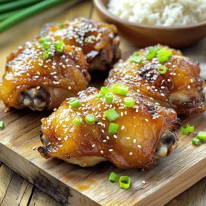 For this dish, you need: - 4 bone-in chicken thighs, skin-on - 1/3 cup soy sauce, low sodium preferred - 1/4 cup honey - 2 tablespoons rice vinegar - 1 tablespoon sesame oil These main ingredients give the chicken its rich, sweet, and salty flavor. The chicken thighs are juicy and full of taste, thanks to the skin. The marinade adds depth to the chicken. You will also need: - 3 cloves garlic, minced - 1 teaspoon fresh ginger, grated - 1 teaspoon black pepper - 1 tablespoon cornstarch (optional, for thickening) Garlic and ginger bring warmth and aroma. Black pepper gives a slight kick. If you want a thick glaze, use cornstarch to enhance the sauce. To make your dish pop, consider garnishing with: - Sliced green onions - Sesame seeds These toppings add color and crunch. The green onions provide freshness, while sesame seeds add a nutty flavor. Together, they elevate the dish's presentation and taste! To create the marinade, take a medium bowl. In this bowl, whisk together soy sauce, honey, rice vinegar, sesame oil, minced garlic, grated ginger, and black pepper. Mix until the ingredients blend well. This sweet and savory mix brings out great flavor. Next, place four bone-in chicken thighs in a large resealable bag or a shallow dish. Pour the marinade over the chicken. Make sure each piece is well-coated. Seal the bag tightly or cover the dish. Refrigerate for at least 30 minutes. For a deeper flavor, you can marinate the chicken overnight. Preheat your oven to 425°F (220°C). Line a baking sheet with parchment paper or foil to make cleanup easy. Take the chicken thighs out of the marinade. Let the excess marinade drip off. Place the chicken skin-side up on the prepared baking sheet. If you want a thicker glaze, heat the remaining marinade in a small saucepan over medium heat. If you’re using cornstarch, stir it in now. Simmer until it thickens slightly, about 3-5 minutes. Brush some of this thickened marinade over the chicken thighs before baking. Now, bake the chicken in the preheated oven for 25-30 minutes. Make sure the chicken reaches an internal temperature of 165°F (74°C) and that the skin is crispy. If you want even crispier skin, broil the chicken for an extra 2-3 minutes. After cooking, let the chicken rest for a few minutes. Then, garnish with sliced green onions and sesame seeds. Serve warm with steamed rice or your favorite side vegetables. Enjoy the delicious taste of honey soy glazed chicken thighs! For great flavor, use low-sodium soy sauce. It keeps the dish tasty without being too salty. Honey adds a nice sweetness. You can adjust the amount based on how sweet you want it. Add rice vinegar for a bit of tang. Fresh garlic and ginger give the marinade a pop. Mix all ingredients well before adding the chicken. Letting it marinate overnight creates deep flavor. To get that golden, crispy skin, start with bone-in, skin-on chicken thighs. Bake them at 425°F (220°C) to allow the fat to render. Place the thighs skin-side up on the baking sheet. This helps the skin crisp up nicely. For extra crunch, broil them for a few minutes at the end. Keep an eye on them to avoid burning. You can also grill these chicken thighs for a smoky flavor. Preheat your grill to medium-high heat. Cook the thighs skin-side down first for about 5-7 minutes. Flip them over and grill for another 5-7 minutes. Make sure the internal temperature hits 165°F (74°C). Grilling adds a unique taste and keeps the chicken juicy. {{image_2}} You can swap chicken thighs for other proteins. Try using chicken breasts for a leaner option. Pork chops also work well with this marinade. For a twist, use salmon fillets. This glaze adds a sweet and salty touch to any meat. If you want a veggie dish, use tofu or tempeh. These options soak up the marinade nicely. Cut the tofu into thick slices for better flavor. You can also use mushrooms, like portobello, for a hearty bite. Just marinate as you would with chicken. You can boost the flavor with spices and herbs. Add crushed red pepper flakes for heat. Fresh herbs like cilantro or basil can add a fresh taste. Try a splash of lime juice for acidity. These tweaks make the dish exciting and unique. After enjoying your honey soy glazed chicken thighs, store any leftovers in a safe way. Let the chicken cool down first. Place it in an airtight container. It can last in the fridge for up to four days. If you have extra glaze, keep that in a separate container. This keeps the chicken flavorful for your next meal. To reheat your chicken, you have a few good options. The oven is best for keeping the skin crispy. Preheat the oven to 350°F (175°C). Place the chicken on a baking sheet and heat for about 15-20 minutes. If you prefer the microwave, use it for a quick option. Heat on medium power for about 2-3 minutes. Check if it's warm all the way through before serving. If you want to save your chicken for later, freezing works well. Wrap each thigh tightly in plastic wrap. Then place them in a freezer bag. Remove as much air as you can. This helps prevent freezer burn. You can freeze them for up to three months. When ready to eat, thaw in the fridge overnight. Then, reheat as mentioned above. You should marinate chicken thighs for at least 30 minutes. This will let the flavors soak in. For even better taste, try marinating them overnight. This gives a deeper, richer flavor. Just remember to keep them in the fridge while they marinate. Yes, you can use boneless chicken thighs. They will cook faster than bone-in thighs. Just check their internal temperature to ensure they reach 165°F. Boneless thighs will still soak up the honey soy flavor nicely. Honey soy glazed chicken goes well with many sides. Here are a few ideas: - Steamed rice - Stir-fried vegetables - Simple green salad - Quinoa or couscous - Mashed potatoes These sides will balance the sweet and savory flavors of the chicken. Enjoy mixing and matching to find your favorite! In this guide, I shared how to make honey soy glazed chicken thighs. We covered key ingredients, step-by-step cooking instructions, and tips for the best flavor. I also included variations and storage tips to help you enjoy this dish longer. Cooking should be fun and easy. With practice, you will impress your friends and family. Don’t forget, you can play with ingredients to make this meal your own. Enjoy your delicious creation!