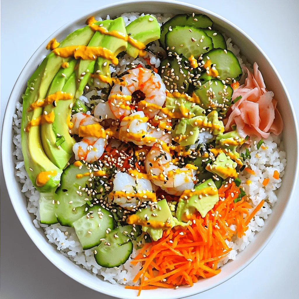 - 2 cups sushi rice, rinsed - 2 1/2 cups water - 1 avocado, sliced - 1 cucumber, julienned - 1 carrot, grated - 1/2 pound cooked shrimp or crab meat, chopped To make the Spicy Dragon Roll Sushi Bowl, you need fresh and quality ingredients. Sushi rice is key. It gives the bowl its signature sticky texture. Rinse the rice well to remove excess starch. This helps it cook evenly. Next, you’ll want some cooked shrimp or crab meat. Both options add a nice protein boost. You can use leftover seafood or cook it fresh. I recommend using shrimp for a classic taste. Fresh vegetables bring color and crunch to the dish. I love using avocado for its creamy texture. Cucumber adds a refreshing bite, while grated carrot gives sweetness. Feel free to mix in your favorite veggies, too! - 1 teaspoon rice vinegar - 1 tablespoon sugar - 1/2 teaspoon salt - 1/4 cup spicy mayo (mix mayonnaise with Sriracha to taste) - 1 teaspoon soy sauce - 1 tablespoon sesame seeds - 2 sheets nori, cut into strips - 1 green onion, chopped (for garnish) The seasoning is crucial for flavor. Mix rice vinegar, sugar, and salt to season the rice. This blend gives it a tangy taste that pairs well with the seafood. Spicy mayo is a must for that extra kick. Just mix mayonnaise with Sriracha to reach your desired spice level. This creamy sauce adds depth and excitement to the bowl. Don’t forget the garnishes! Soy sauce and sesame seeds add umami and texture. Nori strips give a nice crunch. Finally, sprinkle chopped green onion on top for fresh flavor. - Pickled ginger (for serving) - Wasabi (for serving) For an authentic sushi experience, serve pickled ginger and wasabi on the side. Pickled ginger cleanses your palate between bites. Wasabi adds heat, perfect for those who love spice. When plating, layer the ingredients neatly. This makes your bowl look appealing. Arrange the veggies and seafood artfully. A beautifully presented dish makes every bite more enjoyable. Cooking the rice Start by rinsing 2 cups of sushi rice in cold water. This removes extra starch. In a medium pot, combine the rinsed rice with 2 ½ cups of water. Bring this to a boil over high heat. Once it boils, reduce the heat to low and cover the pot. Cook for 20 minutes or until the rice is soft and water is gone. Seasoning the rice While the rice cooks, mix 1 teaspoon of rice vinegar, 1 tablespoon of sugar, and ½ teaspoon of salt in a small bowl. Stir until everything dissolves. Once the rice is ready, remove it from heat. Gently fold this mixture into the warm rice. Let the rice cool to room temperature. Layering the ingredients Grab a large bowl. Start by adding the seasoned rice at the bottom. This forms a nice base for your bowl. Adding toppings and sauces Next, arrange the sliced avocado, julienned cucumber, grated carrot, and chopped shrimp or crab meat on top of the rice. Drizzle the spicy mayo and soy sauce over everything. Finish by sprinkling sesame seeds and adding nori strips for crunch. Garnishing the bowl Top your bowl with chopped green onion. This adds flavor and a pop of color to your dish. Serving recommendations Serve your Spicy Dragon Roll Sushi Bowl with pickled ginger and wasabi on the side. This gives it an authentic sushi taste and adds a spicy kick. Enjoy your beautiful and tasty creation! To make great sushi rice, avoid these common mistakes: - Rinsing: Always rinse your sushi rice. This removes excess starch. Too much starch makes the rice gummy. - Water Ratio: Use the right water ratio. For 2 cups of rice, use 2.5 cups of water. This ensures the rice cooks well. For the right texture, follow these tips: - Cook Time: Cook on low heat for 20 minutes. Do not peek at the rice while it cooks. - Seasoning: Once cooked, mix in the rice vinegar, sugar, and salt. This adds flavor and helps with the stickiness. To create your perfect spicy mayo, adjust the spice levels to your liking: - Sriracha: Start with a small amount of Sriracha. You can always add more if you like it spicier. - Creaminess: Mix in more mayonnaise if the sauce is too spicy for your taste. You can also try alternative sauces: - Wasabi Mayo: Mix wasabi with mayo for a different kick. - Soy Sauce: Add a dash of soy sauce for a salty twist. Arranging your ingredients can make your sushi bowl pop: - Layering: Start with a base of rice. Then layer the avocado, cucumber, and shrimp on top. This creates a colorful display. - Garnishing: Sprinkle sesame seeds and green onion on top. This adds flavor and makes the dish look fancy. To enhance flavors, consider these garnishes: - Pickled Ginger: Serve on the side for a refreshing bite. - Wasabi: A little dab goes a long way. It can add a spicy punch. {{image_2}} You can switch shrimp for many proteins. Crab is a great choice. It adds a sweet taste and pairs well with the spicy mayo. Tofu is another option. It soaks up flavors well and is perfect for vegetarians. Other seafood, like scallops or salmon, can also work. Just ensure they are cooked properly for safety. Adding more veggies can enhance your bowl. Try thinly sliced carrots or radishes for crunch. Peas or bell peppers can add bright colors and flavors. You can use seasonal vegetables too. In the summer, fresh corn or zucchini can be a delicious choice. In the fall, roasted squash can bring warmth to your bowl. If you want to change the rice, brown rice is a healthy choice. It has a nutty flavor and is more filling. Quinoa is another great option. It cooks fast and adds protein to your meal. If you can’t find sushi rice, other short-grain rice can work, but sushi rice gives the best texture. To keep your spicy dragon roll sushi bowl fresh, store it in a sealed container. Here are some tips: - Refrigeration: Place leftovers in the fridge within two hours. They last up to two days. - Keep ingredients separate: Store the rice, veggies, and sauces apart. This helps maintain texture and flavor. When you want to enjoy your sushi bowl again, follow these steps: - Reheating sushi rice: Place rice in a bowl, add a splash of water, and cover. Microwave for 30 seconds. Stir and repeat if needed. - Reassembling the bowl: Layer the reheated rice at the bottom. Add fresh veggies and top with sauces. If you want to save some for later, consider freezing: - What can be frozen: Only freeze cooked shrimp or crab meat and rice. Avoid fresh veggies and sauces. - Thawing and reheating tips: Thaw overnight in the fridge. Reheat the rice as mentioned and enjoy your bowl fresh. A Spicy Dragon Roll Sushi Bowl is a fun twist on the classic sushi roll. It combines fresh ingredients in a bowl instead of rolling them up. This dish usually features sushi rice, seafood, and colorful veggies. It gets its name from the spicy mayo that adds a kick. This bowl is popular in sushi restaurants. It brings together flavors from Japan and makes it easy to enjoy at home. The total time to make this dish is about 45 minutes. Here’s the breakdown: - Prep time: 20 minutes - Cooking time: 20 minutes for the rice - Cooling time: 5 minutes to cool the rice This makes it a quick meal option for busy days. Yes, you can make parts of it ahead. Here are some tips: - Cook the rice: You can cook and season the rice a day before. Just store it in the fridge. - Prep veggies: Slice and grate the veggies and store them in airtight containers. - Sauces: Mix the spicy mayo and store it in a small jar. When you are ready to eat, just assemble everything. This way, you save time while still enjoying a fresh dish. You now have all the tools to make a Spicy Dragon Roll Sushi Bowl. We covered the main ingredients, steps for preparing sushi rice, and tips for perfecting flavors. Remember, presentation matters, too. You can customize this dish with different proteins and veggies. Store leftovers properly to enjoy your bowl later. So, get creative in the kitchen and impress everyone with a delicious meal that’s fun to make!