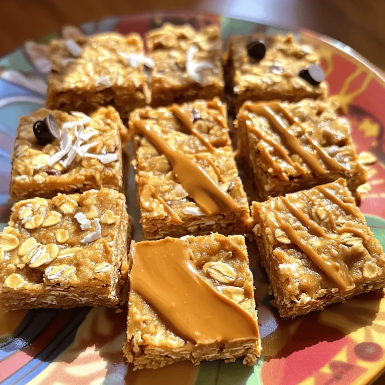 - 1 cup rolled oats - 1/2 cup creamy peanut butter - 1/4 cup honey or maple syrup - 1/2 cup almond flour - 1/4 cup chopped nuts (e.g., walnuts or almonds) - 1/4 cup dark chocolate chips or cacao nibs - 1/2 teaspoon cinnamon - 1/4 teaspoon salt - 2 tablespoons chia seeds (optional) - 1/4 cup shredded coconut (optional) These ingredients work together to give you tasty energy squares. The oats provide fiber, while peanut butter brings in protein. Honey or maple syrup gives the right sweetness. Almond flour adds a nice texture and nutrition. You can add extra ingredients to make your squares special. Here are some ideas: - 1/4 cup dried fruit like raisins or cranberries for sweetness - 1/4 cup seeds like pumpkin or sunflower for crunch - A scoop of protein powder for a protein boost These options let you change the flavor and health benefits. If you need to swap ingredients, here are some good choices: - Use sunflower seed butter instead of peanut butter for nut-free squares. - Replace honey with agave syrup if you want a vegan option. - Use coconut flour instead of almond flour for a different taste. These substitutions help you fit your diet needs while keeping the energy squares delicious. To make Peanut Butter Oatmeal Energy Squares, you start by gathering your ingredients. This recipe is easy and quick. You can whip it up in about 15 minutes. The first step is mixing your dry ingredients. This helps the flavors blend well. Next, you'll warm the peanut butter and honey together. This makes it easier to mix. Finally, you will press everything into a dish and chill it. 1. Grab a large mixing bowl. Add the rolled oats, almond flour, chia seeds, chopped nuts, dark chocolate chips, shredded coconut, cinnamon, and salt. 2. Use a spoon to stir these dry ingredients until they mix well. Make sure it's even. 3. In a microwave-safe bowl, warm the peanut butter and honey. Heat it for 20-30 seconds until it melts a bit. 4. Stir it until it's smooth. This step is key for good mixing. 5. Pour the warm peanut butter mixture over your dry mix. 6. Stir everything together until it becomes sticky and well combined. 1. Line an 8x8-inch baking dish with parchment paper. Leave some paper hanging over the sides. This helps you lift the squares out later. 2. Transfer the mixture into the dish. Press it down firmly and evenly. You can use a spatula or your hands for this. 3. Once it's packed tightly, place the dish in the refrigerator. Chill it for at least 1 hour. This helps the squares set. 4. After an hour, lift the mixture out using the parchment paper. Cut it into squares or bars as you like. Enjoy your Peanut Butter Oatmeal Energy Squares! To make your Peanut Butter Oatmeal Energy Squares, start with a large bowl. Mix the rolled oats, almond flour, chia seeds, chopped nuts, dark chocolate chips, shredded coconut, cinnamon, and salt. Stir well to combine these dry items. This step ensures even flavor in each bite. You want every piece to taste great. To get the right texture, warm the peanut butter and honey or maple syrup. Microwave them for about 20-30 seconds until they are slightly melted. This makes mixing easier. When you pour the warm mixture over the dry ingredients, it helps everything stick together. Press the mixture firmly into the baking dish. This step keeps the squares from crumbling. When it's time to serve, use a colorful plate. Arrange the energy squares neatly. Add a drizzle of peanut butter on top for a fun look. You can also sprinkle some shredded coconut over the squares. This adds a nice touch and makes them more appealing. Remember, we eat with our eyes first! {{image_2}} To make these energy squares vegan, swap honey for maple syrup. This change keeps the sweetness while fitting a vegan diet. Use smooth peanut butter or any nut butter you enjoy. You can also add more chia seeds to boost nutrition. This option makes a yummy treat for everyone! For gluten-free energy squares, use certified gluten-free rolled oats and almond flour. These swaps ensure you stay gluten-free without losing flavor or texture. You can also add gluten-free nuts and chocolate chips. Always check labels to avoid hidden gluten in products. Enjoy these tasty squares worry-free! Feel free to mix in fun flavors! Here are some ideas: - Fruits: Add dried cranberries, raisins, or chopped dates for sweetness. - Spices: A pinch of nutmeg or vanilla extract can add depth. - Seeds: Pumpkin seeds or sunflower seeds make great crunchy additions. - Nut Butters: Try almond or cashew butter for a twist. Experiment with these ideas to find your favorite combo. Each variation brings a new taste! You want to keep your Peanut Butter Oatmeal Energy Squares fresh and tasty. After cutting them, place the squares in a single layer in a container. If you stack them, use parchment paper between layers. This way, they won’t stick together. These energy squares last about a week in the fridge. If you want to store them longer, freeze them. Wrap each square in plastic wrap or aluminum foil, then place them in a freezer-safe bag. They can last up to three months in the freezer. The best containers for your energy squares are airtight ones. Glass containers work well, but plastic ones are fine too. Just ensure the lid seals tightly. This helps keep them fresh and prevents odors from other foods. Peanut Butter Oatmeal Energy Squares are tasty snacks packed with nutrients. They mix oats, peanut butter, and honey for a sweet treat. Each square gives you energy, making them perfect for busy days. You can eat them for breakfast, lunch, or a snack. They are easy to make and fun to share. You can swap peanut butter with sunflower seed butter or almond butter. Both options keep the squares creamy and tasty. You can also try tahini for a nut-free twist. Just follow the same steps in the recipe. The taste will change a bit, but they will still be great. Yes! You can use agave syrup or brown rice syrup as alternatives. Both will add sweetness and keep the texture nice. If you prefer, you can use stevia or monk fruit for a low-calorie option. Just remember to adjust the amount based on how sweet you like it. Peanut butter oatmeal energy squares are easy and fun to make. We explored the key ingredients, mixing steps, and baking tips for perfect texture. You can even customize them with your favorite flavors or dietary needs. Storing them right helps you enjoy these snacks longer. Try these squares for a tasty treat or quick energy boost. Remember, experimenting with flavors makes cooking enjoyable. Get creative and make them your own!