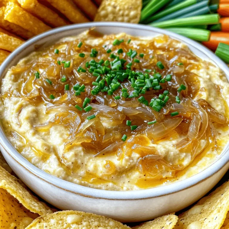 To make this tasty dip, gather these items: - 3 large yellow onions, thinly sliced - 2 tablespoons olive oil - 1 tablespoon butter - 1 teaspoon salt - 1 teaspoon sugar - 1 cup sour cream - 1 cup cream cheese, softened - 1 tablespoon Worcestershire sauce - Freshly ground black pepper, to taste - Chives, chopped (for garnish) - Tortilla chips or vegetable sticks (for serving) You can swap ingredients for your taste. Here are some ideas: - Use red onions for a sweeter taste. - Swap olive oil with avocado oil for a different flavor. - Replace sour cream with Greek yogurt for a healthier option. - Use any cream cheese alternative if you want a dairy-free dip. - Try adding hot sauce instead of Worcestershire sauce for a kick. Choosing fresh onions is key for great flavor. Here’s what to look for: - Select onions that feel firm and heavy. - Avoid onions with soft spots or sprouting. - Look for dry, smooth skin without any blemishes. - Check for a strong onion scent; this often means freshness. These tips will help you make a great dip that everyone will love! To start, gather your three large yellow onions. Slice them thinly. This helps them cook evenly. In a large skillet, heat two tablespoons of olive oil and one tablespoon of butter over medium heat. Once the butter melts, add the sliced onions. Sprinkle one teaspoon of salt and one teaspoon of sugar over them. The salt helps draw out moisture, while the sugar aids in caramelization. Stir to mix everything well. Cook the onions for about 30 to 40 minutes. Keep stirring occasionally. You want them to turn soft and a deep golden brown. When they look perfect, take them off the heat and let them cool for a few minutes. While the onions cool, grab a mixing bowl. Add one cup of sour cream and one cup of softened cream cheese. Stir these until smooth and creamy. Next, mix in one tablespoon of Worcestershire sauce. This adds depth to your dip. Don’t forget to add freshly ground black pepper to taste. Once your mixture is smooth, fold in the cooled caramelized onions. Make sure the onions are evenly mixed into the dip. Now, transfer the dip to a serving bowl. For a nice touch, sprinkle some chopped chives on top. This gives a fresh flavor and bright color. Serve your dip with tortilla chips or fresh vegetable sticks. This combination makes for a fun and tasty snack. Enjoy every bite of your homemade caramelized onion dip! To get the best caramelized onions, patience is key. Start by heating olive oil and butter in your skillet. Use a medium heat and add your sliced onions. Sprinkle salt and sugar on top. The salt helps draw out moisture, while sugar boosts the sweetness. Stir the onions often. This helps them cook evenly and prevents burning. Cook the onions for about 30 to 40 minutes. You want them soft and golden brown. If they start to stick, lower the heat. A little brown is good, but you don’t want blackened bits. The right color means rich flavor, so keep an eye on them! When serving caramelized onion dip at a party, presentation matters. Use a nice bowl for the dip. Top it with chopped chives for color. Serve with tortilla chips for crunch or fresh veggie sticks for a healthy option. Arrange these around the bowl for a beautiful display. I suggest you make a double batch; it goes fast! You can also set up a dipping station with various chips and veggies. This way, guests can choose their favorites. Caramelized onion dip pairs well with many snacks. For a classic combo, serve it with crispy tortilla chips. Their crunch balances the creamy dip. You can also try fresh vegetable sticks like carrots, celery, or bell peppers. They add a nice crunch and a fresh flavor. If you want something different, consider serving it with soft bread or crackers. The bread's texture complements the dip well. Feel free to explore other flavor profiles, too! Add some spicy salsa or tangy pickles on the side for extra fun. {{image_2}} To add some heat, try making a spicy version. You can mix in diced jalapeños or red pepper flakes. Start with one tablespoon of jalapeños for a mild kick. If you want more heat, add more as you stir. The spice will blend well with the sweet caramelized onions. This twist makes the dip exciting and full of flavor. For a cheesy treat, you can add different cheeses. Mix in one cup of shredded cheddar cheese or mozzarella. Stir until the cheese melts into the dip. You can also sprinkle some cheese on top before serving. This gives a nice, gooey finish. The cheese pairs perfectly with the rich onions. If you love herbs, this variation is for you. Add a tablespoon of fresh thyme or rosemary to your onions as they cook. The herbs will bring out even more flavor. You can also mix in fresh chives or parsley at the end. This version adds a fresh taste that brightens the dip. Each herb adds its own unique flavor, making your dip stand out. To keep your caramelized onion dip fresh, store it in an airtight container. Glass or plastic containers work great. Make sure to let the dip cool before sealing it up. This helps avoid moisture buildup. I recommend keeping it in the fridge right after serving. When stored properly, caramelized onion dip lasts about 3 to 5 days in the fridge. Always check for any change in smell or color before eating. If you notice anything off, it's best to throw it away. Reheating is simple! Just scoop out the amount you want and place it in a bowl. Microwave it in short bursts, about 20 seconds at a time, stirring in between. This helps get it warm without cooking it more. You can also heat it on the stove over low heat. Just stir often to keep it smooth. If it gets too thick, add a splash of sour cream or cream cheese to bring it back to life! Yes, you can make caramelized onion dip ahead of time. I often prepare it a day before a party. After making it, let it cool and store it in the fridge. This dip tastes even better after resting. The flavors mix well when it sits. Before serving, just stir it well. You can also add fresh chives for a pop of color. You can serve caramelized onion dip with many tasty options. Tortilla chips are a classic choice. They add a nice crunch. Fresh vegetable sticks also work well. Carrots, celery, and bell peppers are great for dipping. You can even serve it with pita bread or crackers. The dip's creamy texture pairs well with various dippers. Yes, caramelized onion dip is vegetarian-friendly. The ingredients, like onions, sour cream, and cream cheese, are all plant-based. Worcestershire sauce may contain anchovies, so check the label. Some brands offer vegetarian versions without fish. You can easily make this dip a hit at any gathering, even for vegetarians. Caramelized onion dip is simple to make and delicious. Our ingredient guide helps you pick fresh ingredients and offers swaps when needed. The step-by-step instructions ensure your onions caramelize perfectly. We explored serving tips and variations to please any crowd. Proper storage tips can keep your dip fresh and tasty. In the end, whether you prepare it spicy, cheesy, or herby, this dip will impress. Enjoy making and sharing it!