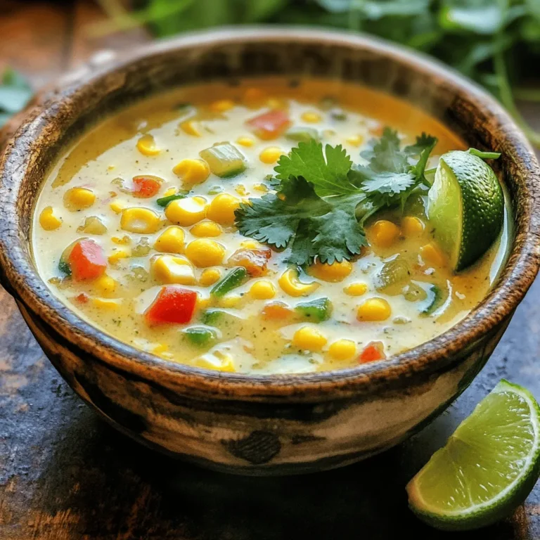 For a rich and tasty Southwest Corn Chowder, you will need the following fresh ingredients: - Fresh corn kernels (or frozen corn) - Diced onion - Minced garlic - Diced red bell pepper - Finely chopped jalapeño - Diced potatoes - Vegetable broth - Coconut milk - Spices (smoked paprika, cumin, cayenne pepper) - Olive oil - Salt and pepper - Fresh cilantro (for garnish) - Lime wedges (for serving) Each ingredient adds its own flavor and texture. Fresh corn gives a sweet crunch. Onions and garlic provide a savory base. Red bell pepper adds sweetness and color. Jalapeños bring heat, but you can adjust as needed. Diced potatoes make the chowder filling and creamy once cooked. Vegetable broth provides depth. Coconut milk adds creaminess and a subtle sweetness. The spices—smoked paprika, cumin, and cayenne—bring warmth and complexity. Using these ingredients, you can create a dish that warms the soul. Feel free to experiment! Swap in your favorite veggies or adjust the spice level to suit your taste. Enjoy the process, and remember, cooking is about having fun! 1. First, heat 2 tablespoons of olive oil in a large pot over medium heat. 2. Next, add 1 medium diced onion. Sauté it for about 5 minutes until it turns soft and clear. 3. Now, add 2 minced cloves of garlic, 1 diced red bell pepper, and 1 finely chopped jalapeño (make sure to remove the seeds if you want less heat). Cook these for an additional 2 to 3 minutes until they soften. 1. Time to stir in 2 diced potatoes, 4 cups of corn kernels, 1 teaspoon of smoked paprika, 1 teaspoon of cumin, and 1/2 teaspoon of cayenne pepper. Cook this mix for another 2 minutes, stirring often. 2. Pour in 4 cups of vegetable broth. Bring everything to a boil, then lower the heat to let it simmer. Cook for about 15 to 20 minutes until the potatoes become tender. 1. Once the potatoes are soft, add 1 can (15 oz) of coconut milk. Stir it well and simmer for another 5 minutes to heat it through. 2. Season the chowder with salt and pepper to taste. Adjust the spices if needed. 3. Use an immersion blender to blend part of the chowder for a creamy texture. Leave some chunks for bite. 4. Serve the chowder hot. Garnish with fresh cilantro and a lime wedge on the side for extra flavor. Adjust spice levels to match your taste. For milder chowder, skip the jalapeño. If you crave heat, add more cayenne. Start with a small amount. You can always add more later. Soaking corn kernels can make a difference. If you use dried corn, soak them overnight. This helps them cook faster and makes them tender. For fresh or frozen corn, no soaking is needed. Just rinse them before use. Cutting vegetables uniformly is key. This ensures even cooking. Try to chop your onion, bell pepper, and potatoes into similar sizes. This way, they cook at the same rate and taste great together. Using an immersion blender is simple. It lets you blend the chowder right in the pot. You can control the texture better. If you don’t have one, a regular blender works too. Just blend half the chowder, then mix it back in. Garnishing adds flair to your chowder. Fresh cilantro brings color and flavor. Just sprinkle some on top before serving. A lime wedge on the side gives a nice pop of brightness. Squeeze it over your chowder for extra zing. {{image_2}} You can play around with different veggies in your chowder. Try adding: - Carrots for sweetness - Zucchini for a fresh taste - Green peas for color and texture If you prefer a dairy-free or vegan version, use nut milk instead of coconut milk. Almond or cashew milk can work well. You can also skip the coconut milk and add more vegetable broth. Adding spices can change the whole vibe of your chowder. Here are some ideas: - Add oregano or thyme for an earthy flavor. - Try cilantro for a fresh twist. - For a smoky kick, consider chipotle powder. You can also adjust the heat level. If you want more spice, keep some jalapeño seeds in the mix. For a milder chowder, remove all seeds and use less cayenne pepper. To make your chowder even better, think about sides and toppings. Here are some options: - Serve with warm cornbread for a cozy meal. - Pair with tortilla chips for crunch. - Top with avocado slices for creaminess. Garnish your chowder with: - Fresh cilantro for brightness - A squeeze of lime juice for zing - Crumbled tortilla chips for added texture These variations will not only enhance your chowder but also make it your own special dish! Store your Southwest corn chowder in the fridge. Use airtight containers to keep it fresh. It lasts up to three days. Keep it in a cool, dark spot in your fridge. To reheat, use the stove or microwave. If using the stove, place the chowder in a pot. Heat over low to medium, stirring often. For the microwave, heat in short bursts. Stir in between to keep it smooth. Watch for separation. If you notice it, stir well to blend the ingredients back together. You can freeze the chowder for later. First, let it cool to room temperature. Then, pour it into freezer-safe containers. Leave some space at the top for expansion. Seal tightly and label with the date. To thaw, place the container in the fridge overnight. For reheating, use the stove or microwave, just like before. Stir well to ensure a creamy texture. Enjoy your tasty chowder anytime! If you want a creamy texture, you can use heavy cream. It adds richness, but it's not dairy-free. For a non-dairy option, try almond milk or soy milk. Both can give a nice flavor, though they will be lighter than coconut milk. You can also use cashew cream for a thicker texture. Just blend soaked cashews with water until smooth. Yes, you can make this chowder ahead of time. Cook it fully, then let it cool. Store it in a tight container. It will keep well in the fridge for up to four days. When you are ready to eat, reheat it on the stove. Stir often to stop it from sticking. Southwest Corn Chowder is packed with nutrients. Corn is high in fiber and vitamins. The vegetables add more vitamins and minerals. To make it even healthier, use less coconut milk or cream. You can also swap regular potatoes for sweet potatoes. This adds more vitamins and flavor. This article detailed how to make a delicious Southwest Corn Chowder. We covered ingredients like fresh corn, spices, and creamy coconut milk. You learned easy steps for preparation and cooking, plus tips for perfecting your chowder. I shared ideas for ingredient swaps and storage. In closing, explore the many ways to customize this recipe. Enjoy making a dish that warms both your heart and your taste buds. Dive in, get creative, and savor each bite!