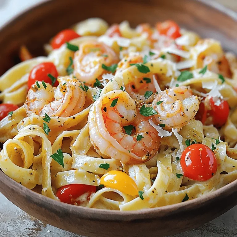 - 8 oz fettuccine or linguine - 1 lb large shrimp, peeled and deveined - 2 tablespoons Cajun seasoning - 2 tablespoons olive oil - 1 medium onion, finely chopped - 3 cloves garlic, minced The main ingredients set the stage for flavor. Pasta like fettuccine or linguine makes a great base. I love using large shrimp, as they offer a nice bite. The Cajun seasoning packs a punch, with spices that awaken the dish. Olive oil is key for cooking and adds richness. Onion and garlic give a savory aroma when sautéed. - 1 red bell pepper, sliced - 1 cup heavy cream - 1 cup cherry tomatoes, halved - Salt and black pepper to taste - Fresh parsley, chopped (for garnish) - Grated Parmesan cheese (for serving) The additional ingredients bring life to the plate. Sliced red bell pepper adds sweetness and color. Heavy cream creates a luscious sauce that ties everything together. Cherry tomatoes add a burst of freshness. Season with salt and black pepper for balance. Finally, parsley and Parmesan cheese give a beautiful finish. This mix of ingredients makes every bite of Spicy Cajun Shrimp Pasta a delight. Each adds a special touch that you won't forget. To start, fill a large pot with water and add a good pinch of salt. Bring the water to a boil over high heat. Add 8 ounces of fettuccine or linguine to the pot. Cook the pasta according to the package instructions. Aim for an al dente texture, which means it should be firm but not hard when bitten. This usually takes about 8 to 10 minutes. As the pasta cooks, don't forget to save some pasta water. Reserve about half a cup before you drain the pasta. This starchy water helps the sauce stick later. While the pasta cooks, you can prepare the shrimp. Take 1 pound of large shrimp, peeled and deveined. Place the shrimp in a large bowl. Sprinkle 2 tablespoons of Cajun seasoning over the shrimp. Toss them until they are well coated. This seasoning gives the shrimp its bold flavor. Next, heat 2 tablespoons of olive oil in a large skillet over medium-high heat. Once hot, add the shrimp to the skillet. Cook them for about 2 to 3 minutes. You'll know they are done when they turn pink and opaque. Remove the shrimp from the skillet and set them aside. In the same skillet, add a finely chopped medium onion and 3 minced garlic cloves. Sauté them for about 2 to 3 minutes until they smell great. Then, add a sliced red bell pepper. Cook this mix until the pepper softens, which should take another 3 minutes. Now, pour in 1 cup of heavy cream and bring it to a low simmer. Stir in 1 cup of halved cherry tomatoes. Season the sauce with salt and black pepper to taste. Let it simmer for about 5 minutes. This will help thicken the sauce a bit. Now it’s time to bring it all together. Add the cooked shrimp back into the skillet. Then, add the drained pasta. Toss everything well so the pasta and shrimp are coated in the creamy sauce. If the sauce seems too thick, add a little of the reserved pasta water to reach your desired consistency. When you're ready to serve, plate the pasta. Garnish with freshly chopped parsley and a sprinkle of grated Parmesan cheese. This adds a nice touch and extra flavor. Enjoy your Spicy Cajun Shrimp Pasta! - How to prevent shrimp from overcooking: To keep shrimp tender, cook them for just 2-3 minutes. They turn pink and opaque when done. Remove them from the heat right away. Overcooked shrimp can become rubbery and tough. - Adjusting spice levels for taste: If you prefer less heat, use less Cajun seasoning. You can always add more later. Taste the sauce as you cook, and adjust to your liking. Add a touch of cream for a milder flavor if needed. - Best side dishes to accompany: Serve your Spicy Cajun Shrimp Pasta with a side salad. A fresh garden salad with a light vinaigrette works well. Garlic bread is another great option, adding crunch to your meal. - Wine pairings for Spicy Cajun Shrimp Pasta: Pair this dish with a crisp white wine, like Sauvignon Blanc. Its bright acidity will balance the spicy flavors. A light Pinot Grigio also complements the creaminess of the sauce well. {{image_2}} For a fun twist on this dish, consider changing the pasta type. You can use whole wheat pasta for added fiber or even zoodles (zucchini noodles) for a lighter option. Both work well with the spicy sauce. If you want to swap proteins, try chicken or fish. Chicken breast, seasoned with Cajun spice, makes a great option. For fish, shrimp can be replaced by salmon or tilapia. Just adjust cooking times to ensure the protein is perfectly cooked. Making this dish gluten-free is easy. Simply choose gluten-free pasta. Many brands offer tasty options that cook well. Always check the package instructions for cooking times. If you need a dairy-free version, try coconut cream or cashew cream instead of heavy cream. These alternatives add a rich flavor and keep the sauce creamy. You can find these options in most grocery stores. To keep your Spicy Cajun Shrimp Pasta fresh, follow these steps: - Storing in the refrigerator: Allow the pasta to cool down to room temperature. Place it in an airtight container. Your dish will last up to 3 days in the fridge. - Best containers for storage: Use glass or plastic containers with tight-fitting lids. This helps to prevent air from getting in, which keeps your meal fresh longer. Avoid using metal containers, as they can affect the taste. To enjoy your pasta again, reheating is simple. Here’s how: - Best methods for reheating pasta dishes: The microwave is quick and easy. Place your pasta in a microwave-safe dish. Heat in short bursts, stirring in between. You can also use a skillet on low heat with a splash of water to help steam it back to life. - Tips for maintaining texture and flavor: Add a bit of olive oil or butter while reheating. This keeps the pasta moist and enhances the rich flavors. If the sauce seems thick, add a splash of reserved pasta water to loosen it up. What can I serve with Spicy Cajun Shrimp Pasta? You can pair this dish with garlic bread or a fresh salad. A crisp Caesar salad adds crunch. For a heartier side, serve roasted vegetables. These sides balance the richness of the creamy sauce. Can I prepare this recipe in advance? Yes, you can prep some parts ahead. Cook the pasta and shrimp separately. Store them in the fridge. Mix everything together just before serving for the best flavor. How can I adjust the recipe for more servings? To make more servings, simply double the ingredients. Use 16 oz of pasta and 2 lbs of shrimp. Keep the same cooking times, but watch the shrimp closely. How do I know when shrimp is cooked properly? Shrimp is cooked when it turns pink and opaque. It should curl into a "C" shape. Avoid overcooking, as it gets tough. Can I use frozen shrimp for this recipe? Yes, frozen shrimp works well. Just thaw them first. You can soak them in cold water for a quick thaw. Pat them dry before seasoning. Is Cajun seasoning spicy for everyone? Cajun seasoning can vary in heat. Some mixes pack a punch, while others are milder. Taste a little first. You can adjust the amount to suit your spice level. You learned how to make Spicy Cajun Shrimp Pasta from scratch. We covered main ingredients, cooking tips, and variations to suit your taste. Remember to avoid overcooking the shrimp for the best flavor. Adjust the spices as needed. This dish is perfect for any meal, and leftovers heat up well! Use the tips for storage and reheating to enjoy it again. Dive into this tasty recipe and impress your friends and family!