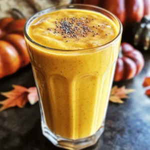 - 1 cup pumpkin puree: You can use canned puree or make your own. Choose organic for a rich flavor. - 1 frozen banana: A ripe banana adds natural sweetness. Freeze it for a creamy texture. - 1 cup almond milk: This is great for a nutty taste. You can also use oat or coconut milk if you prefer. - 1 tablespoon maple syrup: This sweetens the smoothie naturally. You can swap it for honey or agave if needed. - 1 teaspoon ground cinnamon: This spice gives warmth and depth. Freshly ground is best for flavor. - 1/2 teaspoon ground nutmeg: Nutmeg adds a cozy touch. Use whole nutmeg and grate it for a stronger taste. - 1/4 teaspoon ground ginger: Ginger adds a hint of spice and warmth. - 1 tablespoon chia seeds: These boost nutrition with fiber and omega-3s. They are optional but recommended. - Ice cubes: Add these if you want a thicker smoothie. They make it cold and refreshing. For common allergens, you can replace almond milk with soy or oat milk for nut-free options. Maple syrup can be swapped for a sugar-free sweetener for those cutting sugar. 1. Mixing ingredients in the blender Start by placing the following ingredients in your blender: - 1 cup pumpkin puree - 1 frozen banana - 1 cup almond milk - 1 tablespoon maple syrup - 1 teaspoon ground cinnamon - 1/2 teaspoon ground nutmeg - 1/4 teaspoon ground ginger - 1 tablespoon chia seeds (optional) Make sure to add the spices and chia seeds last. This order helps everything blend well. 2. Achieving desired consistency Blend these ingredients on high speed. Watch as they mix into a creamy blend. If you like a thicker smoothie, toss in a few ice cubes and blend again. Blend until you see no lumps. 3. Pouring and serving the smoothie Once it’s smooth, taste it. If you want more sweetness, add more maple syrup and blend briefly. Pour the smoothie into chilled glasses. Enjoy it right away for the best taste! - Adjusting sweetness If the smoothie isn’t sweet enough, maple syrup is a great choice. You can also try honey or agave syrup. Start with a small amount and taste as you go. - Adding toppings or garnishes Get creative with toppings! Consider adding: - A sprinkle of cinnamon - Chopped nuts - Whipped cream on top These little touches can make your smoothie look and taste even better. To make a great pumpkin pie smoothie, focus on your blending technique. Start by adding the pumpkin puree, frozen banana, almond milk, and maple syrup to the blender. Blend on high until everything is smooth. - If you want a creamier texture, add a few ice cubes. Blend again until you reach the thickness you like. - Prep your ingredients in advance. Measure out pumpkin puree, spices, and milk the night before. This saves time in the morning and makes it easier to blend. Pair your smoothie with a slice of whole grain toast or oatmeal. The flavors go well together and create a filling meal. For the best presentation, use chilled glasses. This keeps your smoothie cold and refreshing. You can also add a sprinkle of cinnamon on top for a nice touch. Serve it with a fun straw for extra flair! {{image_2}} You can change the taste of your pumpkin pie smoothie by adding fruits or veggies. Try adding a half cup of spinach for a green boost. It blends well and packs in nutrients. You could also toss in a few slices of apple or pear for extra sweetness and flavor. Spices can enhance the pumpkin flavor too. Besides cinnamon, nutmeg, and ginger, consider adding cloves or allspice. Just a pinch can make your smoothie taste like fall in a glass. You can also experiment with vanilla extract for a warm and sweet note. If you need vegan, gluten-free, or dairy-free options, this smoothie is easy to adapt. Use almond milk or coconut milk for a dairy-free option. Maple syrup is a great sweetener and is vegan, but you can swap in agave if you prefer. For a low-calorie version, skip the maple syrup or use a low-cal sweetener. If you want a protein boost, add a scoop of your favorite protein powder. Chia seeds also help with protein and fiber, making your smoothie more filling. To keep your leftover smoothie fresh, pour it into a sealed container. Glass jars work best. If you have extra smoothie, fill the jar only three-quarters full. This leaves room for expansion if you freeze it later. For freezing, pour the smoothie into ice cube trays. Once frozen, pop the cubes into a bag. This way, you can blend a few cubes later for a quick drink. Just add milk or water to the blender to reach your desired texture. The Pumpkin Pie Smoothie stays fresh for about one to two days in the fridge. After that, the taste and texture may change. If it smells sour or has changed color, it is best to toss it out. Signs of spoilage include a strange odor or separation of ingredients. If you see any mold or an off-putting smell, do not consume it. Always trust your senses when it comes to food! Is the Pumpkin Pie Smoothie healthy? Yes, this smoothie is healthy. It has pumpkin puree, banana, and chia seeds. These ingredients provide fiber, vitamins, and minerals. They help keep you full and satisfied. The almond milk adds a low-calorie, dairy-free option. Can I make it in advance? You can make this smoothie in advance. Blend it, then store it in the fridge. It tastes best when fresh, but it stays good for up to one day. Just give it a shake or stir before you drink. How can I make my smoothie thicker or thinner? To make it thicker, add ice cubes. You can also add more frozen banana or chia seeds. If you want it thinner, just add more almond milk. Blend again until you reach your desired texture. What can I substitute for pumpkin puree? If you don’t have pumpkin puree, you can use sweet potato puree. Another option is butternut squash puree. Both will give you a similar taste and texture. This smoothie has about 180 calories per serving. Here’s the breakdown: - Calories: 180 - Carbs: 30g - Fats: 5g - Protein: 3g Health benefits of the ingredients used: - Pumpkin puree: Full of vitamins A and C. Good for your eyes and skin. - Banana: Provides potassium and energy. - Chia seeds: Packed with omega-3 fatty acids and fiber. Good for digestion. - Almond milk: Lower in calories than regular milk. Great for a dairy-free diet. This post gave you a complete guide to making a delicious pumpkin pie smoothie. We covered the best ingredients, step-by-step instructions, and tips for great flavor. I shared various options for diets and fun ways to store leftovers. With these insights, you can customize your smoothie for any taste or need. Smoothies can be quick and tasty, perfect for any time of day. Enjoy experimenting and creating your own perfect version!
