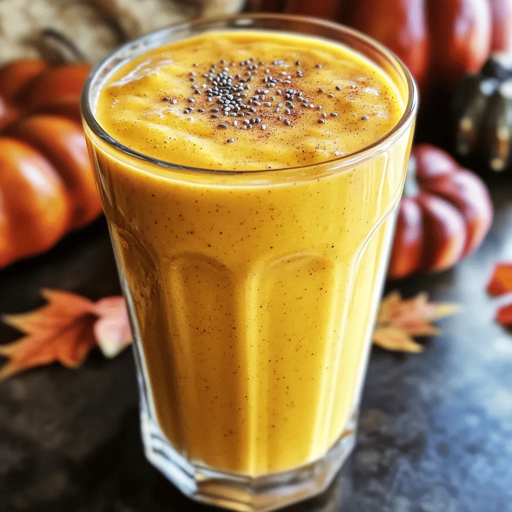 - 1 cup pumpkin puree: You can use canned puree or make your own. Choose organic for a rich flavor. - 1 frozen banana: A ripe banana adds natural sweetness. Freeze it for a creamy texture. - 1 cup almond milk: This is great for a nutty taste. You can also use oat or coconut milk if you prefer. - 1 tablespoon maple syrup: This sweetens the smoothie naturally. You can swap it for honey or agave if needed. - 1 teaspoon ground cinnamon: This spice gives warmth and depth. Freshly ground is best for flavor. - 1/2 teaspoon ground nutmeg: Nutmeg adds a cozy touch. Use whole nutmeg and grate it for a stronger taste. - 1/4 teaspoon ground ginger: Ginger adds a hint of spice and warmth. - 1 tablespoon chia seeds: These boost nutrition with fiber and omega-3s. They are optional but recommended. - Ice cubes: Add these if you want a thicker smoothie. They make it cold and refreshing. For common allergens, you can replace almond milk with soy or oat milk for nut-free options. Maple syrup can be swapped for a sugar-free sweetener for those cutting sugar. 1. Mixing ingredients in the blender Start by placing the following ingredients in your blender: - 1 cup pumpkin puree - 1 frozen banana - 1 cup almond milk - 1 tablespoon maple syrup - 1 teaspoon ground cinnamon - 1/2 teaspoon ground nutmeg - 1/4 teaspoon ground ginger - 1 tablespoon chia seeds (optional) Make sure to add the spices and chia seeds last. This order helps everything blend well. 2. Achieving desired consistency Blend these ingredients on high speed. Watch as they mix into a creamy blend. If you like a thicker smoothie, toss in a few ice cubes and blend again. Blend until you see no lumps. 3. Pouring and serving the smoothie Once it’s smooth, taste it. If you want more sweetness, add more maple syrup and blend briefly. Pour the smoothie into chilled glasses. Enjoy it right away for the best taste! - Adjusting sweetness If the smoothie isn’t sweet enough, maple syrup is a great choice. You can also try honey or agave syrup. Start with a small amount and taste as you go. - Adding toppings or garnishes Get creative with toppings! Consider adding: - A sprinkle of cinnamon - Chopped nuts - Whipped cream on top These little touches can make your smoothie look and taste even better. To make a great pumpkin pie smoothie, focus on your blending technique. Start by adding the pumpkin puree, frozen banana, almond milk, and maple syrup to the blender. Blend on high until everything is smooth. - If you want a creamier texture, add a few ice cubes. Blend again until you reach the thickness you like. - Prep your ingredients in advance. Measure out pumpkin puree, spices, and milk the night before. This saves time in the morning and makes it easier to blend. Pair your smoothie with a slice of whole grain toast or oatmeal. The flavors go well together and create a filling meal. For the best presentation, use chilled glasses. This keeps your smoothie cold and refreshing. You can also add a sprinkle of cinnamon on top for a nice touch. Serve it with a fun straw for extra flair! {{image_2}} You can change the taste of your pumpkin pie smoothie by adding fruits or veggies. Try adding a half cup of spinach for a green boost. It blends well and packs in nutrients. You could also toss in a few slices of apple or pear for extra sweetness and flavor. Spices can enhance the pumpkin flavor too. Besides cinnamon, nutmeg, and ginger, consider adding cloves or allspice. Just a pinch can make your smoothie taste like fall in a glass. You can also experiment with vanilla extract for a warm and sweet note. If you need vegan, gluten-free, or dairy-free options, this smoothie is easy to adapt. Use almond milk or coconut milk for a dairy-free option. Maple syrup is a great sweetener and is vegan, but you can swap in agave if you prefer. For a low-calorie version, skip the maple syrup or use a low-cal sweetener. If you want a protein boost, add a scoop of your favorite protein powder. Chia seeds also help with protein and fiber, making your smoothie more filling. To keep your leftover smoothie fresh, pour it into a sealed container. Glass jars work best. If you have extra smoothie, fill the jar only three-quarters full. This leaves room for expansion if you freeze it later. For freezing, pour the smoothie into ice cube trays. Once frozen, pop the cubes into a bag. This way, you can blend a few cubes later for a quick drink. Just add milk or water to the blender to reach your desired texture. The Pumpkin Pie Smoothie stays fresh for about one to two days in the fridge. After that, the taste and texture may change. If it smells sour or has changed color, it is best to toss it out. Signs of spoilage include a strange odor or separation of ingredients. If you see any mold or an off-putting smell, do not consume it. Always trust your senses when it comes to food! Is the Pumpkin Pie Smoothie healthy? Yes, this smoothie is healthy. It has pumpkin puree, banana, and chia seeds. These ingredients provide fiber, vitamins, and minerals. They help keep you full and satisfied. The almond milk adds a low-calorie, dairy-free option. Can I make it in advance? You can make this smoothie in advance. Blend it, then store it in the fridge. It tastes best when fresh, but it stays good for up to one day. Just give it a shake or stir before you drink. How can I make my smoothie thicker or thinner? To make it thicker, add ice cubes. You can also add more frozen banana or chia seeds. If you want it thinner, just add more almond milk. Blend again until you reach your desired texture. What can I substitute for pumpkin puree? If you don’t have pumpkin puree, you can use sweet potato puree. Another option is butternut squash puree. Both will give you a similar taste and texture. This smoothie has about 180 calories per serving. Here’s the breakdown: - Calories: 180 - Carbs: 30g - Fats: 5g - Protein: 3g Health benefits of the ingredients used: - Pumpkin puree: Full of vitamins A and C. Good for your eyes and skin. - Banana: Provides potassium and energy. - Chia seeds: Packed with omega-3 fatty acids and fiber. Good for digestion. - Almond milk: Lower in calories than regular milk. Great for a dairy-free diet. This post gave you a complete guide to making a delicious pumpkin pie smoothie. We covered the best ingredients, step-by-step instructions, and tips for great flavor. I shared various options for diets and fun ways to store leftovers. With these insights, you can customize your smoothie for any taste or need. Smoothies can be quick and tasty, perfect for any time of day. Enjoy experimenting and creating your own perfect version!