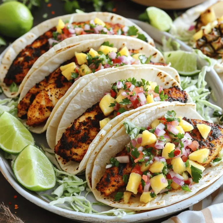 - 1 lb white fish fillets (tilapia, snapper, etc.) - 2 tablespoons paprika - 1 tablespoon cayenne pepper - 1 tablespoon garlic powder - 1 tablespoon onion powder - 1 teaspoon dried oregano - 1 teaspoon salt - 1/2 teaspoon black pepper - 2 tablespoons olive oil - 8 small corn tortillas - 1 cup shredded cabbage For the fish tacos, I love using white fish. Tilapia and snapper work great. They are mild and flaky. The blackening spice mix gives the fish a bold flavor. You will need paprika, cayenne pepper, garlic powder, onion powder, oregano, salt, and black pepper. This blend adds a nice kick. Olive oil helps the fish cook well and keeps it moist. Corn tortillas are my top choice. They add a lovely texture. - 1 cup fresh pineapple, diced - 1/2 red onion, finely chopped - 1 jalapeño, deseeded and minced - 1/4 cup cilantro, chopped - Juice of 1 lime - Salt to taste For the pineapple salsa, fresh pineapple is key. It brings a sweet and tangy taste. I chop it into small pieces for easy bites. Red onion adds crunch and a bit of sharpness. Jalapeño gives it heat, but you can adjust that. I always add cilantro for a nice herb flavor. Lime juice brightens everything up. A pinch of salt ties it all together. This salsa pairs perfectly with the blackened fish. To make the blackening spice, start by mixing the spices in a bowl. Use paprika, cayenne pepper, garlic powder, onion powder, oregano, salt, and black pepper. This spice mix is key to flavor. It gives the fish a rich, robust taste that makes the tacos pop. Seasoning is vital, as it brings out the best in your fish. First, dry the fish fillets with paper towels. This step helps the spices stick better. Next, rub the spice mixture all over the fillets. Make sure to coat both sides well. In a large skillet, heat olive oil over medium-high heat. Once hot, add the fish. Cook for 3-4 minutes on each side. You want a blackened crust that adds a nice crunch. After cooking, let the fish rest for a few minutes. Then, flake it into bite-sized pieces with a fork. For the salsa, combine diced pineapple, chopped red onion, minced jalapeño, and cilantro in a medium bowl. Squeeze in the lime juice and add a pinch of salt. Mix well to blend the flavors. Let it sit for a bit so the flavors meld. Fresh salsa brightens up the dish and adds a sweet zing. To assemble your tacos, warm the corn tortillas in a dry skillet. Do this for about 30 seconds on each side. It makes them soft and easy to fold. On each tortilla, layer a handful of shredded cabbage. Then, add a generous portion of flaked blackened fish. Top it off with a spoonful of pineapple salsa. For presentation, serve the tacos on a large platter. Add lime wedges and garnish with extra cilantro for a colorful touch. To make great blackened fish, focus on the cooking temperature. Heat your skillet to medium-high. This helps create that tasty crust. If the pan isn’t hot enough, the fish won’t blacken well. After cooking, let the fish rest for a couple of minutes. This step improves texture. It allows the juices to settle, making the fish moist and flaky. For the best flavor, let your pineapple salsa marinate. A short time, about 15 minutes, allows the ingredients to mix well. You can also switch up the ingredients. Try mango or peach instead of pineapple. If you like more heat, add extra jalapeño. This keeps your salsa fresh and exciting. Pair your tacos with sides like rice or black beans. A cool drink, such as a lime soda, also works well. To elevate the presentation, add garnishes. Lime wedges and extra cilantro add color and flavor. A sprinkle of chili flakes can also make your dish pop. {{image_2}} You can use many types of fish for this recipe. While tilapia and snapper are great choices, you can also try mahi-mahi or catfish. These fish have firm textures and soak up flavors well. If you want a sustainable option, look for fish marked with eco-labels. This helps protect our oceans and keeps fish stocks healthy. Besides pineapple salsa, many fruit salsas work well here. Mango salsa adds a sweet twist, while peach salsa brings a summer vibe. You can also mix in avocado for creaminess or use diced tomatoes for a fresh taste. The key is to balance sweetness and spice to make your tacos pop. Corn tortillas are perfect for these tacos. They are sturdy and full of flavor. If you prefer flour, they can work too but might change the taste. For those who need gluten-free options, look for corn tortillas or special gluten-free varieties. This way, everyone can enjoy tasty tacos. To keep your leftover tacos fresh, wrap them tightly in foil or place them in an airtight container. This method helps keep the fish and tortillas from drying out. Store them in the fridge for up to two days for the best flavor. When it’s time to enjoy your tacos again, reheat them on a skillet. Heat them over low to medium heat for about 2-3 minutes on each side. This warms the fish and keeps the tortillas soft. For a quicker option, you can use the microwave. Just place them on a microwave-safe plate and heat for 30-60 seconds. To keep your pineapple salsa fresh, store it in an airtight container in the fridge. It will stay good for about 3 days. The flavors will blend more over time, which can enhance its taste. For long-term storage, you can freeze the salsa. Use a freezer-safe container and leave some space at the top, as it will expand when frozen. It’s best to use the frozen salsa within 2-3 months. When you are ready to use it, thaw it in the fridge overnight. Stir well before serving to bring back its fresh taste. Yes, you can prep the fish and salsa ahead of time. First, rub the fish with spices and store it in the fridge. This helps the flavors blend. You can also make the pineapple salsa a day early. Just keep it in a sealed container in the fridge. When you are ready to eat, cook the fish quickly. Warm the tortillas right before serving. This keeps everything fresh and tasty. If you want a vegetarian option, use grilled portobello mushrooms or tofu. Both soak up flavors well. For a different protein, try shrimp or chicken. Season them like the fish for a similar taste. These options make the dish fun and keep it tasty. The spice level depends on the cayenne pepper. If you like it spicy, use the full amount. For less heat, cut the cayenne in half. You can also add more toppings like avocado or sour cream to cool it down. Adjust the spices to suit your taste. Enjoy finding the right level for you. Fish tacos are a tasty choice for any meal. You learned about the key ingredients, like white fish and fresh pineapple salsa. The step-by-step instructions guide you through preparing blackening spice, cooking fish, and making salsa. I shared tips for perfect fish and salsa flavor, plus creative variations and storage advice. With these ideas, you can impress your family and friends. Enjoy making these delicious tacos at home!