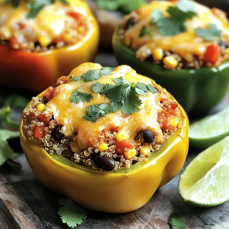 - 4 large bell peppers (any color) - 1 cup cooked quinoa - 1 can (15 oz) black beans, rinsed and drained - 1 cup corn (fresh, frozen, or canned) - 1 cup diced tomatoes (fresh or canned) - 1 small red onion, finely chopped - 2 cloves garlic, minced - 1 tablespoon chili powder - 1 teaspoon cumin - 1 teaspoon smoked paprika - Salt and pepper to taste - 1 cup shredded cheese (cheddar or a Mexican blend) - Fresh cilantro, for garnish - Lime wedges, for serving - Avocado slices - Sour cream or Greek yogurt - Hot sauce for extra heat When I make these Fiesta Stuffed Bell Peppers, I love gathering fresh ingredients. I pick vibrant bell peppers, which add color and flavor. The cooked quinoa gives a nice texture and fills you up. Black beans add protein and fiber, making this dish hearty. Corn brings sweetness, and diced tomatoes add freshness. I always chop a small red onion and mince garlic for a savory base. Spices are key. I use chili powder, cumin, and smoked paprika to build a warm flavor. Season with salt and pepper to taste. Don't forget the cheese! A mix of cheddar or a Mexican blend melts perfectly on top. For garnish, fresh cilantro brightens the dish, and lime wedges add a zesty finish. I also like to customize my peppers. Adding avocado slices gives a creamy touch. A dollop of sour cream or Greek yogurt adds coolness. For those who enjoy heat, a dash of hot sauce can really amp up the flavor. This recipe is all about making it your own! - Preheat your oven to 375°F (190°C). - Cut the tops off the bell peppers and remove the seeds and membranes. Preparing the bell peppers is simple. I like to use a sharp knife for this step. Just slice off the top and scoop out the seeds. This helps the peppers stand tall in the baking dish. You can use any color of bell pepper. Each color has a slightly different taste, so pick your favorite! - In a large mixing bowl, combine all filling ingredients. - Spoon the mixture into each bell pepper, packing it gently. Next, I mix the filling. Combine cooked quinoa, black beans, corn, diced tomatoes, red onion, garlic, chili powder, cumin, smoked paprika, salt, and pepper. I like to use a spatula to mix everything well. It should look colorful and smell great! Once mixed, I spoon the filling into each pepper. I pack it gently to fit it all in. This helps each bite be full of flavor. - Top with shredded cheese and prepare the baking dish with water. - Cover with foil and bake, then uncover for final browning. After filling the peppers, I sprinkle shredded cheese on top. This makes the peppers extra tasty! Then, I pour a little water into the bottom of the baking dish. This water helps steam the peppers while baking. I cover the dish with foil and bake for 30 minutes. After that, I take off the foil and bake for another 10 to 15 minutes. The cheese should be bubbly and golden. This gives a lovely finish to the dish. - Ensure the quinoa is thoroughly cooked before mixing. This step is key. - Adjust seasoning to taste before stuffing the peppers. Taste as you go! - Use vibrant bell pepper colors for an appealing dish. Red, yellow, and green look great! - Garnish just before serving for freshness. Fresh cilantro and lime add brightness. - Bake extra peppers separately if you have leftovers. This way, they stay fresh. - Allow peppers to cool slightly before serving for better handling. This prevents burns! {{image_2}} You can easily change the protein in your stuffed peppers. Substitute quinoa with rice or couscous for a different base. This change keeps the dish tasty and simple. If you want a heartier meal, add ground turkey or beef. This makes your peppers more filling and satisfying. For a vegan twist, swap cheese with a vegan alternative. There are many great options in stores today. You can also use lentils instead of black beans. This switch gives a nice texture and boosts protein. It’s a great way to enjoy this dish without animal products. Don’t be afraid to play with spices! You can experiment with oregano or cayenne for added depth. If you like heat, add diced jalapeños to the mix. This will give the peppers a spicy kick that many people enjoy. Trust me; these small changes can make a big difference in flavor. To keep your fiesta stuffed peppers fresh, refrigerate them in an airtight container. This helps them stay tasty for up to four days. When you're ready to enjoy them again, just take them out of the fridge. If you want to save time for a future meal, freeze unbaked stuffed peppers. Wrap them tightly in plastic wrap and then place them in a freezer bag. They can last for about three months in the freezer. Just remember to label the bag with the date! When it's time to eat your leftovers, you can microwave or bake them. If microwaving, heat them in short bursts to avoid overcooking. For baking, place them in the oven at 350°F (175°C) until they are heated through. Enjoy your flavorsome meal again! Yes, you can prepare and stuff the peppers in advance and store them. Just cover them and keep them in the fridge. When you're ready to eat, bake them straight from the fridge. This saves time on busy days. The cheese should be bubbly and golden, and the peppers should be tender. You can poke a fork into the peppers to check. If they feel soft, they are ready to enjoy! You can pair them with a side salad or tortilla chips for a complete meal. A fresh salad adds a nice crunch, and chips give you that extra flavor. Enjoy your meal! In this post, we explored the delicious world of stuffed bell peppers. We covered essential ingredients, preparation steps, and creative variations to make this dish your own. You learned how to store leftovers and even dish up an impressive meal ahead of time. I hope you feel inspired to try making these tasty peppers. Enjoy great flavors while keeping it healthy and fun! Your kitchen will smell amazing, and your taste buds will thank you.