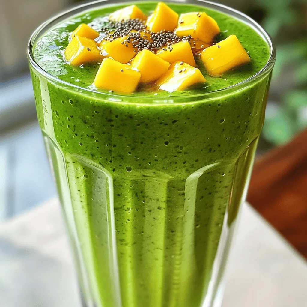 - 1 cup fresh spinach leaves - 1 ripe banana - 1/2 cup diced mango (fresh or frozen) - 1/2 cup coconut water The fresh ingredients in this Tropical Green Smoothie make it both tasty and healthy. Spinach adds a lovely green color and lots of nutrients. Bananas give it a creamy texture and natural sweetness. Mango adds a tropical twist, making each sip feel like a vacation. Coconut water keeps the smoothie light and refreshing. - 1/2 cup Greek yogurt - 1 tablespoon honey or maple syrup - Ice cubes You can make this smoothie even creamier with Greek yogurt. It also adds protein, which is great if you're looking for a filling drink. If you like it sweeter, add honey or maple syrup. Ice cubes can chill the smoothie, making it perfect on hot days. - Blender - Measuring cups - Tall glass or bowl You will need a blender to mix everything smoothly. Measuring cups help you get the right amounts of each ingredient. A tall glass or bowl is perfect for serving your delicious Tropical Green Smoothie. 1. Start by rinsing your fresh spinach leaves. Use cold water to wash them well. This step gets rid of dirt and any tiny bugs. Dry them gently with a clean towel or let them air dry. 2. Measure all your ingredients. You will need 1 cup of spinach, 1 ripe banana, and 1/2 cup of diced mango. If you like creamy smoothies, add 1/2 cup of Greek yogurt. Also, get 1/2 cup of coconut water, 1 tablespoon of chia seeds, and 1 tablespoon of honey or maple syrup if you want it sweeter. 1. In your blender, combine spinach, banana, and diced mango. Pour in the coconut water and Greek yogurt if you chose to use it. 2. Add chia seeds and honey or maple syrup for some extra sweetness. If you want a colder drink, toss in a few ice cubes. 3. Blend everything on high for about 30 to 60 seconds. Stop and check if it's smooth and creamy. If it's too thick, add more coconut water. Blend again until it’s just right. 1. Pour your smoothie into a tall glass or a bowl. 2. For a fun touch, sprinkle some chia seeds on top. You can also add sliced fruit or nuts for extra crunch. Enjoy your refreshing Tropical Green Smoothie! To get the right consistency for your Tropical Green Smoothie, balance is key. Start with one cup of coconut water for a smooth base. Blend on high for 30 to 60 seconds. If it feels too thick, add more coconut water. This will help create a drink that's easy to sip and enjoy. To prevent browning of the banana, use it right away. If you must wait, store the cut banana in lemon juice. The acid in the juice slows browning. This way, your smoothie stays fresh and bright. Want to boost the protein in your smoothie? Add a scoop of protein powder. This not only adds nutrition but also makes your drink more filling. You can also try adding nut butter for a creamy texture and nutty flavor. Feel free to mix in other fruits, too. Pineapple or papaya can give your smoothie a tropical twist. Berries like strawberries or blueberries can add sweetness and color. Experiment to find your favorite blend! The ingredients in this smoothie offer great nutrition. Spinach provides iron and vitamins. Bananas add potassium and natural sweetness. Mango gives vitamin C and fiber, while chia seeds offer omega-3 fatty acids. Consuming leafy greens and fruits can improve digestion. They support your immune system and provide energy. This smoothie is not just tasty; it’s also a health boost in a glass! Enjoy the benefits while treating your taste buds. {{image_2}} You can switch up the fruits in your Tropical Green Smoothie. Try adding papaya for a creamy texture. Pineapple brings a sweet, tangy kick. You can also blend in berries like strawberries or blueberries. These add color and flavor. They also boost the smoothie with antioxidants. Mixing fruits keeps your smoothie exciting and fresh. If you want a creamier smoothie, Greek yogurt is a great choice. But you can use alternatives like silken tofu or coconut yogurt. Both options add creaminess without dairy. For a lighter drink, try plant-based milk. Almond milk or oat milk works well. They make the smoothie smooth and rich without overpowering the fruit flavors. Turning your smoothie into a bowl is a fun twist. Just pour it into a bowl instead of a glass. This gives you a thick base for toppings. Sprinkle on some nuts or seeds for crunch. You can also add granola for a sweet touch. Fresh fruit slices on top add color and extra nutrition. Enjoy it with a spoon for a delightful breakfast or snack! How long does the smoothie last in the fridge? Your Tropical Green Smoothie will stay fresh in the fridge for up to 24 hours. After that, the flavors may change, and it might not taste as good. How do I freeze the smoothie for meal prep? To freeze, pour the smoothie into ice cube trays or freezer-safe containers. Leave some space for expansion. It freezes well for up to three months. What containers should I use for storage? Use airtight glass or plastic containers. These keep the smoothie fresh and prevent spills. How do I thaw frozen smoothies? To thaw, place the container in the fridge overnight. You can also run it under warm water for a quick thaw. How can I refresh the smoothie after storage? To refresh your smoothie, pour it into a blender. Add a splash of coconut water or milk. What tips help achieve the desired consistency again? Blend on high until smooth. If it's too thick, add more liquid. If it's too thin, add ice or frozen fruit. Can I make this smoothie ahead of time? Yes, you can make this smoothie ahead of time. However, it tastes best when fresh. If you store it, keep it in an airtight container. It lasts in the fridge for up to 24 hours. Remember, some separation may occur. Just give it a good shake or stir before you drink. What if I don’t have coconut water? If you don’t have coconut water, use regular water or any fruit juice. You can try pineapple juice for a tropical twist. This change will still keep it tasty and refreshing. Just adjust the sweetness based on your choice. How many calories are in a Tropical Green Smoothie? A Tropical Green Smoothie has about 250 calories. This number can change based on ingredients, like yogurt or sweeteners. To get a more accurate count, adjust according to what you add. Is this smoothie vegan-friendly? Yes, this smoothie can be vegan-friendly. Just skip the Greek yogurt or use a plant-based yogurt instead. Also, choose maple syrup over honey for sweetness. This way, you keep it plant-based and delicious. Can I add supplements like spirulina or protein powder? Absolutely! You can add spirulina or protein powder easily. Just mix in a scoop with your ingredients. This boost adds nutrition without changing the flavor much. How do I make it less sweet? To make it less sweet, cut back on the banana and sweeteners. You can also add more spinach or a bit of lemon juice. This will balance the taste and keep it refreshing. Enjoy your customized smoothie! This blog post showed you how to make a delicious Tropical Green Smoothie. You learned about fresh and optional ingredients, tools you need, and easy steps to blend. I shared tips for extra flavor and health benefits, plus variations to try. Smoothies can be stored well, and I covered how to do that. Making smoothies is fun and healthy. Now, grab your blender and start creating! Enjoy your tasty and nutritious drink!