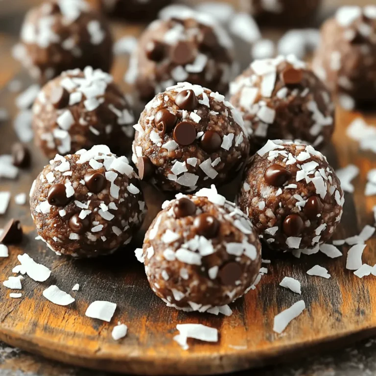 To make chocolate coconut protein balls, you need these key ingredients: - 1 cup rolled oats - 1/2 cup unsweetened cocoa powder - 1/2 cup protein powder (chocolate or vanilla) - 1/2 cup almond butter or peanut butter - 1/4 cup honey or maple syrup - 1/3 cup shredded unsweetened coconut - 1/4 cup dark chocolate chips (dairy-free if preferred) - 1/4 teaspoon sea salt - 1 teaspoon vanilla extract These ingredients work together to create a tasty and healthy snack. Feel free to customize your protein balls with optional add-ins. Here are some fun ideas: - Chopped nuts for crunch - Dried fruit for sweetness - Seeds like chia or flax for added nutrition - A scoop of nutmeg or cinnamon for extra flavor Adding these can change the taste and boost nutrition. You can swap ingredients based on your needs or what you have at home. Here are some options: - Use sunflower seed butter if you need a nut-free option. - Swap honey for agave or a sugar-free sweetener. - Replace rolled oats with almond flour for a gluten-free version. - Use a different flavor of protein powder if you prefer. These substitutions can help fit your diet and taste preferences. Making these chocolate coconut protein balls is easy and fun. First, gather all your ingredients. You will need rolled oats, cocoa powder, protein powder, almond or peanut butter, honey or maple syrup, shredded coconut, dark chocolate chips, sea salt, and vanilla extract. This recipe is quick, taking only 15 minutes of prep. Start with a large mixing bowl. Add 1 cup of rolled oats, 1/2 cup of unsweetened cocoa powder, and 1/2 cup of protein powder. Sprinkle in 1/4 teaspoon of sea salt. Stir these dry ingredients well. Make sure they mix evenly. This step sets a great base for your protein balls. In another bowl, add 1/2 cup of almond or peanut butter. Pour in 1/4 cup of honey or maple syrup and 1 teaspoon of vanilla extract. Mix these until smooth. This wet mixture brings sweetness and richness. Once it's well blended, pour it over the dry ingredients. Stir until fully combined. The mix will be thick. Finally, fold in 1/3 cup of shredded coconut and 1/4 cup of dark chocolate chips. This adds crunch and flavor. Now, you're ready to shape the balls! To get the right texture, balance dry and wet ingredients. Use rolled oats for chewiness. The almond or peanut butter adds creaminess. If the mix is too dry, add a touch of honey or maple syrup. If it is too wet, add more oats or protein powder. The goal is a thick, moldable dough. When rolling, use clean hands to keep the mixture from sticking. Scoop a tablespoon of the mix and roll it into a ball. Aim for about one inch in size. This keeps them bite-sized and easy to eat. Place them on parchment paper to avoid sticking, and give them space to set. You can boost flavor with add-ins. Try adding chopped nuts for a crunch. You can also mix in dried fruit for sweetness. For a tropical twist, add some pineapple or mango bits. To switch it up, mix in different extracts like almond or coconut. Experiment and find your favorite flavor combo! {{image_2}} You can easily make these protein balls vegan. Just swap honey for maple syrup. Use almond butter or any nut butter that fits your diet. Choose dairy-free chocolate chips to keep it vegan. This way, everyone can enjoy them! These protein balls are like a blank canvas. Add different flavors to suit your taste. Try adding a pinch of cinnamon for warmth. You can mix in chopped nuts for crunch. If you want a tropical twist, include dried fruit like pineapple or mango. The options are endless! Not all protein powders are the same. You can use plant-based protein powder if you prefer. If you want to avoid protein powder, use more oats. You can also try adding ground chia seeds or flaxseeds for extra nutrition. Each option changes the taste, making it fun to experiment! To keep your chocolate coconut protein balls fresh, use an airtight container. Glass or plastic containers work well. Avoid leaving them out on the counter. They can dry out quickly if exposed to air. These protein balls last up to a week in the fridge. If you want them longer, freeze them. They can stay fresh for up to three months in the freezer. Just place them in a freezer-safe bag. Make sure to label the bag with the date. For meal prep, divide the protein balls into portions. Use small containers or snack bags. This makes it easy to grab a healthy snack on the go. You can also keep some in the fridge and some in the freezer. This way, you always have a tasty treat ready! Chocolate coconut protein balls are packed with nutrients. Each ball has protein, fiber, and healthy fats. They contain rolled oats, cocoa powder, and nut butter. A serving has about 100 calories, 4 grams of protein, and 6 grams of carbs. The shredded coconut adds healthy fats and a nice texture. These protein balls can last in the fridge for up to one week. Store them in an airtight container. Keep them away from strong smells in the fridge. If you want them to last longer, you can freeze them. Yes, you can customize these protein balls easily! You can swap out nut butter for sun butter or cashew butter. You can also change the protein powder flavor. Add in nuts, seeds, or dried fruit for extra flavor and crunch. Be creative! Absolutely! These protein balls are a great snack for kids. They are tasty and full of energy. The chocolate and coconut flavors make them fun to eat. Just keep an eye on any nut allergies before serving. If you want to avoid honey or maple syrup, use agave syrup or brown rice syrup. You can also use mashed bananas or unsweetened applesauce. These options will keep the mixture moist and sweet. This article explored how to make chocolate coconut protein balls. We covered ingredients, step-by-step instructions, tips, and variations. You learned about optional add-ins and helpful substitutions. Remember, the fresh texture and rich flavor come from using the right methods. Store your protein balls properly to keep them tasty longer. You can tweak recipes to match your needs. Keep experimenting and have fun making these healthy snacks! Enjoy them yourself or share with others!