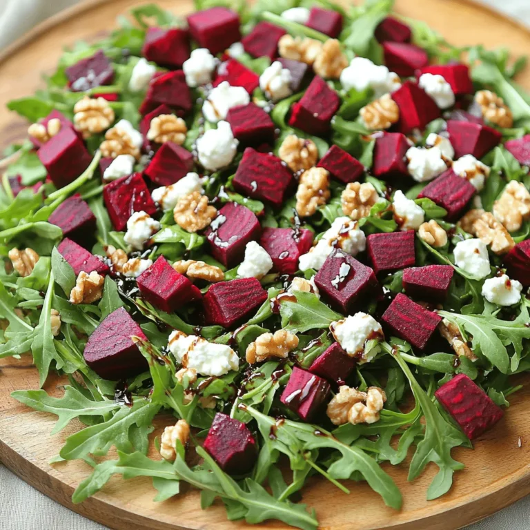 For this vibrant salad, you will need: - 2 medium-sized beets, roasted and diced - 4 cups fresh arugula - 1/2 cup goat cheese, crumbled - 1/4 cup walnuts, toasted and chopped - 1 small shallot, thinly sliced Using fresh and organic produce makes a big difference. Organic beets and arugula taste better and are healthier. They have more nutrients and no harmful chemicals. Choose bright, firm beets and crisp arugula for the best flavor. To dress your salad, gather: - 2 tablespoons olive oil - 1 tablespoon balsamic vinegar - Salt and pepper to taste - 1 tablespoon honey (optional, for a touch of sweetness) The dressing brings everything together. You can adjust these ingredients to suit your taste. Add more honey for sweetness or use lemon juice for a tangy twist. This salad is not just pretty; it’s good for you too! Beets are high in fiber and help your heart. Arugula is low in calories and packed with vitamins. A serving has about 250 calories. Enjoy this salad for a healthy meal or side. To roast the beets, start by preheating your oven to 400°F (200°C). This temperature ensures even roasting. Next, wash the beets well to remove any dirt. Wrap each beet in aluminum foil. Place the wrapped beets on a baking sheet to catch any drips. Roast them for about 45 to 60 minutes. You can check if they are tender by inserting a fork. If it goes in easily, they are ready. Once cool, peel the skin off and dice the beets into small cubes. While the beets roast, you can make the dressing. In a small bowl, add 2 tablespoons of olive oil. Next, pour in 1 tablespoon of balsamic vinegar. If you want a touch of sweetness, add 1 tablespoon of honey. Season with salt and pepper to your taste. Whisk all the ingredients together until smooth. If you like a tangier flavor, add more vinegar or less oil. Now it’s time to put everything together. In a large salad bowl, start with 4 cups of fresh arugula as your base. This leafy green adds a nice peppery flavor. Then, add your roasted and diced beets on top. Sprinkle 1/2 cup of crumbled goat cheese over the beets for creaminess. Next, add 1/4 cup of toasted and chopped walnuts for crunch. Finally, add 1 small thinly sliced shallot for a bit of bite. Drizzle your dressing over the salad. Gently toss all the ingredients together to coat them evenly. Be careful not to break the beets or cheese too much. Serve immediately to enjoy the fresh flavors, or let it sit for about 10 minutes to let the flavors mix well. When choosing beets, look for firm, smooth skin. Avoid any soft spots. Fresh beets have a rich color, too. For best flavor, roast beets until tender. This usually takes 45 to 60 minutes at 400°F (200°C). You can check their doneness by piercing them with a fork. If it slides in easily, they are ready! To add protein, try grilled chicken or chickpeas. They work well with the salad's flavors. If you want a crunch, swap walnuts with pecans or pumpkin seeds. Both add unique tastes. You can even toast seeds or nuts for extra flavor. For a beautiful plate, arrange the salad in layers. Start with arugula, then add beets, goat cheese, and shallots. Top with nuts for a nice finish. You can serve it on a large platter or in bowls. Pair this salad with a light white wine, like Sauvignon Blanc. It complements the salad's taste perfectly! {{image_2}} You can switch up the greens in this salad. Arugula is great, but spinach or kale can work too. Spinach adds a mild taste, while kale gives a nice crunch. You might also try romaine for a crisp bite. These options can bring different flavors and textures to your dish. If you're looking to make this salad vegan, you can easily swap out the goat cheese. Try using a cashew cheese or a tofu-based cheese. Both options can mimic the creaminess of goat cheese. For the dressing, skip the honey. Instead, use maple syrup or leave it out altogether. This will keep your salad sweet without any animal products. Incorporating seasonal fruits or veggies can bring new life to your salad. Think about adding sliced strawberries in spring or roasted butternut squash in fall. Both can enhance the color and taste of your dish. Fresh herbs like basil or mint can also add a bright flavor. Toss them in just before serving for a fresh kick. To store your beet goat cheese arugula salad, place it in an airtight container. This keeps the flavors fresh. You can store it in the fridge for up to three days. If you see any wilting or browning, it’s best to toss those parts. Always check for freshness before eating. This salad is best served cold. It keeps all the crunchy textures and flavors when cold. If you want to warm it up, heat the beets separately. Then, add them back to the salad just before serving. This way, the arugula and cheese stay fresh and tasty. You can make parts of this salad ahead of time. Roast the beets and store them in the fridge. You can also prepare the dressing in advance. Keep the arugula, cheese, and nuts separate until you're ready to eat. When it's time to serve, mix everything together for a quick meal. You can roast beets without foil by using a baking dish. First, wash the beets well. Place them in the dish and add a little water. Cover the dish tightly with a lid or parchment paper. Bake at 400°F (200°C) for about 45-60 minutes. Check for tenderness with a fork. This method keeps the beets moist and flavorful. Yes, you can use pre-packaged beets for convenience. These beets are often already cooked and ready to eat. They save time and effort. However, fresh beets have a bolder flavor and better texture. If you want the best taste, opt for fresh beets when possible. You can enjoy the ease of pre-packaged beets if you need a quick meal. If you need a substitute for goat cheese, try feta or cream cheese. Feta adds a salty and tangy flavor, while cream cheese offers a smooth texture. You can also use ricotta for a milder taste. Each cheese brings its unique touch to the salad. Choose based on what you enjoy and have on hand. This blog post covers how to create a delicious salad with roasted beets and fresh ingredients. I highlighted the importance of using organic produce and detailed each step, from roasting beets to assembling the salad. Nutritional benefits emphasize why this meal is good for you. Try variations like vegan options and seasonal additions for new flavors. Remember, fresh ingredients make all the difference. Be confident in your ability to assemble a beautiful, tasty salad that fits your needs. Enjoy the process and savor every bite!