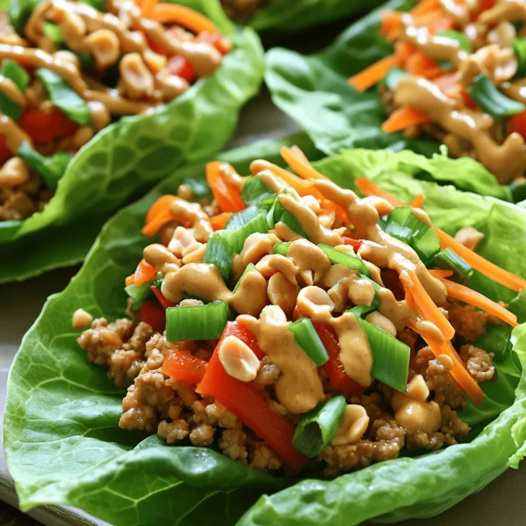 To make Spicy Thai Peanut Lettuce Wraps, gather these main ingredients: - 1 pound ground chicken (or tofu for a vegetarian option) - 1 tablespoon vegetable oil - 3 cloves garlic, minced - 1 tablespoon fresh ginger, minced - 1 red bell pepper, diced - 1 cup shredded carrots - ¼ cup green onions, sliced - 1 head of butter or romaine lettuce, leaves separated, washed, and dried - ½ cup roasted peanuts, chopped - Salt and pepper to taste These ingredients create a fresh and tasty filling. The ground chicken or tofu gives protein. The garlic and ginger add a warm flavor. The bell pepper and carrots bring crunch and color. The spicy peanut sauce makes these wraps special. Gather these ingredients: - ¼ cup creamy peanut butter - 2 tablespoons soy sauce (or tamari for gluten-free) - 1 tablespoon honey (or maple syrup) - 1 tablespoon rice vinegar - 1 tablespoon sriracha sauce (adjust to taste) - 2 tablespoons water (to thin if necessary) This sauce balances sweet, salty, and spicy. It adds depth to the wraps. Adding garnishes can make your dish pop. Consider these options: - Chopped cilantro - Lime wedges - Sliced cucumbers - Additional chopped peanuts These garnishes enhance the look and taste. They add freshness and zest to your wraps. Start by heating vegetable oil in a large skillet over medium heat. Add minced garlic and ginger. Sauté for about one minute until you smell the aroma. Next, add ground chicken or tofu. Break it apart with a spatula as it cooks. Cook for about 5 to 7 minutes until it's browned and fully cooked. Then, stir in diced red bell pepper and shredded carrots. Cook for another 3 to 4 minutes. This will soften the veggies just enough. Season with salt and pepper. Finally, add sliced green onions. Remove from heat and set aside. In a separate bowl, gather your ingredients for the spicy peanut sauce. Combine creamy peanut butter, soy sauce, honey, rice vinegar, and sriracha sauce. Whisk these together until smooth. If the sauce is too thick, add a little water to thin it out. Adjust the sriracha to meet your spice preference. This sauce is the heart of the dish, so make it just right. Now, it’s time to put everything together! Take a lettuce leaf and place a generous spoonful of the chicken mixture in the center. Drizzle the spicy peanut sauce on top. Sprinkle chopped peanuts for extra crunch. Fold the sides of the lettuce leaf over the filling, creating a wrap. Enjoy each bite of these fresh and spicy bites! To make the peanut sauce shine, use creamy peanut butter. It gives a nice texture. Mix in soy sauce to add saltiness. Honey brings sweetness, balancing the heat. Rice vinegar adds tang, brightening the flavor. Don’t forget the sriracha! Adjust the amount to match your spice level. If the sauce is too thick, add water. Whisk until smooth and creamy. This sauce can be made in advance. Store it in the fridge for up to a week. When cooking chicken or tofu, start with a hot skillet. This helps to brown the meat quickly. Use vegetable oil to prevent sticking. Mince the garlic and ginger finely. This lets their flavors spread throughout the dish. Cook the chicken until it is no longer pink. For tofu, press it first to remove excess water. This helps to get a nice texture. Stir in veggies like bell pepper and carrots for added crunch. This mix should be colorful and vibrant. Serve these wraps on a large platter. Arrange the lettuce leaves neatly. Place the chicken or tofu filling in a bowl nearby. This way, guests can build their own wraps. Drizzle the peanut sauce over the filling for a pop of color. Scatter chopped peanuts on top for crunch. Add fresh herbs like cilantro for a finishing touch. This makes the dish look fresh and inviting. Enjoying these wraps is as much about the taste as it is about the look! {{image_2}} You can easily make these wraps vegetarian or vegan. Simply swap the ground chicken for tofu. Tofu adds great texture and soaks up all the flavors. Use firm tofu for the best results. Just make sure to press it first to remove extra water. This helps it brown better when cooking. You can also add more veggies like mushrooms or zucchini for added nutrients and flavor. If you want to try different proteins, ground turkey or beef work well too. For a lighter option, use shrimp. They cook quickly and add a nice touch. You can also include beans for extra protein. Black beans or chickpeas are great choices. Feel free to mix in other crunchy veggies like cucumbers or radishes for a fun twist. To make these wraps gluten-free, use tamari instead of soy sauce in the peanut sauce. Most peanut butters are gluten-free, but always check the label just to be safe. You can also use lettuce leaves instead of tortillas. Romaine or butter lettuce are perfect for holding all the delicious filling. Enjoy these wraps with a clear mind knowing they fit your diet! To store leftover lettuce wraps, first, separate the filling from the lettuce leaves. This keeps the lettuce crisp. Place the filling in an airtight container. You can keep it in the fridge for up to three days. Wrap the lettuce leaves in a paper towel. Then, place them in a zip-top bag. This helps keep them fresh. When you want to enjoy the filling again, reheat it on the stove. Use a medium heat to warm it gently. Stir often to avoid burning. You can also microwave it in short bursts. Heat it for about 30 seconds at a time until warm. Add a splash of water if it seems dry. Store your peanut sauce in a clean, airtight container. It can last in the fridge for about a week. If the sauce thickens, add a bit of water to loosen it. Stir well before using. You can also freeze it for longer storage. Just remember to leave space in the container, as it may expand when frozen. Yes, you can make these wraps ahead. Prepare the filling and sauce separately. Store them in airtight containers in the fridge. This will keep the flavors fresh. When you are ready to eat, just assemble the wraps. The lettuce will stay crisp this way. If you need a substitute for peanut butter, try almond butter or sunflower seed butter. Both options work well in the sauce. They give a nice creamy texture. You can also use tahini for a different flavor. Just remember to adjust the amount based on taste. To adjust the spiciness, change the amount of sriracha in the sauce. Start with less if you prefer a milder taste. You can also add a dash of chili flakes for more heat. For a cooling effect, serve with cucumber slices or a yogurt dip. In this blog post, we covered how to make Spicy Thai Peanut Lettuce Wraps. You learned about the main ingredients, the step-by-step process, and tips to improve your dish. Remember, you can adjust the spice level and try different fillings. These wraps are tasty and easy to make. Don’t forget to store leftovers properly! Enjoy creating these wraps for your next meal. They are sure to impress anyone who tries them.