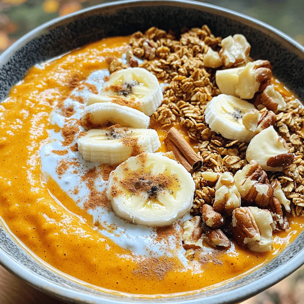 - 1 cup pumpkin puree - 1 ripe banana, frozen - 1/2 cup Greek yogurt - 1 cup almond milk - 1 scoop protein powder - 1 teaspoon pumpkin spice blend - 1 tablespoon honey or maple syrup (optional) In this recipe, pumpkin puree gives a smooth base. It brings a rich flavor and a lovely orange color. The frozen banana adds sweetness and creaminess, making each bite feel indulgent. Greek yogurt packs in protein and a nice tang. Almond milk, or any milk you prefer, helps blend it all together. The protein powder boosts nutrition and keeps you full. The pumpkin spice blend adds warmth and that classic fall taste. You can sweeten it with honey or maple syrup, but it's totally up to you. - Granola - Sliced bananas - Chopped nuts - Chia seeds - Cinnamon Toppings make your smoothie bowl fun and tasty. Granola adds crunch and texture. Sliced bananas offer a fresh touch. Chopped nuts add healthy fats and more crunch. Chia seeds bring nutrition and a bit of chewiness. A sprinkle of cinnamon on top makes it extra special. Feel free to mix and match these toppings based on what you like! To make your Pumpkin Spice Protein Smoothie Bowl, start by blending the ingredients. 1. In a blender, add: - 1 cup pumpkin puree - 1 ripe frozen banana - 1/2 cup Greek yogurt - 1 cup almond milk - 1 scoop vanilla protein powder - 1 teaspoon pumpkin spice - 1 tablespoon honey or maple syrup (optional) 2. Blend on high until smooth and creamy. Stop to scrape down the sides if needed. 3. If the mix is too thick, add more almond milk to reach your desired thickness. Now it's time to create a beautiful presentation. Pour the smoothie into a bowl. For toppings, get creative! Use any of the following: - Granola - Sliced bananas - Chopped nuts - Chia seeds - Cinnamon sprinkle When adding toppings, arrange them in a fun pattern. This makes your bowl look inviting. A colorful mix of textures will catch the eye. Serve your bowl right away and enjoy this delicious, healthy treat! Choosing the right protein powder When picking a protein powder, look for one with simple ingredients. I prefer vanilla or vanilla spice for this bowl. These flavors blend well with pumpkin. They also add a nice sweetness without extra sugar. Frozen banana benefits Using a frozen banana gives the smoothie bowl a thick texture. It adds natural sweetness, too. If you don't have a frozen banana, you can freeze one overnight. Just peel it and place it in a bag first. Optimal blending techniques Start by adding the liquids and soft ingredients to the blender. This helps the blades move smoothly. Next, add the pumpkin puree and frozen banana. Blend on high until your mixture is creamy. If it’s too thick, add a splash more almond milk. Scrape down the sides if needed to mix everything well. Nutritional highlights of pumpkin Pumpkin is rich in vitamins A and C. It helps keep your skin healthy. It also contains fiber, which aids digestion. This makes your smoothie bowl not only tasty but also good for you. Advantages of Greek yogurt and protein Greek yogurt is packed with protein and probiotics. It supports your gut health and muscle growth. Adding protein powder boosts your protein intake even more, making this bowl a great meal option. {{image_2}} If you want a dairy-free treat, there are easy swaps. First, use almond milk or oat milk instead of regular milk. Both options add a nice flavor. You can also try coconut milk for a creamier base. For protein, look for vegan protein powder. Pea protein and brown rice protein are great choices. They mix well and keep the smoothie tasty. To change the flavor, think about adding spices. You can use nutmeg or cinnamon for a warm touch. A pinch of ginger adds a nice kick too. Another fun idea is to stir in nut butter. Almond or peanut butter makes the bowl more filling. You can also blend in fruits like berries or apples for extra flavor. They add sweetness and color to your bowl. To keep your leftover smoothie fresh, store it in a jar. Use a glass or plastic container with a tight lid. This will help reduce air exposure. The leftover smoothie can last in the fridge for up to 24 hours. Shake it well before drinking. If you want to store it longer, freeze the smoothie. Pour it into ice cube trays or freezer-safe bags. This way, you can save portions for later. When ready to enjoy, blend the cubes with a little milk for a quick treat. Prepping your ingredients ahead of time makes smoothie making easy. Measure out your pumpkin puree, banana, and yogurt. Put them in separate containers in the fridge. This way, you save time on busy mornings. For meal prepping, consider making multiple smoothie bowls at once. Blend enough for two or three bowls. Store them in jars and keep them in the fridge. Add your toppings right before eating for the best taste and texture. Yes, you can use fresh pumpkin. Just cook and puree it. Use the same amount as canned. You can use any plain yogurt. Coconut yogurt works well for a dairy-free option. Skip the honey or maple syrup. Use a low-calorie sweetener like stevia instead. Yes, you can make it ahead. Store it in the fridge for up to two days. It stays fresh for about 24 hours in the fridge. The toppings may get soggy over time. This post covered how to make a tasty smoothie bowl using simple steps and fresh ingredients. You learned about the main ingredients, topping ideas, and helpful tips for the perfect blend. Enjoy the health benefits of pumpkin, Greek yogurt, and more. Personalize your bowl with different flavors and toppings. Remember to store leftovers properly for later. I hope you’re ready to create your own delicious smoothie bowl today. It's a fun way to eat healthy!