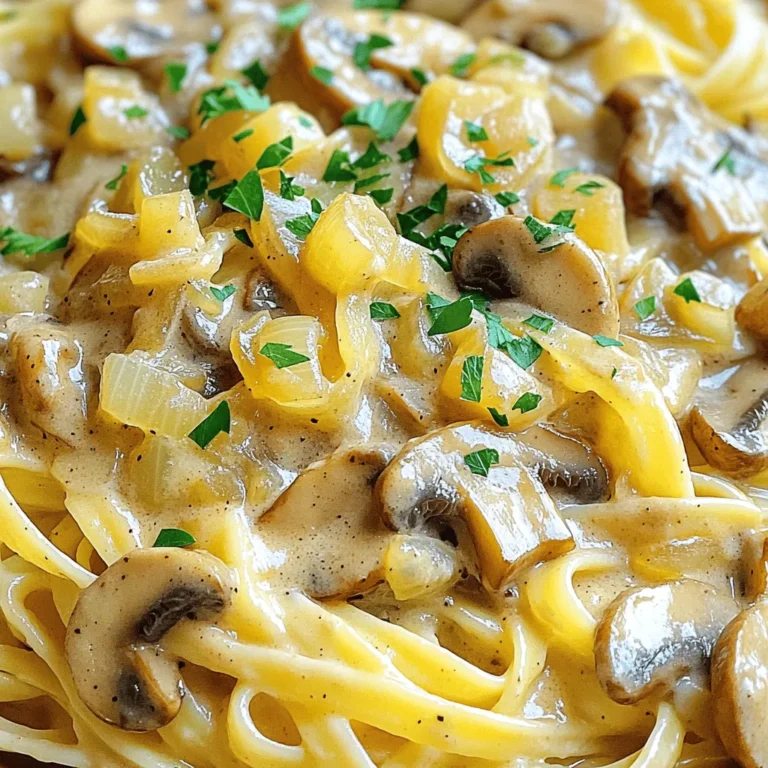 - 400g mushrooms (button or cremini), sliced - 1 large onion, chopped - 3 cloves garlic, minced - 2 cups vegetable broth - 1 cup coconut milk (or cashew cream) - 2 tablespoons soy sauce or tamari - 2 teaspoons Dijon mustard - 1 tablespoon olive oil - 2 tablespoons all-purpose flour (or gluten-free flour) - 1 teaspoon dried thyme - Salt and pepper to taste - Fresh parsley for garnish - 250g pasta of your choice (e.g., fettuccine, egg-free pasta) To create a delicious Vegan Mushroom Stroganoff, you need to gather quality ingredients. Start with fresh mushrooms, like button or cremini. These mushrooms offer great flavor and texture. A large onion adds sweetness and depth. Don't forget the garlic; it brings an aromatic punch to the dish. For the sauce, use vegetable broth for a rich base. Coconut milk or cashew cream adds creaminess. This is key for that comforting feel. Seasonings like soy sauce or tamari provide umami flavor. Dijon mustard adds a hint of tang. Olive oil helps sauté the vegetables perfectly. All-purpose flour thickens the sauce nicely. Dried thyme gives a subtle herbal note. Salt and pepper are essential for taste. Finally, don’t skip the fresh parsley. It brightens up the dish and adds color. When picking pasta, choose your favorite type. Fettuccine or egg-free pasta works well. This will soak up the creamy sauce beautifully. Gather these ingredients, and you are on your way to a hearty meal. Enjoy the process, and let your kitchen fill with wonderful smells! First, cook the pasta according to the package instructions. This usually takes about 8-10 minutes. Remember to check for the right texture. When it's ready, drain the pasta but save about 1/2 cup of the pasta water. This water will help to create a nice sauce later. In a large skillet, heat the olive oil over medium heat. Add the chopped onion and sauté until softened, about 5 minutes. The onion should be translucent. Next, add the minced garlic and sliced mushrooms to the skillet. Cook these for 6-8 minutes. The mushrooms should turn golden and any moisture should evaporate. This step adds great flavor to your dish. Once the vegetables are ready, sprinkle the flour over the mixture. Stir it well to mix. This will help thicken your sauce. Cook for 1-2 minutes to remove the raw flour taste. Now, gradually pour in the vegetable broth, stirring as you go. This helps avoid lumps. When the mixture begins to thicken, lower the heat. Add the coconut milk, soy sauce, Dijon mustard, and dried thyme. Stir everything together and let it simmer for 5-7 minutes until it becomes creamy. After your sauce is creamy, taste it. Adjust the seasoning with salt and pepper as needed. Now, mix in the cooked pasta, tossing it to coat well with the sauce. Let it heat through for about 2 minutes. Finally, serve the stroganoff on plates and garnish with fresh parsley. This adds a lovely color and fresh flavor to your dish. Enjoy your creamy vegan mushroom stroganoff! To make your vegan mushroom stroganoff super creamy, I suggest using cashew cream. It gives a rich flavor that can wow anyone. You can also adjust the coconut milk if you want a lighter taste. Start with one cup and taste as you go. Sautéing mushrooms well is key. Begin with a hot skillet and a bit of olive oil. Add sliced mushrooms and let them cook until they turn golden brown. This usually takes about 6 to 8 minutes. Make sure not to crowd the pan; otherwise, they will steam instead of sauté. After the mushrooms are done, add minced garlic. Timing is important, so add garlic in the last minute. This way, it will stay fragrant but won’t burn. If you are gluten-free, don’t worry! You can swap regular flour for gluten-free flour. Use the same amount. Also, choose gluten-free pasta. There are many options available. Just make sure to cook it according to package instructions. If you need more tips for gluten-free cooking, always check for cross-contamination and read labels carefully. {{image_2}} If you want a twist on the recipe, try these options: - Alternatives to mushrooms: You can use eggplant or jackfruit instead of mushrooms. Both give a nice texture. For added flavor, try lentils or chickpeas for a hearty bite. - Different types of pasta: While fettuccine works great, you can also choose penne, spaghetti, or even gluten-free pasta. Each type will change the feel of your dish. To make your stroganoff even better, consider these tips: - Adding nutritional yeast for cheesy flavor: Nutritional yeast adds a cheesy taste without dairy. Just sprinkle a few tablespoons into the sauce for a rich, savory boost. - Incorporating vegan protein options (e.g., tofu): For added protein, try adding cubed tofu or tempeh. This will make your dish more filling and nutritious. Don’t hesitate to play with spices and herbs: - Experimenting with fresh herbs: Fresh parsley is nice, but you can also use dill or basil. These herbs will brighten up the dish and add fresh notes. - Adding a kick with spices: If you like heat, add a pinch of cayenne pepper or red pepper flakes. This will bring warmth and excitement to your vegan mushroom stroganoff. After you enjoy your vegan mushroom stroganoff, store any leftovers in the fridge. Use an airtight container to keep it fresh. Make sure to cool the dish to room temperature before sealing. You can safely eat leftovers within 3 to 4 days. Always check for any off smells or changes in texture before consuming. To freeze vegan stroganoff, let it cool completely first. Then, place it in a freezer-safe container. Leave some space at the top, as the sauce will expand. You can freeze it for up to 3 months. When you're ready to eat, thaw it overnight in the fridge. Reheat it on low heat in a pan, adding a splash of vegetable broth if it seems too thick. For easy meal prep, you can make the sauce ahead of time. Store it in the fridge for up to 3 days. When you're ready to eat, cook your pasta and mix it with the sauce. This saves time on busy days. You can also pack it for lunch. Just keep the sauce and pasta separate until you're ready to enjoy your meal. Yes, you can easily make this recipe gluten-free. For the flour, you can use gluten-free all-purpose flour. Many brands offer great options. For the pasta, choose any gluten-free pasta you like. Cook it just like regular pasta. This way, you can still enjoy the creamy goodness of mushroom stroganoff without gluten. If you want a different taste, try using cashew cream. Just soak cashews in water, then blend them until smooth. You can also use soy milk or oat milk. These alternatives provide creaminess and flavor. Adjust the amount to fit your taste. To make your stroganoff richer, consider adding nutritional yeast. It gives a cheesy flavor without dairy. You can also add a splash of white wine for depth. A sprinkle of smoked paprika can add warmth. These tips will enhance the flavor and texture of your dish. Yes, there is a nut-free option! Instead of cashew cream, you can use silken tofu. Blend it until smooth for a creamy texture. You can also use sun-dried tomato paste for added richness. These options will help keep your stroganoff creamy and nut-free. Vegan mushroom stroganoff lasts about 3 to 5 days in the fridge. Store it in an airtight container to keep it fresh. When you reheat, add a splash of water or broth to restore creaminess. Enjoy your leftovers without worry! This vegan mushroom stroganoff recipe uses simple ingredients for a creamy, delicious meal. You prepare the pasta, cook the veggies, and blend them into a rich sauce. Remember tips for creaminess and gluten-free options for different diets. You can experiment with flavors and store leftovers easily. Enjoy making this dish your own. It’s not just tasty but also flexible to fit your needs. Keep cooking and have fun!