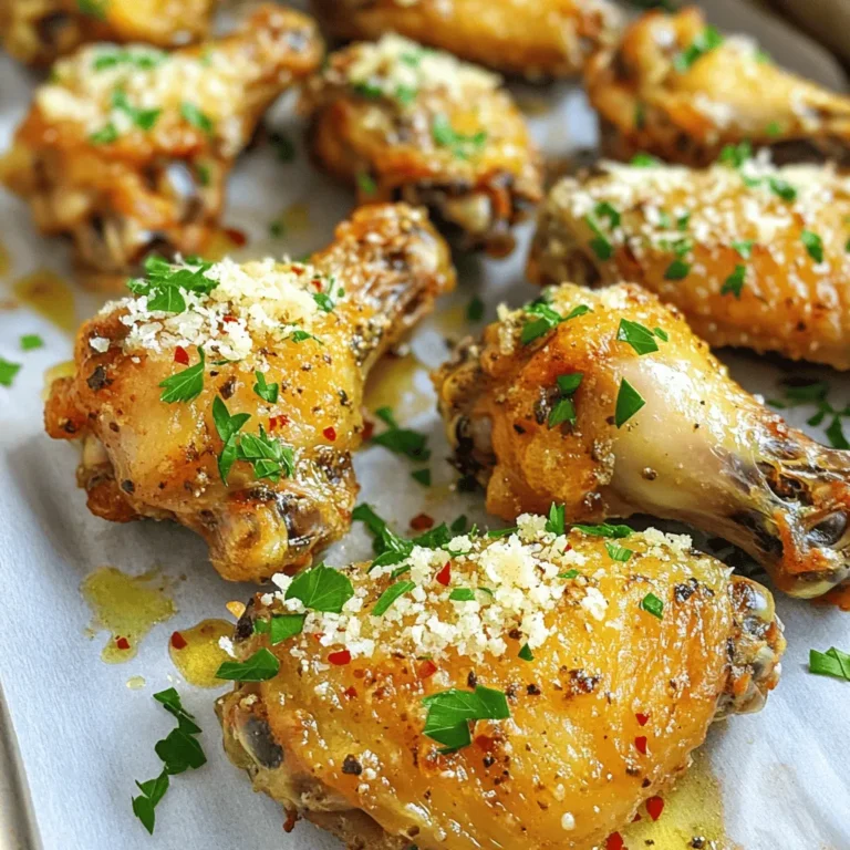 - 2 pounds chicken wings - 1/4 cup olive oil - 1 tablespoon garlic powder - 1 teaspoon onion powder - 1 teaspoon paprika - 1 teaspoon black pepper - 1 teaspoon salt - 1 cup grated Parmesan cheese - 1/4 cup fresh parsley, chopped - 2 tablespoons lemon juice - 1/2 teaspoon red pepper flakes (optional for heat) - Try adding 1 teaspoon of cayenne pepper for more heat. - Use fresh garlic instead of garlic powder for a bolder taste. - Mix in some Italian seasoning for an herby twist. - Large mixing bowl for combining ingredients. - Baking sheet lined with parchment paper or foil for easy cleanup. - Measuring cups and spoons to ensure accuracy. - A pair of tongs for flipping the wings while baking. - Small bowl for mixing the garlic Parmesan sauce. These tools make the cooking process smooth and fun. You can easily find these items in most kitchens. Using fresh ingredients elevates the flavor of your wings. Enjoy creating this tasty dish! Start by preheating your oven to 400°F (200°C). This step is key for crispy wings. Next, line a baking sheet with parchment paper or aluminum foil. This makes cleanup easy. Make sure to use a large sheet, so the wings have space. In a large bowl, combine the olive oil, garlic powder, onion powder, paprika, black pepper, and salt. Mix these ingredients well until combined. Then, add the chicken wings. Toss them gently until every wing is coated with the mixture. This ensures the wings will be packed with flavor. Spread the wings in a single layer on the prepared baking sheet. This step is crucial for even cooking. Bake the wings in the oven for 40-45 minutes. Flip them halfway through cooking for even crispiness. Watch for a golden brown color; that's when they are done. While the wings bake, prepare the garlic Parmesan sauce. In a small bowl, mix the grated Parmesan cheese, chopped parsley, lemon juice, and red pepper flakes if you like heat. This sauce adds a rich, tangy flavor. When the wings are out of the oven, toss them in this sauce until well coated. Return the wings to the oven for 5 more minutes. This allows the cheese to melt and stick. Enjoy your crispy, flavorful wings! To get crispy wings, use high heat. Baking at 400°F (200°C) works well. Make sure to coat the wings in olive oil. This keeps them moist while they cook. Spread them out on the baking sheet. Avoid stacking them. This helps air circulate and makes them crispy. Flip the wings halfway through cooking. This gives both sides a chance to brown. Most home ovens cook well at 400°F (200°C). If you have a convection oven, bake for 35-40 minutes. The fan helps cook the wings faster. For electric ovens, stick to 40-45 minutes. Always check for a golden brown color. The wings should look crispy and smell amazing. Use a meat thermometer if you want to be sure. The wings should reach an internal temperature of 165°F (74°C). One mistake is not drying the wings first. Pat them dry with paper towels. This helps them get crispier. Another mistake is overcrowding the baking sheet. Give the wings space. This helps them cook evenly. Don’t forget to toss the wings in the garlic Parmesan mix right after baking. If you wait too long, the cheese won’t stick well. Finally, always watch the wings closely. They can go from golden to burnt quickly! {{image_2}} To add some heat, try spicy garlic Parmesan wings. Start with the basic recipe. Then, mix in red pepper flakes. You can use one teaspoon for mild spice or up to one tablespoon for a big kick. This spicy twist adds an exciting flavor to your wings. You can also use hot sauce in the garlic Parmesan mixture if you want. Just remember to balance the heat with the cheese for a tasty treat. Herbs can make your wings even better. Add fresh herbs like rosemary or thyme in the garlic Parmesan sauce. You can mix in one tablespoon of either herb for a nice flavor. If you prefer dried herbs, use half a teaspoon instead. This will give your wings a lovely aroma and a fresh taste. You can also try a mix of herbs. Blend them with the cheese for a unique twist. While Parmesan is great, you can switch it up. Try using Asiago cheese for a sharper flavor. Grate it just like Parmesan. You can also mix mozzarella with Parmesan for a creamy texture. This will create a fun cheese pull when you take a bite. Experiment with different cheeses to find the perfect match for your taste. Each option brings a new and exciting flavor to the wings. After enjoying your baked garlic Parmesan wings, you may have some left. To store them, let the wings cool to room temperature. Place them in an airtight container. This way, they stay fresh and tasty. If you have a lot, consider separating layers with parchment paper. This helps prevent sticking. Store the container in the fridge for up to three days. When you're ready to eat the wings again, reheating is key. Preheat your oven to 375°F (190°C). Spread the wings in a single layer on a baking sheet. Bake for about 10-15 minutes. This will help them regain their crispiness. You can also use an air fryer for about 5-7 minutes. Both methods will keep your wings delicious! For long-term storage, freezing is a great option. First, let the wings cool completely. Then, place them in a freezer-safe bag. Remove as much air as possible before sealing. Label the bag with the date, so you remember when you froze them. They can last in the freezer for up to three months. When you’re ready to eat, thaw them in the fridge overnight before reheating. Yes, you can use frozen chicken wings. Just be sure to thaw them first. This helps with even cooking and crispiness. To thaw, place them in the fridge overnight or run them under cold water for a quick thaw. Once thawed, follow the recipe as usual. This way, you still get that tasty garlic and Parmesan flavor. Cook chicken wings at 400°F (200°C). This temperature makes them crispy on the outside and juicy inside. Preheating your oven is key. It ensures even cooking and a nice brown color. Line your baking sheet with parchment paper for easy cleanup and better results. Check the internal temperature of the wings. They should reach 165°F (74°C) when done. Use a meat thermometer to confirm this. The wings should also look golden brown and crispy. If you flip them halfway through baking, it helps them cook evenly. Enjoy your delicious wings! This blog shared how to make delicious chicken wings at home. You learned about key ingredients, optional flavors, and the right tools. The step-by-step guide ensured your wings come out crispy and tasty. I provided tips to avoid common mistakes, cooking time advice, and various flavor options to try. In the end, whether you store them or try a spicy twist, these wings make a great meal. Enjoy your cooking adventure!