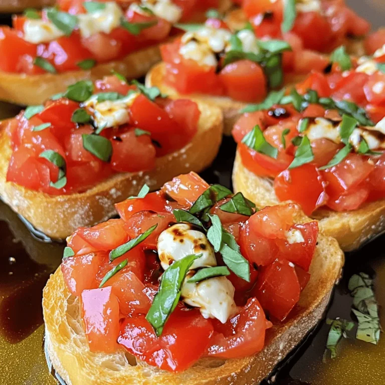 To make a great Tomato Basil Bruschetta, you need: - 6 ripe Roma tomatoes, diced - 1 cup fresh basil leaves, finely chopped - 2 cloves garlic, minced - 2 tablespoons balsamic vinegar - 3 tablespoons extra virgin olive oil - Salt and freshly ground black pepper to taste - 1 French baguette, sliced into 1/2 inch pieces These fresh ingredients will create a tasty base for your bruschetta. The ripe tomatoes and fresh basil give it a bright flavor. The garlic adds a nice kick, while the balsamic vinegar and olive oil bring it all together. You can add some extra ingredients for more taste: - 1/4 cup shredded mozzarella cheese for garnish This cheese is great if you like a creamy touch. It melts just enough when you serve the bruschetta warm. When picking tomatoes and basil, look for vibrant colors. Choose tomatoes that feel firm but not hard. They should have a sweet smell. For basil, select leaves that are bright green and free from brown spots. Fresh ingredients make a big difference in flavor. Always go for the best quality you can find. First, gather your ingredients. You need 6 ripe Roma tomatoes, 1 cup of fresh basil leaves, and 2 cloves of garlic. Dice the tomatoes into small pieces. Chop the basil leaves finely. Then, mince the garlic. In a medium mixing bowl, combine the diced tomatoes, chopped basil, and minced garlic. Next, drizzle 2 tablespoons of balsamic vinegar and 3 tablespoons of extra virgin olive oil over the mix. Now, season with salt and freshly ground black pepper to taste. Gently toss everything together. Make sure each ingredient is coated well. Let this mixture sit for about 15 minutes. This waiting time helps the flavors blend nicely. While your tomato mixture rests, it’s time to prepare the baguette. Preheat your oven to 375°F (190°C). Slice a French baguette into 1/2 inch pieces. Arrange the baguette slices on a baking sheet. Brush one side of each slice with olive oil. This step adds flavor and helps them toast well. Place the baking sheet in the oven. Toast the baguette slices for about 5-7 minutes. Watch them closely. You want them golden and crispy but not burnt. Once toasted, remove the baguette slices from the oven. Let them cool for a minute before adding the tomato mix. Now comes the fun part—assembly! Take your toasted baguette slices and spoon the tomato and basil mixture onto the toasted side. Be generous with the topping, as it adds a burst of flavor. If you like, sprinkle some shredded mozzarella cheese on top for extra creaminess. Serve the bruschetta right away. You can add extra basil leaves or a drizzle of balsamic vinegar for a nice touch. Enjoy your delicious and fresh appetizer! To make the best tomato basil mixture, use ripe Roma tomatoes. They are sweet and juicy. Dice them into small pieces for easy bites. Fresh basil adds bright flavor, so chop it finely. Minced garlic gives a nice kick. Combine these in a bowl. Drizzle balsamic vinegar and olive oil for depth. Add salt and pepper to taste. Mix gently and let it sit for 15 minutes. This resting time helps the flavors blend well. For toasting the bread, preheat your oven to 375°F (190°C). Slice a French baguette into 1/2 inch pieces. Brush one side with olive oil for a golden crust. Arrange the slices on a baking sheet. Bake for 5-7 minutes until crispy. Keep an eye on them to prevent burning. A perfectly toasted bread adds crunch and holds the topping well. Serve the bruschetta right after you assemble it. Spoon the tomato basil mixture generously on the toasted side. If you want extra flavor, sprinkle shredded mozzarella cheese on top. Garnish with more basil leaves for color. Drizzle some balsamic vinegar before serving for a fancy touch. This dish is best enjoyed fresh, sharing it with friends or family. {{image_2}} You can switch up your bruschetta with fun toppings. Try adding sliced avocados for a creamy twist. You can also use roasted peppers for a smoky flavor. If you love cheese, sprinkle some feta or goat cheese on top. These toppings add new tastes while keeping the fresh vibe. Feel free to adjust the recipe to fit your needs. For a vegan option, skip the cheese or use a plant-based cheese. If you want a gluten-free version, use gluten-free bread. You can also cut down on oil for a lighter dish or add more garlic for a punchy kick. The key is to keep the balance of flavors. Presentation makes a big difference! You can serve bruschetta on a large platter for sharing. Or, stack the toppings on small toast bites for a fun appetizer. Another idea is to serve the tomato mixture in a bowl with toasted bread on the side. This lets guests build their own bites. Each style adds a unique touch to your meal. To store leftover bruschetta, place it in an airtight container. Keep it in the fridge. Make sure to separate the tomato mixture from the toasted bread. The bread can get soggy if mixed. Store the tomato mix for up to two days. When you want to eat it again, reassemble the bruschetta. To reheat toasted baguette, use your oven. Preheat it to 350°F (175°C). Place the slices on a baking sheet. Heat for about 5 minutes until warm. You can also use a toaster oven for this. Avoid the microwave; it makes the bread chewy. Fresh tomatoes last about one week in the fridge. Basil leaves stay fresh for up to five days. Olive oil can last for a year if stored well. Balsamic vinegar keeps for several years. Garlic lasts about a month when stored cool and dry. Always check ingredients for freshness before use. Yes, you can prepare the tomato mixture ahead of time. Just mix the diced tomatoes, basil, garlic, balsamic vinegar, and olive oil. Store it in the fridge for up to a few hours. This lets the flavors blend well. However, do not toast the bread until you are ready to serve. Toasting the bread keeps it crispy and fresh. Roma tomatoes are the best choice for bruschetta. They are juicy but not too watery. Their firm texture holds up well on the bread. You can also use vine-ripened tomatoes for a sweeter taste. Always choose ripe, fresh tomatoes for the best flavor. To make bruschetta gluten-free, use gluten-free bread. Many stores sell good options now. Look for gluten-free baguettes or artisan bread. Follow the same steps for toasting and topping. You’ll still enjoy that great flavor without the gluten! To sum up, we explored how to make delicious Tomato Basil Bruschetta. We covered essential and optional ingredients, plus tips for selecting fresh produce. You learned step-by-step instructions for preparing the mixture, toasting the baguette, and assembling each bite. I shared tips for perfect flavors and serving ideas. We also looked at fun variations and how to store leftovers. With these tips, you can impress your family and friends. Enjoy your cooking adventure, and remember to experiment with new flavors!