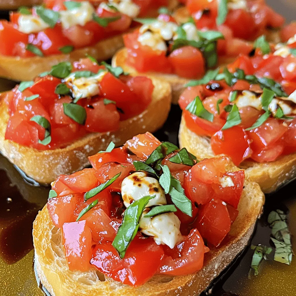 To make a great Tomato Basil Bruschetta, you need: - 6 ripe Roma tomatoes, diced - 1 cup fresh basil leaves, finely chopped - 2 cloves garlic, minced - 2 tablespoons balsamic vinegar - 3 tablespoons extra virgin olive oil - Salt and freshly ground black pepper to taste - 1 French baguette, sliced into 1/2 inch pieces These fresh ingredients will create a tasty base for your bruschetta. The ripe tomatoes and fresh basil give it a bright flavor. The garlic adds a nice kick, while the balsamic vinegar and olive oil bring it all together. You can add some extra ingredients for more taste: - 1/4 cup shredded mozzarella cheese for garnish This cheese is great if you like a creamy touch. It melts just enough when you serve the bruschetta warm. When picking tomatoes and basil, look for vibrant colors. Choose tomatoes that feel firm but not hard. They should have a sweet smell. For basil, select leaves that are bright green and free from brown spots. Fresh ingredients make a big difference in flavor. Always go for the best quality you can find. First, gather your ingredients. You need 6 ripe Roma tomatoes, 1 cup of fresh basil leaves, and 2 cloves of garlic. Dice the tomatoes into small pieces. Chop the basil leaves finely. Then, mince the garlic. In a medium mixing bowl, combine the diced tomatoes, chopped basil, and minced garlic. Next, drizzle 2 tablespoons of balsamic vinegar and 3 tablespoons of extra virgin olive oil over the mix. Now, season with salt and freshly ground black pepper to taste. Gently toss everything together. Make sure each ingredient is coated well. Let this mixture sit for about 15 minutes. This waiting time helps the flavors blend nicely. While your tomato mixture rests, it’s time to prepare the baguette. Preheat your oven to 375°F (190°C). Slice a French baguette into 1/2 inch pieces. Arrange the baguette slices on a baking sheet. Brush one side of each slice with olive oil. This step adds flavor and helps them toast well. Place the baking sheet in the oven. Toast the baguette slices for about 5-7 minutes. Watch them closely. You want them golden and crispy but not burnt. Once toasted, remove the baguette slices from the oven. Let them cool for a minute before adding the tomato mix. Now comes the fun part—assembly! Take your toasted baguette slices and spoon the tomato and basil mixture onto the toasted side. Be generous with the topping, as it adds a burst of flavor. If you like, sprinkle some shredded mozzarella cheese on top for extra creaminess. Serve the bruschetta right away. You can add extra basil leaves or a drizzle of balsamic vinegar for a nice touch. Enjoy your delicious and fresh appetizer! To make the best tomato basil mixture, use ripe Roma tomatoes. They are sweet and juicy. Dice them into small pieces for easy bites. Fresh basil adds bright flavor, so chop it finely. Minced garlic gives a nice kick. Combine these in a bowl. Drizzle balsamic vinegar and olive oil for depth. Add salt and pepper to taste. Mix gently and let it sit for 15 minutes. This resting time helps the flavors blend well. For toasting the bread, preheat your oven to 375°F (190°C). Slice a French baguette into 1/2 inch pieces. Brush one side with olive oil for a golden crust. Arrange the slices on a baking sheet. Bake for 5-7 minutes until crispy. Keep an eye on them to prevent burning. A perfectly toasted bread adds crunch and holds the topping well. Serve the bruschetta right after you assemble it. Spoon the tomato basil mixture generously on the toasted side. If you want extra flavor, sprinkle shredded mozzarella cheese on top. Garnish with more basil leaves for color. Drizzle some balsamic vinegar before serving for a fancy touch. This dish is best enjoyed fresh, sharing it with friends or family. {{image_2}} You can switch up your bruschetta with fun toppings. Try adding sliced avocados for a creamy twist. You can also use roasted peppers for a smoky flavor. If you love cheese, sprinkle some feta or goat cheese on top. These toppings add new tastes while keeping the fresh vibe. Feel free to adjust the recipe to fit your needs. For a vegan option, skip the cheese or use a plant-based cheese. If you want a gluten-free version, use gluten-free bread. You can also cut down on oil for a lighter dish or add more garlic for a punchy kick. The key is to keep the balance of flavors. Presentation makes a big difference! You can serve bruschetta on a large platter for sharing. Or, stack the toppings on small toast bites for a fun appetizer. Another idea is to serve the tomato mixture in a bowl with toasted bread on the side. This lets guests build their own bites. Each style adds a unique touch to your meal. To store leftover bruschetta, place it in an airtight container. Keep it in the fridge. Make sure to separate the tomato mixture from the toasted bread. The bread can get soggy if mixed. Store the tomato mix for up to two days. When you want to eat it again, reassemble the bruschetta. To reheat toasted baguette, use your oven. Preheat it to 350°F (175°C). Place the slices on a baking sheet. Heat for about 5 minutes until warm. You can also use a toaster oven for this. Avoid the microwave; it makes the bread chewy. Fresh tomatoes last about one week in the fridge. Basil leaves stay fresh for up to five days. Olive oil can last for a year if stored well. Balsamic vinegar keeps for several years. Garlic lasts about a month when stored cool and dry. Always check ingredients for freshness before use. Yes, you can prepare the tomato mixture ahead of time. Just mix the diced tomatoes, basil, garlic, balsamic vinegar, and olive oil. Store it in the fridge for up to a few hours. This lets the flavors blend well. However, do not toast the bread until you are ready to serve. Toasting the bread keeps it crispy and fresh. Roma tomatoes are the best choice for bruschetta. They are juicy but not too watery. Their firm texture holds up well on the bread. You can also use vine-ripened tomatoes for a sweeter taste. Always choose ripe, fresh tomatoes for the best flavor. To make bruschetta gluten-free, use gluten-free bread. Many stores sell good options now. Look for gluten-free baguettes or artisan bread. Follow the same steps for toasting and topping. You’ll still enjoy that great flavor without the gluten! To sum up, we explored how to make delicious Tomato Basil Bruschetta. We covered essential and optional ingredients, plus tips for selecting fresh produce. You learned step-by-step instructions for preparing the mixture, toasting the baguette, and assembling each bite. I shared tips for perfect flavors and serving ideas. We also looked at fun variations and how to store leftovers. With these tips, you can impress your family and friends. Enjoy your cooking adventure, and remember to experiment with new flavors!